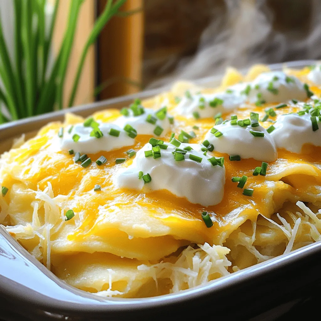 To make a delicious Crockpot Pierogi Casserole, you need simple ingredients. Here’s what you will need: - 1 package (16 oz) frozen pierogi (various fillings) - 1 medium onion, diced - 2 cups shredded potatoes - 1 cup sour cream - 1 cup shredded sharp cheddar cheese - 1 cup chicken or vegetable broth - 2 tablespoons olive oil - 1 teaspoon garlic powder - 1 teaspoon onion powder - Salt and pepper to taste - Fresh chives for garnish These ingredients combine to create a warm and filling dish. The frozen pierogi cut down on prep time. Choose your favorite filling, like potato and cheese or sauerkraut. The onion adds sweetness and flavor. Shredded potatoes give a great texture, while sour cream and cheddar cheese add creaminess. Using broth keeps everything moist while cooking. The olive oil helps the onions cook evenly. Garlic and onion powders boost the flavor, making every bite tasty. Finally, fresh chives add color and a light onion flavor when serving. For more detailed instructions, check out the full recipe. To start, we need to sauté the onions. Heat 2 tablespoons of olive oil in a medium skillet over medium heat. Add 1 diced onion to the pan. Stir it occasionally until it turns soft and clear, about 5-7 minutes. This step brings out the sweet flavor of the onion. Next, we will layer the pierogi and potatoes. Take half of the 16 oz package of frozen pierogi and place them at the bottom of the crockpot. Use your favorite filling, like potato and cheese. Then, sprinkle half of the 2 cups of shredded potatoes over the pierogi. Make sure they cover the pierogi well. Now, add half of the sautéed onions on top of the potatoes. Spoon half of the 1 cup of sour cream over this layer. Finally, sprinkle half of the 1 cup of shredded cheddar cheese on top. Repeat this layering with the rest of the ingredients for a great look and taste. For cooking, start by layering the casserole. After the last layer, carefully pour 1 cup of chicken or vegetable broth over everything. This will keep the casserole moist. Next, add your seasonings. Sprinkle with 1 teaspoon of garlic powder, 1 teaspoon of onion powder, and salt and pepper to taste. This adds nice flavors to the dish. Now, cover the crockpot and set it to cook. If using low heat, cook for 6-8 hours. If you are short on time, high heat works in 3-4 hours. You want the potatoes to be soft and the cheese to be bubbly. Once it's done, serve the casserole warm. A great way to present it is to scoop it into individual bowls directly from the crockpot. For a fresh touch, garnish each bowl with chopped chives. To balance the rich flavors of the casserole, consider pairing it with a side of crisp mixed greens or a light salad. This adds color and crunch to your meal. Enjoy your delicious Crockpot Pierogi Casserole! Choosing the right type of pierogi is key. I like using potato and cheese pierogi for this dish. They add a creamy texture and rich flavor. You can also try sauerkraut or meat-filled pierogi for a twist. When using frozen pierogi, you can cook them straight from the bag. If you use fresh pierogi, reduce the cooking time. Fresh pierogi only need about 4-5 hours on low. This keeps them tender and delicious. For proper cooling, let the casserole sit at room temperature first. Once cool, store it in an airtight container. This helps keep it fresh. You can keep it in the fridge for up to three days. Reheating is easy. I recommend using the microwave for quick meals. Heat in short bursts, stirring in between. This ensures even warming. If you want a crispy top, use the oven. Bake at 350°F for about 15-20 minutes. To boost flavor, try adding more seasonings. A dash of smoked paprika or a pinch of cayenne can add warmth. You can also mix in fresh herbs like dill or parsley for brightness. Feel free to incorporate other veggies or proteins too. Spinach, mushrooms, or bell peppers add color and nutrition. If you like meat, diced ham or cooked sausage can give it depth. {{image_4}} You can swap out the cheese in this dish. For a milder flavor, use mozzarella. For a sharper taste, try gouda or pepper jack. Each cheese brings a unique twist to the dish. If you want to add veggies, consider spinach, mushrooms, or bell peppers. These will not only add color but also boost nutrition. Just sauté any fresh vegetables before layering them into the casserole. It helps to enhance their flavor. For gluten-free options, choose gluten-free pierogi or make your own. Many stores now offer gluten-free varieties. Ensure your broth is also gluten-free, as some brands add gluten. If you prefer vegetarian or vegan adaptations, skip the meat-filled pierogi. Use vegetable broth instead of chicken broth. You can replace sour cream with a dairy-free yogurt. This keeps the creaminess while making it plant-based. To serve a large gathering, simply double the recipe. Use a larger crockpot, and adjust the cooking time if needed. Just make sure all layers are still visible for a nice look. If you want a smaller portion, cut the recipe in half. This works well for a cozy dinner or meal prep. Adjust the cooking time to suit the smaller size. The flavors will stay just as rich and delicious. For the full recipe, check out the detailed steps above. After you make this delicious casserole, let it cool. Place it in an airtight container. Keep it in the fridge. It stays fresh for about 3 to 5 days. - Use glass or plastic containers with tight lids. - Smaller containers are better for easy portions. If you want to save it for later, freezing works well. Cut the casserole into portions. Wrap each piece tightly in plastic wrap. Place them in a freezer bag. You can store it in the freezer for up to 3 months. - Thaw it overnight in the fridge before reheating. - To reheat, use the oven at 350°F for about 20-30 minutes or until heated through. The casserole lasts about 3 to 5 days in the fridge. If stored properly in the freezer, it can last up to 3 months. Always check for any signs of spoilage, like off smells or discoloration, before enjoying your leftovers. To make this dish, you start by sautéing diced onions in olive oil. This brings out their sweet flavor. Next, layer half of the frozen pierogi in your crockpot. Follow this with half of the shredded potatoes, onions, sour cream, and cheese. Repeat the layering with the remaining ingredients. Finally, pour broth over the layers and season. Cover the crockpot and cook on low for 6-8 hours or high for 3-4 hours. The result is a warm, cheesy goodness that fills the kitchen with a delightful aroma. For the full recipe, please refer to the instructions above. Yes, you can use fresh pierogi! They will cook faster than frozen ones. You should reduce the cooking time to about 4-6 hours on low or 2-3 hours on high. Fresh pierogi often have a softer texture, which makes them blend well in the casserole. Just remember to check them occasionally to avoid overcooking. I love to pair this casserole with a light salad or steamed veggies. A crisp green salad adds a fresh contrast. You can also serve it with applesauce or a dollop of sour cream on the side. These sides balance the richness of the casserole and make for a complete meal. You’ll know the casserole is done when the potatoes are tender and the cheese is melted. A good test is to poke a fork into the dish. If it goes in easily, it’s ready! The top should be bubbly and golden brown, which means it has cooked through properly. Enjoy the wonderful mix of flavors! This blog post covered how to make a tasty Crockpot Pierogi Casserole. You learned about the key ingredients, step-by-step instructions, and helpful tips. We explored variations, storage info, and answered common questions. In the end, cooking is fun and creative. Feel free to customize this dish to fit your taste. Enjoy your time in the kitchen, and make this recipe your own!