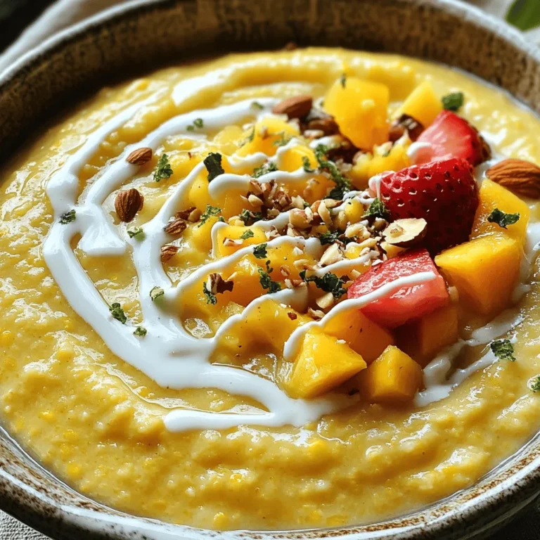 For this tasty dish, you need simple, fresh ingredients. Here’s what you will use: - 1 cup cornmeal - 4 cups water, divided - 1 cup coconut milk - 1/4 cup sugar (adjust to taste) - 1/2 teaspoon salt - 1 teaspoon vanilla extract - 1/2 teaspoon ground cinnamon - 1/2 teaspoon ground nutmeg These ingredients form the base of the porridge. The cornmeal gives it a lovely texture. Coconut milk adds a rich, creamy taste. The spices make it fragrant and inviting. You can add some fun extras to enhance the porridge. Consider using: - 1/4 cup raisins (for sweetness) Raisins soften as they cook, adding a pleasant burst of flavor. Feel free to skip them if you prefer a plain porridge. Toppings make your dish even better! Here are some ideas for delicious garnishes: - Fresh fruits, like bananas or mangoes - Nuts, such as almonds or walnuts Adding toppings not only makes it look beautiful but also gives extra crunch and flavor. Each bite can be a new surprise! For the full recipe, check the instructions to create this delightful breakfast. Start by boiling 3 cups of water in a medium saucepan. Use medium heat. While waiting for the water to boil, take another bowl. Combine 1 cup of cornmeal with 1 cup of water in that bowl. Stir until the mixture is smooth and lump-free. This is your cornmeal slurry. Getting it smooth is key for a creamy porridge. Once the water reaches a boil, slowly whisk in the cornmeal slurry. Keep whisking to avoid lumps. After you add the slurry, mix in coconut milk, sugar, salt, cinnamon, and nutmeg. Stir everything well. Let it come to a gentle boil again. Lower the heat and let it simmer for 15 to 20 minutes. Stir it often to stop it from sticking. This will help thicken it to your desired creaminess. If you like raisins, add them during the last few minutes. This makes them soft and sweet. After cooking, turn off the heat and stir in vanilla extract. This adds a lovely aroma. Let the porridge cool for a few minutes. When serving, ladle the creamy porridge into bowls. You can add fresh fruit or crunchy nuts on top. For an extra treat, drizzle a bit more coconut milk before serving. Enjoy your creamy Jamaican cornmeal porridge! For the full recipe, check out [Full Recipe]. To get that perfect creaminess in your cornmeal porridge, start with the right ratio of water to cornmeal. Use 4 cups of water for 1 cup of cornmeal. Mix your cornmeal with water before adding it to boiling water. This step helps prevent lumps. Stir continuously as the porridge cooks. This will keep it smooth and creamy. Let it simmer on low heat. This allows all the flavors to blend well. One common mistake is not whisking enough. If you stop whisking while adding the cornmeal, lumps can form. Another mistake is cooking on high heat. High heat can cause the porridge to stick and burn. Also, avoid skipping the salt. It enhances the flavor of your dish. Finally, don’t rush the cooking time. Let it simmer to reach the perfect thickness and creaminess. Spices can take your porridge to the next level. Ground cinnamon and nutmeg add warmth and depth. Use half a teaspoon of each for the best flavor. You can also experiment with vanilla extract. It adds a lovely aroma and sweetness. If you want extra sweetness, toss in some raisins. They will plump up and add a nice bite. For those who enjoy more flavor, consider adding a pinch of ginger or cardamom. These spices can give your dish a unique twist. {{image_4}} You can switch up the milk in your cornmeal porridge. Almond milk adds a nutty flavor. Oat milk makes it creamy and smooth. You can even try soy milk for a hearty taste. Each type of milk will give a unique twist to the dish. Feel free to mix and match based on what you have at home. Adding fruits or nuts can make your porridge even better. Sliced bananas or berries add sweetness and color. Chopped nuts, like almonds or walnuts, provide crunch and protein. You can also add dried fruits like raisins or cranberries. These extras make the dish more filling and fun to eat. This recipe is easy to make vegetarian or vegan. Use plant-based milk, like almond or oat milk. For sweetness, try maple syrup instead of sugar. If you want a richer taste, use coconut cream instead of coconut milk. These simple swaps keep the flavor while meeting your dietary needs. You can enjoy a tasty, creamy bowl no matter your preferences. For the full recipe, check out the provided link. To store your creamy Jamaican cornmeal porridge, let it cool first. Transfer it to an airtight container. This keeps the porridge fresh. Store it in the fridge for up to three days. If you want to enjoy it later, be sure to mark the date on the container. When you’re ready to enjoy the leftovers, you can easily reheat them. Place the porridge in a saucepan over low heat. Add a splash of water or coconut milk to help with the texture. Stir often to warm it evenly. You can also use a microwave. Heat in short bursts, stirring in between, until hot. If you want to freeze your porridge, it’s simple. Pour the cooled porridge into freezer-safe containers. Leave some space at the top for expansion. It can stay in the freezer for up to two months. To thaw, move it to the fridge overnight before reheating. This way, your creamy Jamaican cornmeal porridge stays tasty and ready to enjoy later. For the full recipe, check out the section above! Creamy Jamaican cornmeal porridge is rich in carbs, fiber, and healthy fats. It gives you energy to start your day. One serving typically has: - Calories: 250 - Protein: 4 grams - Fat: 5 grams - Carbs: 50 grams - Fiber: 4 grams The coconut milk adds healthy fats, while the cornmeal gives you fiber. This dish is filling and nutritious, perfect for breakfast. Yes, you can make this dish in advance. Cook the porridge and let it cool. Store it in an airtight container in the fridge. It will last for up to three days. When ready to eat, just reheat it with a splash of coconut milk or water. This way, it stays creamy and delicious. Absolutely! You can change a few ingredients to fit your taste or needs. Here are some ideas: - Use almond milk or oat milk instead of coconut milk. - Swap sugar for honey or maple syrup. - Add different spices like ginger or cardamom. Feel free to adjust the recipe based on what you have at home. Traditionally, serve creamy Jamaican cornmeal porridge with fresh fruits or nuts. Some popular choices include: - Slices of banana - Chopped mango - Toasted almonds You can also drizzle a little extra coconut milk on top. This adds creaminess and makes the dish even more tasty. If you want more sweetness, add a few raisins or a sprinkle of cinnamon. Enjoy your homemade delight! For the complete recipe, check the Full Recipe section above. Creamy Jamaican cornmeal porridge is easy and tasty. You learned about key ingredients, step-by-step cooking, and helpful tips. Variations allow for fun twists, while storage info keeps leftovers fresh. This dish fits many diets and preferences. I hope you feel ready to try this recipe. Enjoy making this warm, flavorful treat for yourself and others!
