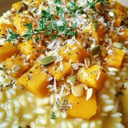 - 1 medium butternut squash, peeled and cubed - 1 cup Arborio rice - 1 medium onion, finely chopped - 2 garlic cloves, minced - 4 cups vegetable broth - 1/2 cup grated Parmesan cheese - 2 tablespoons olive oil - 1 tablespoon unsalted butter - Salt and pepper to taste - 1 teaspoon fresh thyme leaves (or 1/2 teaspoon dried thyme) - 1 tablespoon fresh lemon juice - Optional garnish: toasted pumpkin seeds and fresh parsley Gathering the right ingredients is key for a great butternut squash risotto. The butternut squash gives this dish its sweet flavor and creamy texture. Arborio rice is special; it absorbs flavors well and becomes soft and creamy. Onions and garlic pack a punch of flavor. They add depth when sautéed. The vegetable broth keeps the risotto creamy. I like to keep it warm for the best results. Parmesan cheese adds a nice, rich taste. It melts in and makes the risotto even creamier. Olive oil and unsalted butter help with cooking and flavor. Seasonings like salt and pepper are must-haves. Fresh thyme adds a nice touch, and lemon juice brightens the dish. For a fun finish, I like to add toasted pumpkin seeds and parsley on top. You can find the full recipe for this comforting dish and impress your family or friends. Start by warming your vegetable broth. Keeping it hot helps the rice cook evenly. If you use homemade broth, it often has more flavor. Store-bought broth works too. Just pick a low-sodium version. This way, you control the salt in your dish. For the squash, warm olive oil in a large skillet over medium heat. Add the cubed butternut squash and sprinkle with salt and pepper. Sauté for about 8-10 minutes. You want it tender and starting to caramelize. This adds a sweet, rich flavor to your risotto. Once done, remove it from the skillet and set it aside. In the same skillet, add more olive oil and some butter. When the butter melts, toss in chopped onion. Cook for about 5 minutes. Stir until the onion turns soft and translucent. Then add minced garlic for one more minute. This step builds your flavor base. Next, add the Arborio rice. Stir it for about 2 minutes to toast it. This gives the rice a great taste and helps it absorb the broth better. Now it’s time to add the broth. Use a ladle and pour in one ladle at a time. Stir often and let each addition soak into the rice before adding more. This process takes around 18-20 minutes. Keep stirring until the rice is al dente and creamy. This stirring is key to getting that perfect risotto texture. Once the rice is creamy, gently fold in your cooked butternut squash and grated Parmesan cheese. Stir in thyme and lemon juice for fresh flavor. Mix well to combine everything. Taste your risotto and adjust the salt and pepper as needed. To serve, let your risotto rest for a couple of minutes. This helps the flavors settle. For a beautiful presentation, serve it in shallow bowls. A drizzle of olive oil on top adds a nice touch. You can also sprinkle toasted pumpkin seeds and fresh parsley for added flavor and crunch. For a complete guide, check out the Full Recipe. 1. Overcooking the rice: Risotto should be creamy but not mushy. Cook it until the rice is al dente. This means it should have a slight bite to it. 2. Skipping the toasting step: Always toast the rice before adding broth. This boosts the flavor and helps the rice absorb the liquid better. - Suggestions for extra aromatics: Try adding shallots or leeks for a sweeter taste. Fresh herbs like rosemary or sage can also add depth. - Alternative cheese options: While Parmesan is classic, you can use Pecorino Romano or a sharp cheddar for a unique twist. Just keep in mind that it will change the flavor profile. - Stirring method for creaminess: Stir the risotto often while adding broth. This helps release the rice's starch, which creates that creamy texture we love. - Alternative cooking methods: If you're short on time, try oven-baked risotto. Combine your ingredients in a baking dish, add broth, and cook it in the oven. It saves you from constant stirring! By following these tips, you’ll create a butternut squash risotto that is both delicious and creamy. For the full recipe, check out the details above. {{image_4}} You can switch up the veggies in your butternut squash risotto. Try using asparagus or green peas. Both can add color and taste. You can also add proteins like chicken or shrimp for extra flavor. Just cook them separately and mix them in at the end. This makes the dish heartier and more filling. If you want a vegan risotto, skip the cheese and butter. Use olive oil and vegan cheese instead. You can also add more veggies to keep it tasty. For gluten-free options, make sure to use gluten-free vegetable broth. Arborio rice is naturally gluten-free, so you are good to go! Adding spices can make a big difference. Try a pinch of nutmeg or cayenne for a kick. You can also mix in fresh herbs, like basil or parsley, for more aroma. These small tweaks can take your risotto to the next level of flavor. If you want to explore more ideas, check the Full Recipe for suggestions! To store leftover butternut squash risotto, place it in an airtight container. This helps keep it fresh. Make sure to cool it down first to avoid steam buildup. Butternut squash risotto will last about three days in the fridge. If you want to freeze your risotto, use a freezer-safe container. Leave some space at the top for expansion. Risotto can last up to three months in the freezer. When you are ready to eat it, transfer it to the fridge overnight to thaw. To reheat butternut squash risotto, use a pot over low heat. Add a splash of broth or water to keep it creamy. Stir gently to avoid clumping. If it seems dry, add more liquid as needed. This helps maintain its smooth texture. Keep stirring until it is heated through. You can use Carnaroli or sushi rice. Both have a similar starchy quality. This helps create that creamy texture we all love. Just remember, the cooking time may vary slightly. Add more broth slowly while stirring. You can also mix in some cream or additional cheese at the end. This will boost the richness and flavor. Don't forget to keep stirring. It helps the rice release its starch. Yes, frozen butternut squash works well! Simply thaw it before use. You may need to cut down the cooking time slightly since it’s already cooked. Just make sure to sauté it until heated through. Yes, butternut squash risotto is gluten-free! Just check your broth and cheese for gluten content. Most vegetable broths are safe. Always read labels to be sure. In this blog post, I shared a complete guide to making butternut squash risotto. You learned about key ingredients, step-by-step instructions, and helpful tips. I covered variations for different diets and how to store leftovers properly. Remember, making risotto is all about patience and practice. Follow these tips, and you’ll create a creamy and flavorful dish. Enjoy experimenting with flavors and adjusting it to your taste! Every step in this process leads to a delicious meal that you can share.