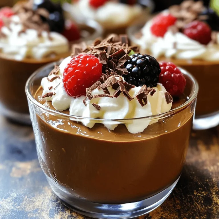 - 2 ripe avocados - 1/2 cup unsweetened cocoa powder - 1/4 cup maple syrup (or honey) - 1/4 cup almond milk To create a luscious chocolate avocado mousse, start with ripe avocados. They provide a creamy base that blends well with cocoa. The cocoa powder gives that rich chocolate flavor. Maple syrup or honey adds sweetness, balancing the taste. Almond milk helps to achieve the right consistency. - 1 teaspoon pure vanilla extract - Pinch of sea salt Adding pure vanilla extract enhances the flavor, making it more complex. A pinch of sea salt brings out the sweetness and chocolate notes. These flavor enhancers make a big difference in the final dish. - Lightly sweetened whipped coconut cream - Dark chocolate shavings - Fresh berries (raspberries, strawberries, blueberries) Toppings make the mousse even more delightful. Whipped coconut cream adds a light touch. Dark chocolate shavings give a rich finish and a hint of crunch. Fresh berries add color and freshness, making the dessert visually appealing. For the full recipe, check out the details provided. Enjoy making this creamy and delightful treat! To start, take your ripe avocados. Halve them and remove the pit. Use a spoon to scoop the creamy flesh into a blender. This step is key for a smooth mousse. Make sure you get all the green goodness out. Now, combine all ingredients in the blender. Add the cocoa powder, maple syrup, almond milk, vanilla, and sea salt. Blend until smooth. You want a rich and creamy texture. Stop and scrape down the sides as needed. This ensures everything mixes well. Once blended, taste the mousse. If it needs more sweetness, add a little maple syrup. Blend again briefly to mix. Next, spoon the mousse into serving bowls. Cover them and chill for at least 30 minutes. This helps the flavors come together nicely. Enjoy the creamy and delightful treat! To make your mousse smooth, blend thoroughly. This step avoids any lumps in your dessert. Use ripe avocados for the best creaminess. Ripe avocados have a richer flavor and a softer texture, making your mousse silky. The mousse's sweetness can vary based on your taste. If it’s not sweet enough, add more maple syrup or honey. Blend again briefly to mix in the sweetener. Always taste before serving to ensure it’s just right for you. For an elegant display, serve the mousse in small glasses. This adds a touch of class to your dessert. You can top each serving with whipped coconut cream, dark chocolate shavings, or fresh berries. These toppings not only look great but also enhance the flavor. {{image_4}} You can add a twist to your chocolate avocado mousse. A splash of coffee gives it a rich taste. Coffee enhances the deep chocolate flavor. Mint is another fun option. A drop of mint extract adds a refreshing kick. These simple changes make the mousse even more exciting. If you want to try different sweeteners, use agave syrup or stevia. Agave syrup is sweeter than maple syrup. It adds a nice touch without being too heavy. Stevia is great for a low-calorie option. It provides sweetness without extra sugar. Both options change the flavor a little, so feel free to experiment. For a dairy-free mousse, switch out the almond milk. Use coconut milk for a richer flavor. It adds creaminess and a hint of coconut. Oat milk is a great choice, too. It has a mild taste and works well. These options keep your mousse plant-based without losing taste or texture. You can keep the chocolate avocado mousse in the fridge for up to three days. To store it, cover each bowl or glass tightly with plastic wrap. This helps prevent the mousse from absorbing other smells in the fridge. If you see any browning on the top, just stir it back in. It will still taste great! Freezing the mousse is a good option if you want to keep it longer. You can freeze it for up to one month. Use an airtight container to avoid freezer burn. To thaw, place it in the fridge overnight. Do not microwave it, as that can change the texture. Once thawed, give it a quick stir to bring back its creaminess. Got leftover mousse? You can get creative! Use it as a filling for cakes or cupcakes. Spread it between layers of a chocolate cake for an extra treat. You can also spoon it over pancakes or waffles for a fun breakfast twist. Another idea is to layer it in a parfait with yogurt and granola for a tasty dessert. Enjoy the mousse in new ways! For more detailed steps, check out the Full Recipe. You will not taste the avocado in the mousse. The cocoa powder masks the flavor well. Instead, you will enjoy a rich, chocolatey dessert. The creaminess from the avocado helps create a smooth texture. This mousse feels light yet satisfying on your palate. Yes, this recipe is quite healthy! Avocados are full of good fats, fiber, and vitamins. They help keep your heart healthy. Cocoa powder is high in antioxidants. Using maple syrup or honey adds sweetness without refined sugar. This mousse offers a tasty way to enjoy nutritious ingredients. If you need a cocoa powder substitute, try carob powder. It has a similar taste, but it is caffeine-free. You can also use dark chocolate. Just melt it and blend it into the mousse. Another option is to use a flavored protein powder for a different twist. This blog post detailed a simple, healthy chocolate mousse recipe using avocados. You learned about the key ingredients, step-by-step instructions, and tips for the best texture. We explored variations and storage options to keep your mousse fresh. This dessert is not only tasty but also versatile. Experiment with flavors and toppings. Enjoy making and sharing this fun recipe with friends or family. It’s a great way to treat yourself while keeping it healthy.