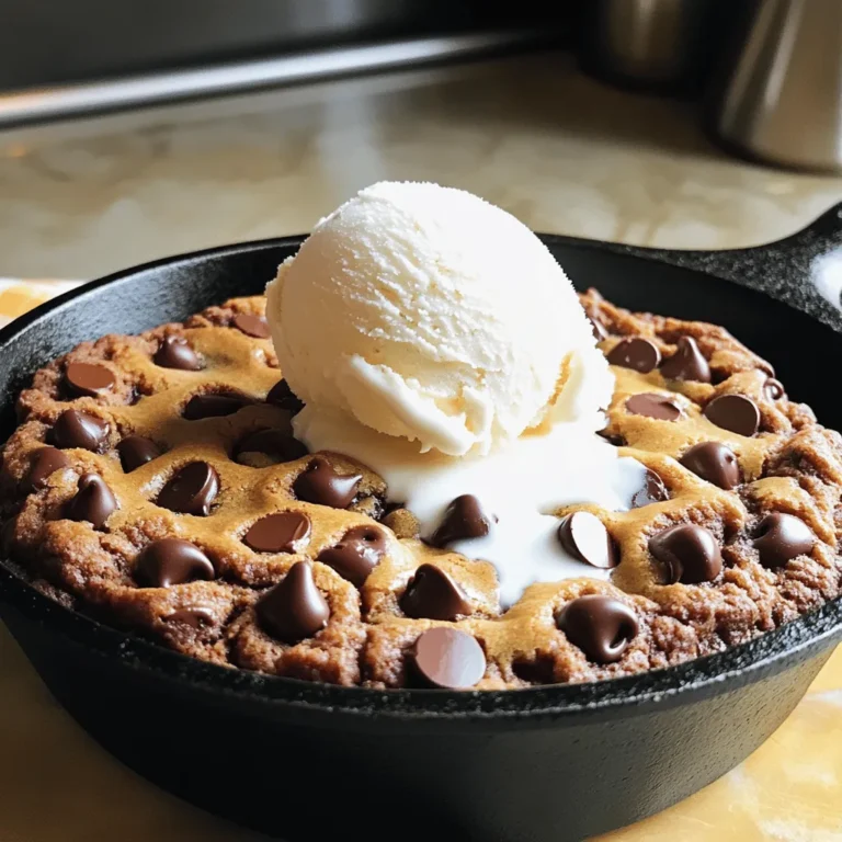 - 1 cup unsalted butter, softened to room temperature - 3/4 cup packed brown sugar - 1/2 cup granulated sugar - 2 large eggs, at room temperature - 2 teaspoons pure vanilla extract - 2 1/4 cups all-purpose flour - 1 teaspoon baking soda - 1/2 teaspoon fine sea salt - 1 cup semi-sweet chocolate chips - 1/2 cup chopped nuts (walnuts or pecans are optional) - Ice cream (for serving, optional but great) Each ingredient plays an important role in making your skillet cookie perfect. The butter gives it that rich, creamy flavor. When using room temperature butter, it mixes well with sugars to create a fluffy texture. The eggs also need to be at room temperature. They help the dough rise and create a chewy center. If you have nut allergies, you can skip the nuts. You can also use dairy-free butter and egg substitutes for dietary restrictions. This way, everyone can enjoy this delicious dessert! For the full recipe, check out the complete instructions. 1. Start by prepping your skillet. I like using a cast-iron skillet for this recipe. Grease the skillet lightly with butter or cooking spray to keep the cookie from sticking. 2. Next, mix your wet ingredients. In a large bowl, combine 1 cup of softened butter, 3/4 cup of brown sugar, and 1/2 cup of granulated sugar. Use an electric mixer to blend them until they are fluffy. 3. Add the eggs, one at a time. Mix well after each egg. This step makes your cookie soft and rich. Then, pour in 2 teaspoons of vanilla extract and mix until it is combined. 4. For the dry ingredients, take another bowl. Whisk together 2 1/4 cups of all-purpose flour, 1 teaspoon of baking soda, and 1/2 teaspoon of sea salt. This mix is key for a balanced flavor. 5. Gradually add the dry mix to the wet ingredients. Stir gently until just combined. Avoid over-mixing; you want a soft dough. 6. Now, fold in 1 cup of semi-sweet chocolate chips and 1/2 cup of chopped nuts if you want. Use a spatula to keep the dough airy and light. - Preheat your oven to 350°F (175°C). This temperature helps bake the cookie evenly. - Pour your dough into the prepared skillet, spreading it out evenly. Bake for about 25 to 30 minutes. Keep an eye on your cookie. It should have golden edges and a soft center. - To check for doneness, insert a toothpick into the center. If it comes out with a few moist crumbs, it’s done. If it’s wet, bake it a bit longer. Let it cool for a few minutes before serving. For the full recipe, refer to the provided instructions to enjoy this delicious treat! To get that chewy center, there are a few key tips to follow. First, do not overmix your dough. Mix just until the dry and wet ingredients combine. Overmixing can lead to a tough cookie. Also, use softened butter. This helps create a rich, creamy texture. Chill your dough for about 30 minutes before baking. Chilling helps control spreading, giving you that perfect cookie shape. Common mistakes often come from oven temperature and baking time. Always preheat your oven to 350°F (175°C). An oven that is too hot will burn the edges. If your cookie skillet looks golden brown around the edges, it’s time to check for doneness. The center should still look slightly soft. It will firm up as it cools. Serving your cookie skillet can be just as fun as making it! I love to add a scoop of vanilla ice cream right on top. The warm cookie and the cold ice cream create a delightful contrast. You can also drizzle caramel or chocolate sauce over the top. For extra crunch, sprinkle some toasted nuts or crushed cookies. Pair your cookie skillet with a cold glass of milk or a warm cup of coffee. Both drinks complement the sweet flavors well. If you're feeling adventurous, try serving it alongside a slice of fruit pie. The flavors blend nicely and create a special dessert experience. For more ideas, check out the [Full Recipe] and explore different toppings! {{image_4}} You can have fun with flavors in your chocolate chip cookie skillet. Here are some ideas: - Different Chocolates: Use dark, milk, or white chocolate chips for a twist. - Fruits: Add chopped nuts or dried fruits like cranberries or cherries. - Seasonal Flavors: For fall, mix in pumpkin spice. In winter, try peppermint extract. These changes can keep your skillet cookie exciting every time you bake it. Making this dessert fit your diet is easy. Here’s how: - Gluten-Free: Swap all-purpose flour for a gluten-free blend. - Vegan: Use coconut oil instead of butter and flax eggs instead of real eggs. - Sweetener Options: Try using coconut sugar or a low-calorie sweetener instead. These swaps help you enjoy this treat without worry. For the full recipe, check out the complete guide. After you enjoy your chocolate chip cookie skillet, let it cool down. This is key to keeping it fresh. Place it in an airtight container. If you don’t have one, cover it tightly with plastic wrap. Store it in the fridge for up to five days. When you want to enjoy it again, you can reheat it. Just slice a piece and pop it in the microwave for about 20 seconds. This will give you that warm, gooey goodness once more. If you want to keep your cookie skillet longer, freezing is a great option. First, let the skillet cool completely. Then, cut it into pieces. Wrap each piece tightly in plastic wrap. Place all the wrapped pieces in a freezer-safe bag. This helps prevent freezer burn. You can freeze it for up to three months. When you’re ready to eat, take a piece out and leave it in the fridge overnight to thaw. Once it’s thawed, reheat it in the microwave for about 30 seconds. Enjoy that fresh-baked taste again! How do I prevent my skillet cookie from burning? To stop your skillet cookie from burning, watch the time closely. Bake it for about 25-30 minutes. The edges should be golden brown while the center stays soft. If it looks too brown, you can cover it with foil. Can I use a different type of skillet? Yes, you can use other oven-safe skillets like stainless steel or ceramic. Just make sure they can handle high heat. Cast iron is best for even baking, but other types work too. What can I substitute for eggs in the recipe? You can use applesauce or mashed bananas as egg substitutes. Use 1/4 cup of either for each egg. Flaxseed meal mixed with water also works well. Mix 1 tablespoon of flaxseed with 2.5 tablespoons of water and let it sit for a few minutes. How long does a chocolate chip cookie skillet last? Your skillet cookie can last up to three days if stored properly. Keep it in an airtight container at room temperature. You can also refrigerate it for longer freshness. Can I make this recipe ahead of time? Yes, you can prepare the dough ahead of time. Chill it in the fridge for up to 24 hours. When you're ready, let it sit at room temp for a bit before baking. What’s the best way to serve this dessert warm? Serve it straight from the oven for the best taste. Add a scoop of ice cream on top for a warm and cold mix. You can also drizzle chocolate sauce over it for extra fun. Where can I buy pre-made cookie skillets? You can find pre-made cookie skillets at some grocery stores or online. Check your local bakery for fresh options. Many stores sell them frozen, which you can bake at home. In this blog post, we explored how to make a delicious chocolate chip cookie skillet. We discussed key ingredients, the importance of room temperature butter and eggs, and how to adjust for dietary needs. I provided step-by-step instructions, baking tips, and serving suggestions to help you succeed. Remember, perfecting your cookie skillet takes practice, but with the right techniques and ideas, you can create a fun dessert for any occasion. Enjoy experimenting with flavors and share this treat with family and friends!