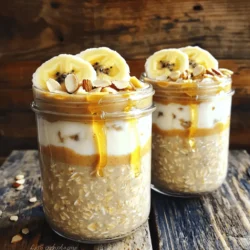 - 1 cup rolled oats - 2 cups almond milk (or any milk of your choice) - 2 ripe bananas (one sliced and one mashed) - 1/4 cup peanut butter (choose between smooth or crunchy for texture) - 2 tablespoons honey or maple syrup (optional, depending on your desired sweetness) - 1/2 teaspoon ground cinnamon - 1 tablespoon chia seeds (optional, for a nutritious crunch) - Pinch of sea salt - Toppings: sliced almonds, additional banana slices, cocoa nibs, or granola When making peanut butter banana overnight oats, you need simple, fresh ingredients. Rolled oats form the base. They are hearty and absorb flavors well. Almond milk adds creaminess. You can swap it for any milk you enjoy. I prefer almond milk for its light taste. Ripe bananas bring sweetness and a creamy texture. I always mash one banana into the mix. It makes the oats taste great. Slicing another banana adds a nice look and extra flavor on top. Peanut butter gives a rich, nutty taste. Choose between smooth or crunchy based on your liking. I love crunchy peanut butter for the texture. If you want a bit of sweetness, add honey or maple syrup. This step is optional; adjust it to your taste. Ground cinnamon adds warmth and depth. A little pinch of sea salt brightens all the flavors. Chia seeds are optional, but they add a nice crunch and are good for you. For toppings, think about sliced almonds, more banana slices, or even cocoa nibs for a fun twist. Granola also adds great crunch. With these ingredients, you create a delicious breakfast that is easy and fun to make. Check out the Full Recipe for more details! Step 1: Mixing the base ingredients Start by gathering your ingredients. In a medium bowl, mix 1 cup of rolled oats, 2 cups of almond milk, 1/4 cup of peanut butter, and 2 ripe bananas (one mashed). If you want it sweeter, add 2 tablespoons of honey or maple syrup. Include 1/2 teaspoon of ground cinnamon and a pinch of sea salt. Stir well until everything is combined. Step 2: Portioning the oatmeal mixture Next, take the oatmeal mixture and divide it into jars or bowls. Fill them about two-thirds full. This gives the oats room to soak up the milk without overflowing. Step 3: Adding bananas for flavor Slice the second banana and place the slices on top of each jar. This adds a burst of banana flavor and looks great too! Step 4: Sealing and refrigerating overnight Cover the jars with lids or plastic wrap. Put them in the fridge overnight. Letting the oats sit allows them to absorb the liquid and flavors. Aim for at least 4 hours if you’re short on time. Step 5: Final mixing before serving In the morning, take the jars out and stir the oats. If they seem too thick, add a splash of milk to reach your desired texture. Mix well to combine all the yummy flavors. Step 6: Adding toppings for enhanced flavor Now for the fun part! Before serving, top your oats with sliced almonds, more banana slices, or granola. You can also drizzle on some honey or sprinkle cocoa nibs for extra crunch. These toppings make your breakfast look and taste even better. For the complete recipe, check out the [Full Recipe]. Enjoy making your Peanut Butter Banana Overnight Oats! To get the best texture, aim for a creamy mixture. Mix your rolled oats with enough liquid. Too little will make it dry, while too much will turn it into soup. I suggest using two cups of almond milk for every cup of oats. You can use different types of milk. Almond, soy, or oat milk all work well. Each will change the flavor a bit. Try them all to find your favorite. Adding natural sweeteners can enhance the taste. If you like it sweet, use honey or maple syrup. Start with two tablespoons and adjust to your liking. Serving matters too! Use clear glass jars to show off those lovely layers. You can also sprinkle cinnamon on top for a pop of color. For garnishing, think about adding sliced almonds or extra banana slices. Add a few cocoa nibs for a crunchy touch. These small details make your dish look and taste great. Prepping in batches saves time. Make several jars at once for busy mornings. You can store them in the fridge for up to five days. Just grab a jar, and you’re ready to go. Consider mixing different flavors. You can make one jar with chocolate and another with berries. This way, you'll have a fun variety to enjoy all week. For the full recipe, check out the Peanut Butter Banana Bliss Overnight Oats. {{image_4}} You can switch up the taste of your Peanut Butter Banana Overnight Oats in fun ways. - Different nut butters: Try almond, cashew, or sunflower seed butter. Each one adds a unique twist. - Adding fruits or berries: Toss in strawberries, blueberries, or apples for extra flavor and nutrients. - Using different spices: Cinnamon is great, but you can also use nutmeg or cocoa powder for a new taste. Making your overnight oats fit your diet is easy. - Vegan adaptations: Use maple syrup instead of honey. Replace regular milk with almond or oat milk. - Gluten-free alternatives: Choose certified gluten-free rolled oats. This way, you can enjoy them without worry. Incorporating seasonal fruits or spices can make your oats exciting year-round. - Spring: Add fresh strawberries and a touch of mint for a refreshing taste. - Summer: Mix in peaches or blueberries for a sweet summer treat. - Fall: Use pumpkin puree and pumpkin spice for a cozy autumn flavor. - Winter: Add chopped apples and a sprinkle of cinnamon for warmth. These variations keep your breakfast interesting and help you enjoy this dish through every season. For the complete recipe, check out the [Full Recipe]. Overnight oats can last up to five days in the fridge. This means you can make them ahead of time. Store them in jars or bowls and enjoy them all week. Just check for freshness before eating. Use airtight jars or bowls for the best storage. Mason jars work great for this. They keep the oats fresh and allow for easy serving. If you don’t have jars, any bowl with a lid will do. You can enjoy your oats cold or warm them up. If you like them warm, microwave for about 30 seconds. Stir well and check the temperature. If it’s too thick, add a splash of milk. Enjoy your oats just the way you like! For full details, check the Full Recipe. How long can you keep overnight oats in the fridge? You can keep overnight oats in the fridge for up to five days. This makes them great for meal prep. Just remember to store them in a sealed container. Can you substitute the peanut butter? Yes, you can use any nut butter you like. Almond butter or sunflower seed butter works well, too. Just choose what you enjoy most. Is it necessary to refrigerate overnight oats? Yes, refrigeration is key. It helps the oats absorb the liquid. This makes them creamy and delicious. What’s the best way to customize the recipe? You can add different fruits, nuts, or seeds. Try berries, apples, or even chocolate chips for a sweet twist. Mix in your favorite spices, too. How can I make this recipe nut-free? To make this nut-free, swap peanut butter with sunflower seed butter. Use oat milk or soy milk instead of almond milk. You can still enjoy this tasty breakfast! For the complete recipe, check out the Full Recipe section above. In this blog post, we covered all you need for delicious overnight oats. We looked at the key ingredients like oats, bananas, and peanut butter. I shared easy steps to mix, refrigerate, and serve them. There are also tips for the right texture and fun presentation ideas. Consider variations to keep things fresh. Remember, these oats store well and can fit any diet. Enjoy your tasty breakfast! With these tips, you can make perfect overnight oats every time. Happy cooking!