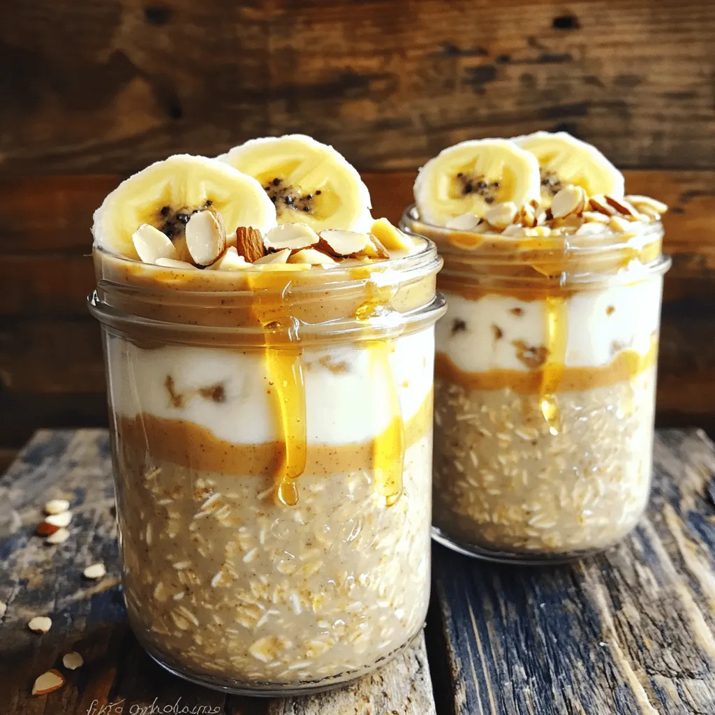 - 1 cup rolled oats - 2 cups almond milk (or any milk of your choice) - 2 ripe bananas (one sliced and one mashed) - 1/4 cup peanut butter (choose between smooth or crunchy for texture) - 2 tablespoons honey or maple syrup (optional, depending on your desired sweetness) - 1/2 teaspoon ground cinnamon - 1 tablespoon chia seeds (optional, for a nutritious crunch) - Pinch of sea salt - Toppings: sliced almonds, additional banana slices, cocoa nibs, or granola When making peanut butter banana overnight oats, you need simple, fresh ingredients. Rolled oats form the base. They are hearty and absorb flavors well. Almond milk adds creaminess. You can swap it for any milk you enjoy. I prefer almond milk for its light taste. Ripe bananas bring sweetness and a creamy texture. I always mash one banana into the mix. It makes the oats taste great. Slicing another banana adds a nice look and extra flavor on top. Peanut butter gives a rich, nutty taste. Choose between smooth or crunchy based on your liking. I love crunchy peanut butter for the texture. If you want a bit of sweetness, add honey or maple syrup. This step is optional; adjust it to your taste. Ground cinnamon adds warmth and depth. A little pinch of sea salt brightens all the flavors. Chia seeds are optional, but they add a nice crunch and are good for you. For toppings, think about sliced almonds, more banana slices, or even cocoa nibs for a fun twist. Granola also adds great crunch. With these ingredients, you create a delicious breakfast that is easy and fun to make. Check out the Full Recipe for more details! Step 1: Mixing the base ingredients Start by gathering your ingredients. In a medium bowl, mix 1 cup of rolled oats, 2 cups of almond milk, 1/4 cup of peanut butter, and 2 ripe bananas (one mashed). If you want it sweeter, add 2 tablespoons of honey or maple syrup. Include 1/2 teaspoon of ground cinnamon and a pinch of sea salt. Stir well until everything is combined. Step 2: Portioning the oatmeal mixture Next, take the oatmeal mixture and divide it into jars or bowls. Fill them about two-thirds full. This gives the oats room to soak up the milk without overflowing. Step 3: Adding bananas for flavor Slice the second banana and place the slices on top of each jar. This adds a burst of banana flavor and looks great too! Step 4: Sealing and refrigerating overnight Cover the jars with lids or plastic wrap. Put them in the fridge overnight. Letting the oats sit allows them to absorb the liquid and flavors. Aim for at least 4 hours if you’re short on time. Step 5: Final mixing before serving In the morning, take the jars out and stir the oats. If they seem too thick, add a splash of milk to reach your desired texture. Mix well to combine all the yummy flavors. Step 6: Adding toppings for enhanced flavor Now for the fun part! Before serving, top your oats with sliced almonds, more banana slices, or granola. You can also drizzle on some honey or sprinkle cocoa nibs for extra crunch. These toppings make your breakfast look and taste even better. For the complete recipe, check out the [Full Recipe]. Enjoy making your Peanut Butter Banana Overnight Oats! To get the best texture, aim for a creamy mixture. Mix your rolled oats with enough liquid. Too little will make it dry, while too much will turn it into soup. I suggest using two cups of almond milk for every cup of oats. You can use different types of milk. Almond, soy, or oat milk all work well. Each will change the flavor a bit. Try them all to find your favorite. Adding natural sweeteners can enhance the taste. If you like it sweet, use honey or maple syrup. Start with two tablespoons and adjust to your liking. Serving matters too! Use clear glass jars to show off those lovely layers. You can also sprinkle cinnamon on top for a pop of color. For garnishing, think about adding sliced almonds or extra banana slices. Add a few cocoa nibs for a crunchy touch. These small details make your dish look and taste great. Prepping in batches saves time. Make several jars at once for busy mornings. You can store them in the fridge for up to five days. Just grab a jar, and you’re ready to go. Consider mixing different flavors. You can make one jar with chocolate and another with berries. This way, you'll have a fun variety to enjoy all week. For the full recipe, check out the Peanut Butter Banana Bliss Overnight Oats. {{image_4}} You can switch up the taste of your Peanut Butter Banana Overnight Oats in fun ways. - Different nut butters: Try almond, cashew, or sunflower seed butter. Each one adds a unique twist. - Adding fruits or berries: Toss in strawberries, blueberries, or apples for extra flavor and nutrients. - Using different spices: Cinnamon is great, but you can also use nutmeg or cocoa powder for a new taste. Making your overnight oats fit your diet is easy. - Vegan adaptations: Use maple syrup instead of honey. Replace regular milk with almond or oat milk. - Gluten-free alternatives: Choose certified gluten-free rolled oats. This way, you can enjoy them without worry. Incorporating seasonal fruits or spices can make your oats exciting year-round. - Spring: Add fresh strawberries and a touch of mint for a refreshing taste. - Summer: Mix in peaches or blueberries for a sweet summer treat. - Fall: Use pumpkin puree and pumpkin spice for a cozy autumn flavor. - Winter: Add chopped apples and a sprinkle of cinnamon for warmth. These variations keep your breakfast interesting and help you enjoy this dish through every season. For the complete recipe, check out the [Full Recipe]. Overnight oats can last up to five days in the fridge. This means you can make them ahead of time. Store them in jars or bowls and enjoy them all week. Just check for freshness before eating. Use airtight jars or bowls for the best storage. Mason jars work great for this. They keep the oats fresh and allow for easy serving. If you don’t have jars, any bowl with a lid will do. You can enjoy your oats cold or warm them up. If you like them warm, microwave for about 30 seconds. Stir well and check the temperature. If it’s too thick, add a splash of milk. Enjoy your oats just the way you like! For full details, check the Full Recipe. How long can you keep overnight oats in the fridge? You can keep overnight oats in the fridge for up to five days. This makes them great for meal prep. Just remember to store them in a sealed container. Can you substitute the peanut butter? Yes, you can use any nut butter you like. Almond butter or sunflower seed butter works well, too. Just choose what you enjoy most. Is it necessary to refrigerate overnight oats? Yes, refrigeration is key. It helps the oats absorb the liquid. This makes them creamy and delicious. What’s the best way to customize the recipe? You can add different fruits, nuts, or seeds. Try berries, apples, or even chocolate chips for a sweet twist. Mix in your favorite spices, too. How can I make this recipe nut-free? To make this nut-free, swap peanut butter with sunflower seed butter. Use oat milk or soy milk instead of almond milk. You can still enjoy this tasty breakfast! For the complete recipe, check out the Full Recipe section above. In this blog post, we covered all you need for delicious overnight oats. We looked at the key ingredients like oats, bananas, and peanut butter. I shared easy steps to mix, refrigerate, and serve them. There are also tips for the right texture and fun presentation ideas. Consider variations to keep things fresh. Remember, these oats store well and can fit any diet. Enjoy your tasty breakfast! With these tips, you can make perfect overnight oats every time. Happy cooking!
