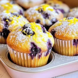 To make these amazing lemon blueberry muffins, gather the following ingredients: - 2 cups all-purpose flour - 1 cup granulated sugar - 2 teaspoons baking powder - ½ teaspoon baking soda - ½ teaspoon salt - 1 cup buttermilk - ½ cup unsalted butter, melted and cooled - 2 large eggs - Zest of 2 lemons - 2 tablespoons fresh lemon juice - 1 teaspoon vanilla extract - 1 ½ cups fresh blueberries - Optional: powdered sugar for dusting If you need to change any ingredients, here are some easy swaps: - For buttermilk, mix 1 cup of milk with 1 tablespoon of vinegar. Let it sit for 5 minutes. - You can use frozen blueberries if fresh ones are not available. Just add them straight to the batter without thawing. - If you want to cut sugar, use ¾ cup of sugar instead of 1 cup. You can enhance the taste with these extras: - Add a teaspoon of almond extract for a nutty flavor. - Mix in a handful of chopped nuts, like walnuts or almonds, for crunch. - For a sweeter treat, sprinkle a bit of cinnamon into the batter. This recipe is simple and fun to make. I love how the fresh lemon zest and blueberries blend so well. For the full recipe, check the detailed instructions that follow! To make lemon blueberry muffins, start by gathering your tools and ingredients. You need a muffin tin, mixing bowls, and a whisk. Preheat your oven to 375°F (190°C). Line your muffin tin with paper liners or spray it lightly with cooking spray. This helps prevent sticking. In a large bowl, whisk together the dry ingredients. Combine 2 cups of all-purpose flour, 1 cup of granulated sugar, 2 teaspoons of baking powder, ½ teaspoon of baking soda, and ½ teaspoon of salt. Mix these well. This step is key for even flavor and texture in your muffins. In another bowl, mix the wet ingredients. Combine 1 cup of buttermilk, ½ cup of melted butter, 2 large eggs, the zest of 2 lemons, 2 tablespoons of fresh lemon juice, and 1 teaspoon of vanilla extract. Whisk until smooth. This mixture adds moisture and flavor to your muffins. Now, gently fold in the blueberries. Use 1 ½ cups of fresh blueberries, but frozen ones work too. Be careful not to break them. This step adds bursts of flavor in each bite. You want the blueberries evenly spread without mashing them. Fill each muffin cup about two-thirds full with batter using a spoon or an ice cream scoop. Bake in the oven for 18 to 20 minutes. To check if they are done, insert a toothpick in the center. If it comes out clean, they are ready. Let the muffins cool in the tin for 5 minutes before moving them to a wire rack. This cooling time helps keep them fluffy. For a sweet touch, sprinkle powdered sugar on top just before serving. Enjoy your lemon blueberry muffins! For the full recipe, check the details above. To get a great muffin texture, mix the dry and wet ingredients gently. Overmixing makes muffins dense. I prefer to see a few lumps in the batter. This keeps them light and fluffy. Also, use room temperature ingredients when you can. Room temperature buttermilk and eggs mix in better. One common mistake is not measuring ingredients correctly. Use a kitchen scale for accuracy. Another mistake is baking at the wrong temperature. Always preheat your oven. If the oven is too hot, muffins can burn on the outside and stay raw inside. Lastly, do not open the oven door too early. This can cause the muffins to sink. For a bright, zesty flavor, use fresh lemons. Grate the zest with a microplane for the best results. Add more lemon juice if you want extra tang. I also like to fold in some lemon zest into the batter. This gives every bite a punch of lemon flavor. For that extra kick, try adding a pinch of lemon zest on top before baking. {{image_4}} You can switch up the blueberries for other fruits. Try raspberries, strawberries, or blackberries. Each fruit adds its own flavor. For a tropical twist, use diced pineapple or mango. Adjust the amount of sugar based on the fruit's sweetness. This keeps your muffins tasty and fresh. If you need gluten-free muffins, use a 1:1 gluten-free flour blend. Ensure it has xanthan gum for the best texture. You might notice a slight change in flavor, but the muffins will still be delicious. Always check labels to make sure your ingredients are gluten-free. To make these muffins vegan, replace eggs with flax eggs. Mix one tablespoon of flaxseed meal with three tablespoons of water for each egg. Use almond milk or oat milk instead of buttermilk. Swap melted butter for coconut oil or vegan butter. These changes help keep the flavor rich and satisfying. Explore the [Full Recipe] for additional details on making these lemon blueberry muffins! To keep your lemon blueberry muffins fresh, store them in an airtight container. This prevents them from drying out. You can place wax paper between layers to avoid sticking. Muffins stay good at room temperature for about 2 days. If you need them to last longer, refrigeration is a great option. Just remember, cold muffins may lose some softness. Freezing your muffins is simple and effective. First, let them cool completely. Then, wrap each muffin in plastic wrap. For extra protection, place the wrapped muffins in a freezer bag. Try to remove as much air as possible. They can stay in the freezer for up to 3 months. When you’re ready to enjoy them, just thaw in the fridge overnight. To reheat your muffins, preheat your oven to 350°F (175°C). Place the muffins on a baking sheet. Heat them for about 10 minutes. This restores their soft texture and warm flavor. If you prefer, you can also use a microwave. Just heat for 15-20 seconds. Be careful not to overheat, or they can become tough. Enjoy your muffins warm for the best taste! Yes, you can use frozen blueberries! They work great in this recipe. Just fold them in gently to avoid breaking them apart. Frozen blueberries may make the batter a bit wetter, so adjust baking time if needed. To change the sweetness, you can add or reduce the sugar. Try using less sugar if you prefer less sweetness. If you want sweeter muffins, increase the sugar by a few tablespoons. Taste the batter before baking to ensure it’s just right for you. To help muffins rise, use fresh baking powder. Make sure your oven is preheated. Fill the muffin cups only two-thirds full; this gives them room to grow. Avoid overmixing the batter, as this can lead to dense muffins instead of light ones. You can store these muffins for up to three days at room temperature. Keep them in an airtight container to maintain freshness. If you want to keep them longer, consider freezing them for up to three months. These muffins pair well with a hot cup of tea or coffee. You can also serve them with yogurt or cream cheese for added flavor. Fresh fruit, like more blueberries or sliced lemons, makes a lovely side too. For the full recipe, check out the details above. This guide covers everything you need for perfect Lemon Blueberry Muffins. We looked at the key ingredients, provided step-by-step instructions, and shared helpful tips. I also offered variations for different diets, plus storage tips to keep your muffins fresh. Enjoy your baking journey. With the right ingredients and techniques, you will create tasty muffins every time. Happy baking!