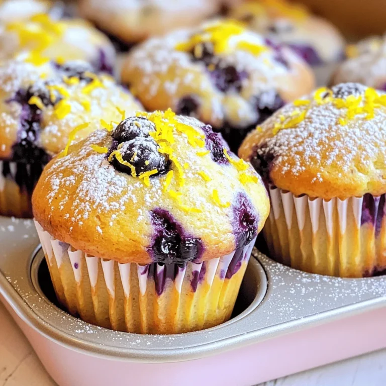 To make these amazing lemon blueberry muffins, gather the following ingredients: - 2 cups all-purpose flour - 1 cup granulated sugar - 2 teaspoons baking powder - ½ teaspoon baking soda - ½ teaspoon salt - 1 cup buttermilk - ½ cup unsalted butter, melted and cooled - 2 large eggs - Zest of 2 lemons - 2 tablespoons fresh lemon juice - 1 teaspoon vanilla extract - 1 ½ cups fresh blueberries - Optional: powdered sugar for dusting If you need to change any ingredients, here are some easy swaps: - For buttermilk, mix 1 cup of milk with 1 tablespoon of vinegar. Let it sit for 5 minutes. - You can use frozen blueberries if fresh ones are not available. Just add them straight to the batter without thawing. - If you want to cut sugar, use ¾ cup of sugar instead of 1 cup. You can enhance the taste with these extras: - Add a teaspoon of almond extract for a nutty flavor. - Mix in a handful of chopped nuts, like walnuts or almonds, for crunch. - For a sweeter treat, sprinkle a bit of cinnamon into the batter. This recipe is simple and fun to make. I love how the fresh lemon zest and blueberries blend so well. For the full recipe, check the detailed instructions that follow! To make lemon blueberry muffins, start by gathering your tools and ingredients. You need a muffin tin, mixing bowls, and a whisk. Preheat your oven to 375°F (190°C). Line your muffin tin with paper liners or spray it lightly with cooking spray. This helps prevent sticking. In a large bowl, whisk together the dry ingredients. Combine 2 cups of all-purpose flour, 1 cup of granulated sugar, 2 teaspoons of baking powder, ½ teaspoon of baking soda, and ½ teaspoon of salt. Mix these well. This step is key for even flavor and texture in your muffins. In another bowl, mix the wet ingredients. Combine 1 cup of buttermilk, ½ cup of melted butter, 2 large eggs, the zest of 2 lemons, 2 tablespoons of fresh lemon juice, and 1 teaspoon of vanilla extract. Whisk until smooth. This mixture adds moisture and flavor to your muffins. Now, gently fold in the blueberries. Use 1 ½ cups of fresh blueberries, but frozen ones work too. Be careful not to break them. This step adds bursts of flavor in each bite. You want the blueberries evenly spread without mashing them. Fill each muffin cup about two-thirds full with batter using a spoon or an ice cream scoop. Bake in the oven for 18 to 20 minutes. To check if they are done, insert a toothpick in the center. If it comes out clean, they are ready. Let the muffins cool in the tin for 5 minutes before moving them to a wire rack. This cooling time helps keep them fluffy. For a sweet touch, sprinkle powdered sugar on top just before serving. Enjoy your lemon blueberry muffins! For the full recipe, check the details above. To get a great muffin texture, mix the dry and wet ingredients gently. Overmixing makes muffins dense. I prefer to see a few lumps in the batter. This keeps them light and fluffy. Also, use room temperature ingredients when you can. Room temperature buttermilk and eggs mix in better. One common mistake is not measuring ingredients correctly. Use a kitchen scale for accuracy. Another mistake is baking at the wrong temperature. Always preheat your oven. If the oven is too hot, muffins can burn on the outside and stay raw inside. Lastly, do not open the oven door too early. This can cause the muffins to sink. For a bright, zesty flavor, use fresh lemons. Grate the zest with a microplane for the best results. Add more lemon juice if you want extra tang. I also like to fold in some lemon zest into the batter. This gives every bite a punch of lemon flavor. For that extra kick, try adding a pinch of lemon zest on top before baking. {{image_4}} You can switch up the blueberries for other fruits. Try raspberries, strawberries, or blackberries. Each fruit adds its own flavor. For a tropical twist, use diced pineapple or mango. Adjust the amount of sugar based on the fruit's sweetness. This keeps your muffins tasty and fresh. If you need gluten-free muffins, use a 1:1 gluten-free flour blend. Ensure it has xanthan gum for the best texture. You might notice a slight change in flavor, but the muffins will still be delicious. Always check labels to make sure your ingredients are gluten-free. To make these muffins vegan, replace eggs with flax eggs. Mix one tablespoon of flaxseed meal with three tablespoons of water for each egg. Use almond milk or oat milk instead of buttermilk. Swap melted butter for coconut oil or vegan butter. These changes help keep the flavor rich and satisfying. Explore the [Full Recipe] for additional details on making these lemon blueberry muffins! To keep your lemon blueberry muffins fresh, store them in an airtight container. This prevents them from drying out. You can place wax paper between layers to avoid sticking. Muffins stay good at room temperature for about 2 days. If you need them to last longer, refrigeration is a great option. Just remember, cold muffins may lose some softness. Freezing your muffins is simple and effective. First, let them cool completely. Then, wrap each muffin in plastic wrap. For extra protection, place the wrapped muffins in a freezer bag. Try to remove as much air as possible. They can stay in the freezer for up to 3 months. When you’re ready to enjoy them, just thaw in the fridge overnight. To reheat your muffins, preheat your oven to 350°F (175°C). Place the muffins on a baking sheet. Heat them for about 10 minutes. This restores their soft texture and warm flavor. If you prefer, you can also use a microwave. Just heat for 15-20 seconds. Be careful not to overheat, or they can become tough. Enjoy your muffins warm for the best taste! Yes, you can use frozen blueberries! They work great in this recipe. Just fold them in gently to avoid breaking them apart. Frozen blueberries may make the batter a bit wetter, so adjust baking time if needed. To change the sweetness, you can add or reduce the sugar. Try using less sugar if you prefer less sweetness. If you want sweeter muffins, increase the sugar by a few tablespoons. Taste the batter before baking to ensure it’s just right for you. To help muffins rise, use fresh baking powder. Make sure your oven is preheated. Fill the muffin cups only two-thirds full; this gives them room to grow. Avoid overmixing the batter, as this can lead to dense muffins instead of light ones. You can store these muffins for up to three days at room temperature. Keep them in an airtight container to maintain freshness. If you want to keep them longer, consider freezing them for up to three months. These muffins pair well with a hot cup of tea or coffee. You can also serve them with yogurt or cream cheese for added flavor. Fresh fruit, like more blueberries or sliced lemons, makes a lovely side too. For the full recipe, check out the details above. This guide covers everything you need for perfect Lemon Blueberry Muffins. We looked at the key ingredients, provided step-by-step instructions, and shared helpful tips. I also offered variations for different diets, plus storage tips to keep your muffins fresh. Enjoy your baking journey. With the right ingredients and techniques, you will create tasty muffins every time. Happy baking!