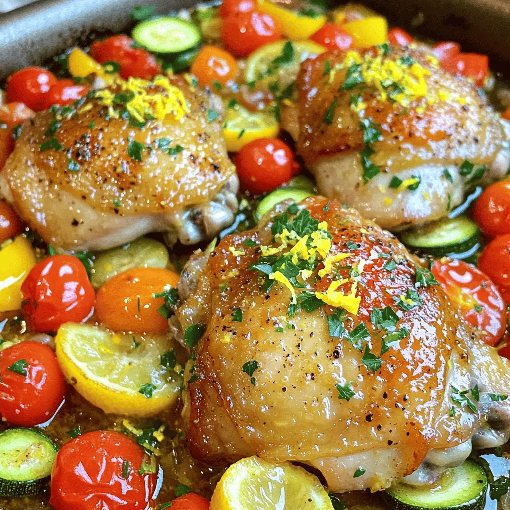 - Chicken Thighs: Use 4 boneless, skinless chicken thighs for tenderness. - Vegetables: - 1 cup cherry tomatoes, halved for sweetness. - 1 bell pepper, sliced into thin strips; choose your favorite color. - 1 medium zucchini, sliced into half-moons for texture. - Marinade Ingredients: - 2 tablespoons extra virgin olive oil for richness. - 4 cloves garlic, finely minced for strong flavor. - Zest of 1 lemon and juice from that same lemon for brightness. - 1 teaspoon dried oregano for earthy notes. - 1 teaspoon smoked paprika for a hint of sweetness. - Salt and freshly cracked black pepper to taste. The mix of these ingredients makes a dish that is full of flavor. The chicken thighs stay juicy, while the veggies add color and crunch. The marinade blends well, soaking into the chicken and veggies during baking. This recipe is all about balance and fun in each bite. To dive deeper into the cooking process, check the Full Recipe for step-by-step guidance. Preheating your oven is key for great results. It helps cook the chicken evenly. Set your oven to 400°F (200°C). This high heat will give your chicken a nice sear and keep the veggies tender. Mixing the marinade is simple. In a small bowl, combine: - 2 tablespoons extra virgin olive oil - 4 cloves garlic, finely minced - Zest of 1 lemon - Juice from that same lemon - 1 teaspoon dried oregano - 1 teaspoon smoked paprika - Salt and freshly cracked black pepper to taste Stir well to blend. This mix adds a burst of flavor to your chicken. For maximum taste, let it sit for a few minutes before use. Coat the chicken thighs with the marinade. Use half of the mixture to cover them completely. For best flavor, let the chicken marinate for at least 15 minutes at room temperature. If you have time, longer is better! Prepare the veggies next. Slice your bell pepper into thin strips and cut the zucchini into half-moons. Halve the cherry tomatoes. Arrange these colorful veggies around the chicken in your skillet. This helps each piece soak up the delicious marinade. Place your skillet in the preheated oven. Bake for 25-30 minutes. Check that the chicken reaches an internal temperature of 165°F (75°C). The veggies should be fork-tender. If they need a bit more time, bake for a few extra minutes. After baking, let the dish rest for about 5 minutes. This allows the juices to settle, making the chicken moist. Just before serving, sprinkle freshly chopped parsley on top. Add lemon wedges for a bright finish. You can find the full recipe above for more details! To make your cooking quicker, prep some ingredients the night before. You can chop the veggies and store them in the fridge. This way, they are ready when you start cooking. Also, marinate the chicken in advance. Let it sit in the lemon garlic mix for a few hours or overnight. This adds flavor and saves time. You can speed up cooking by using a hot skillet to sear the chicken before baking. This adds nice color and flavor. If you're short on time, consider cutting the chicken into smaller pieces. They will cook faster in the oven. To boost flavor, use fresh herbs when possible. Fresh parsley adds brightness at the end. You can also add a splash of white wine to the marinade for depth. If you want more heat, add a pinch of red pepper flakes. Try using different herbs like thyme or rosemary for a twist. You can also swap smoked paprika for regular paprika for a milder taste. Experimenting with flavors keeps this meal exciting. Common mistakes include not checking the chicken's internal temperature. Always ensure it reaches 165°F (75°C). Use a meat thermometer for accuracy. Overcrowding the pan can also lead to uneven cooking. Make sure there is space for heat to circulate. I recommend using a large oven-safe skillet. A cast-iron skillet works great for even cooking. If you don’t have one, a heavy baking dish will do. These tools help achieve the best results for your one-pan meal. {{image_4}} You can swap out veggies based on what’s in season. Try using asparagus for a crisp bite. Broccoli adds a nice green color and extra nutrients. Carrots bring sweetness and crunch. For a pop of color, use red onion or yellow squash. Each choice changes the dish's flavor and look. Get creative with colors and flavors to keep this meal fun and fresh! If you want to switch from chicken, consider using turkey or tofu. Turkey thighs have great flavor and cook similarly to chicken. If you use tofu, opt for firm or extra-firm for the best texture. Adjust the cooking time based on what you choose. Turkey may need a few extra minutes, while tofu cooks quickly. Make sure everything reaches a safe temperature for a tasty meal! To make this dish gluten-free, simply check that your ingredients are certified gluten-free. For a low-carb option, skip the starchy veggies like potatoes. You can add more leafy greens instead. If you need a dairy-free version, skip any cheese toppings and focus on fresh herbs for flavor. These small changes let you enjoy this meal while sticking to your dietary needs. For the complete recipe, check out the Full Recipe section! To store your leftovers, place them in an airtight container. This keeps the chicken and veggies fresh. Make sure to let the dish cool before sealing it. You can keep it in the fridge for up to three days. To freeze this dish, first, let it cool completely. Cut the chicken into smaller pieces for easier thawing. Then, place it in a freezer-safe bag or container. Remove as much air as you can to prevent freezer burn. You can store it in the freezer for up to three months. When you’re ready to eat, take it out and thaw it overnight in the fridge. For quick thawing, you can use the microwave on the defrost setting. To reheat without drying out the chicken, use the oven or the stovetop. If you choose the oven, set it to 350°F (175°C). Heat for about 15-20 minutes until warmed through. If using the stovetop, add a splash of broth or water. Cover the pan to keep it moist. Check that the chicken reaches 165°F (75°C) before serving. This way, you enjoy a tasty dish just like when it was fresh! It takes about 45 minutes to make this dish. You will spend 15 minutes on prep. Cooking in the oven will take around 25 to 30 minutes. Yes, you can use bone-in chicken thighs. Just keep in mind they will take longer to cook. You should add about 10 extra minutes to the baking time. Always check the internal temperature. It needs to reach 165°F (75°C) to be safe to eat. This dish pairs well with many sides. Consider serving it with: - Garlic bread for a tasty bite. - A fresh green salad for crunch. - Rice or quinoa to soak up the juices. Absolutely! This recipe is great for meal prep. You can make it ahead and store it in the fridge. It stays fresh for about 3 days. Just reheat it in the oven or microwave. You can also pack it in lunchboxes for quick meals during the week. For the full recipe, check the details above. This blog post has shown how to make One-Pan Lemon Garlic Chicken and Veggies. We detailed the ingredients, marinade steps, and baking instructions for a tasty dish. I shared tips to save time and enhance flavors. You can customize it with different vegetables and proteins to fit your diet. Proper storage and reheating advice help keep your meal fresh. Now, you’re ready to enjoy a delicious and easy dinner any night of the week!
