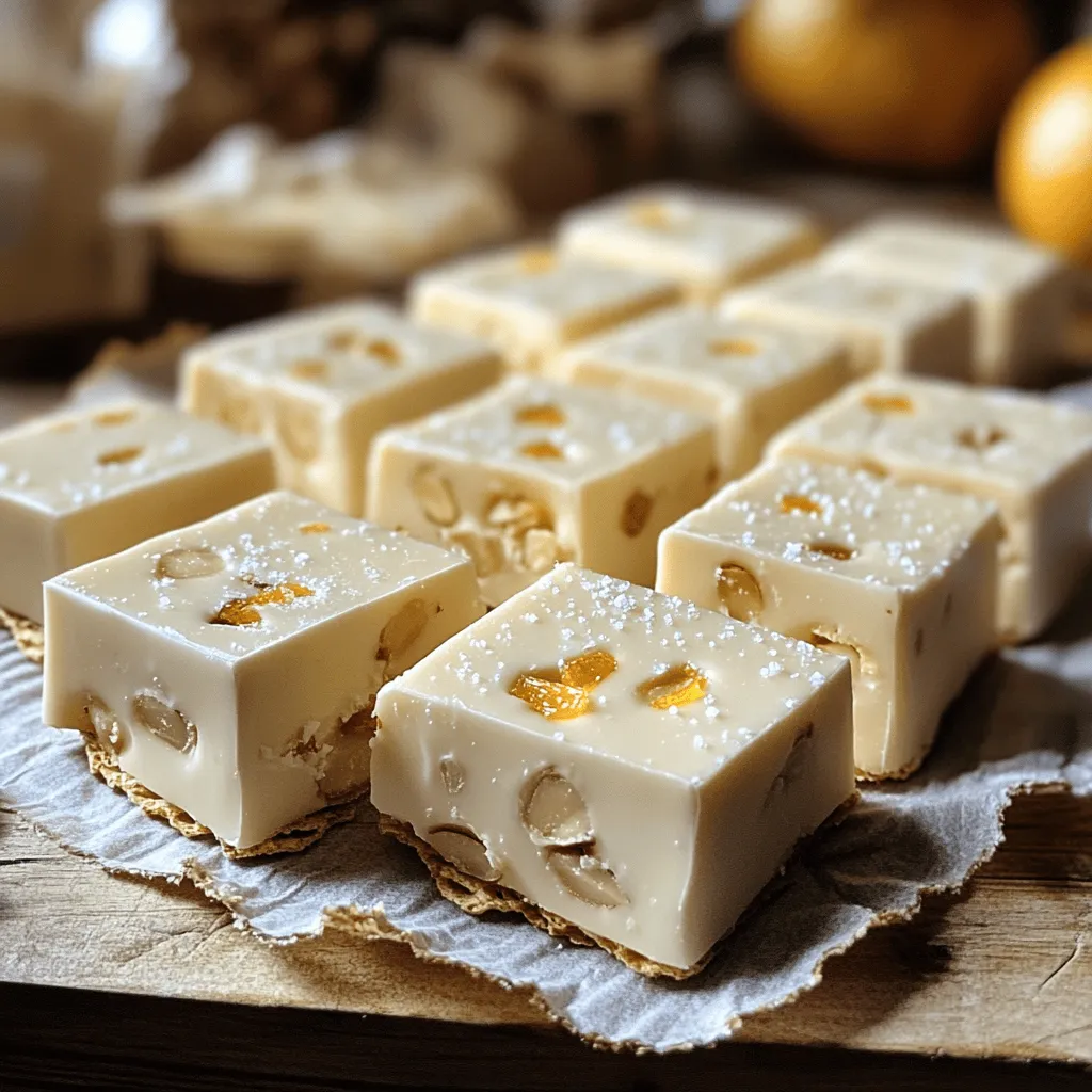 - 300g honey - 200g granulated sugar - 2 large egg whites These ingredients are key to making your torrone smooth and sweet. Honey gives a rich flavor. Sugar adds sweetness and helps with texture. Egg whites provide the lightness that makes torrone so delightful. - 300g roasted almonds (or hazelnuts) - 150g candied orange peel, finely chopped - 1 teaspoon vanilla extract - A pinch of salt - Wafer sheets (for layering) The nuts add crunch, while the orange peel brings a fresh taste. Vanilla enhances the flavor, making it more aromatic. Salt balances the sweetness. Wafer sheets form layers, creating a lovely bite. You can find the full recipe to see how to combine these elements perfectly. 1. Start by combining honey and sugar in a medium saucepan. 2. Place the saucepan over medium heat. Stir constantly to help dissolve the sugar. 3. Once the mixture bubbles gently, let it simmer for 5-7 minutes. 4. Look for a thicker consistency, which means it's ready. 1. While the honey-sugar mix simmers, prepare your egg whites. 2. Use a clean, dry mixing bowl and an electric mixer on high speed. 3. Add a pinch of salt to the egg whites. 4. Whip until stiff peaks form. This means they are ready to use. 5. Be careful when handling hot mixtures; avoid burns by keeping a safe distance. 1. Set your mixer to low speed. Slowly drizzle the hot honey-sugar mixture into the whipped egg whites. 2. Keep mixing until everything is well combined and feels slightly cooler to touch. 3. Gently fold in roasted almonds, chopped candied orange peel, and vanilla extract. 4. Ensure these ingredients are evenly distributed for great flavor in every bite. 5. Line a baking dish with parchment paper. Place a layer of wafer sheets at the bottom. 6. Pour the torrone mixture over the wafer sheets, smoothing the top with a spatula. 7. Add another wafer sheet on top and press gently for an even layer. 8. Let the torrone cool at room temperature for at least 4 hours. 9. You can also refrigerate it for about 2 hours if you are in a hurry. 10. When set, lift it out using the parchment paper edges and place it on a cutting board. 11. Cut into squares or rectangles based on your serving size. 12. To store, wrap each piece in wax paper or put them in an airtight container. Keep them at room temperature for the best texture. This simple yet delightful recipe makes about 24 pieces. Enjoy your homemade soft Italian torrone! For the full recipe, refer to the beginning of this article. To make soft Italian torrone, you need to watch the temperature closely. - Heat the honey and sugar mixture on medium. - Stir it constantly until it bubbles gently. - Let it simmer for about 5-7 minutes. - You want it to thicken slightly before mixing it with the egg whites. Next, focus on the egg whites. - Use a clean bowl and beaters. - Whip the egg whites until stiff peaks form. - This step is key for a light, airy torrone. Serving torrone can be fun and creative. Here are some ideas: - Cut the torrone into squares or rectangles. - Place them on a decorative plate. - Add some roasted almonds on top for a nice touch. - A sprinkle of powdered sugar can add elegance. You can also serve it with coffee or tea. It makes a delightful treat. Avoid these common mistakes when making torrone: - Don’t overcook the honey-sugar mixture. It can turn too hard. - Be careful not to under-whip the egg whites. This will make the texture dense. Following these tips will help you create perfect soft Italian torrone. For the complete guide, check the Full Recipe. {{image_4}} You can switch up the nuts in your torrone. Hazelnuts work great instead of almonds. They add a rich, nutty flavor that pairs nicely with the sweet base. You can also mix nuts. Try a blend of almonds, hazelnuts, and pistachios. This gives your torrone a unique taste and texture. Adding spices or extracts can make your torrone special. Consider using a pinch of cinnamon or nutmeg for warmth. You can also try almond or orange extracts to enhance the flavor. Candied fruits are another fun twist. Mix in diced cherries or lemon peel for a fruity burst in every bite. Want to make your torrone even more indulgent? Try dipping it in chocolate! After cutting your set torrone into pieces, melt your favorite chocolate. You can use dark, milk, or white chocolate. Dip each piece halfway into the melted chocolate. Let them cool on parchment paper until the chocolate hardens. This adds a delicious layer that makes your treat even more special. To keep your soft Italian torrone fresh, wrap each piece in wax paper. This method protects each piece from air and moisture. You can also use an airtight container. Make sure the container is clean and dry before placing the torrone inside. Store the container in a cool, dry place. Avoid areas with heat or direct sunlight. This will help maintain the delightful texture of the torrone. Soft Italian torrone lasts about two weeks at room temperature. After that, it may lose its texture and flavor. You can tell if torrone has gone bad by checking for a hard, dry texture. It should feel soft and chewy. If it becomes sticky or develops an off smell, it is best to throw it away. By following these simple tips, you can enjoy the sweet, nutty flavors of your homemade torrone for as long as possible. For the complete recipe, check out the Full Recipe to get started! Soft Italian Torrone is a chewy candy made from sugar, honey, and nuts. This sweet treat has roots in Italy, where it dates back to the 14th century. Each bite brings a taste of history and culture. Traditionally, families share torrone during holidays and special occasions. It symbolizes joy and togetherness, making it a beloved dessert. If your torrone has become hard, don’t worry! You can soften it easily. Wrap the torrone in a damp paper towel. Place it in a sealed container with a slice of bread or an apple. Let it sit for 24 hours. The moisture from the bread or apple will help revive the chewiness. Enjoy your fresh, soft torrone again! Yes, you can make torrone without egg whites! Use aquafaba, the liquid from canned chickpeas. Whip it until it forms stiff peaks, just like egg whites. This will give your torrone a nice texture. Other alternatives include flaxseed gel or chia seed gel. Both can mimic the properties of egg whites. You can find authentic Soft Italian Torrone in many places. Look for local Italian markets or specialty candy shops. Many stores offer online shopping for ease. Websites like Amazon and Italian food retailers often stock it. Check labels to ensure you are getting the real deal. Enjoy exploring these tasty options! Soft Italian torrone is a delightful treat made with simple, fresh ingredients. We began by exploring the key components: honey, sugar, and egg whites. Next, I walked you through the steps to create the perfect mixture, whip the egg whites, and combine everything seamlessly. I also shared tips to avoid common mistakes and highlighted different variations to try. Finally, I covered how to store your torrone properly to keep it fresh. Now, you’re ready to make and enjoy this classic candy, sharing it with family and friends. Embrace this sweet tradition!