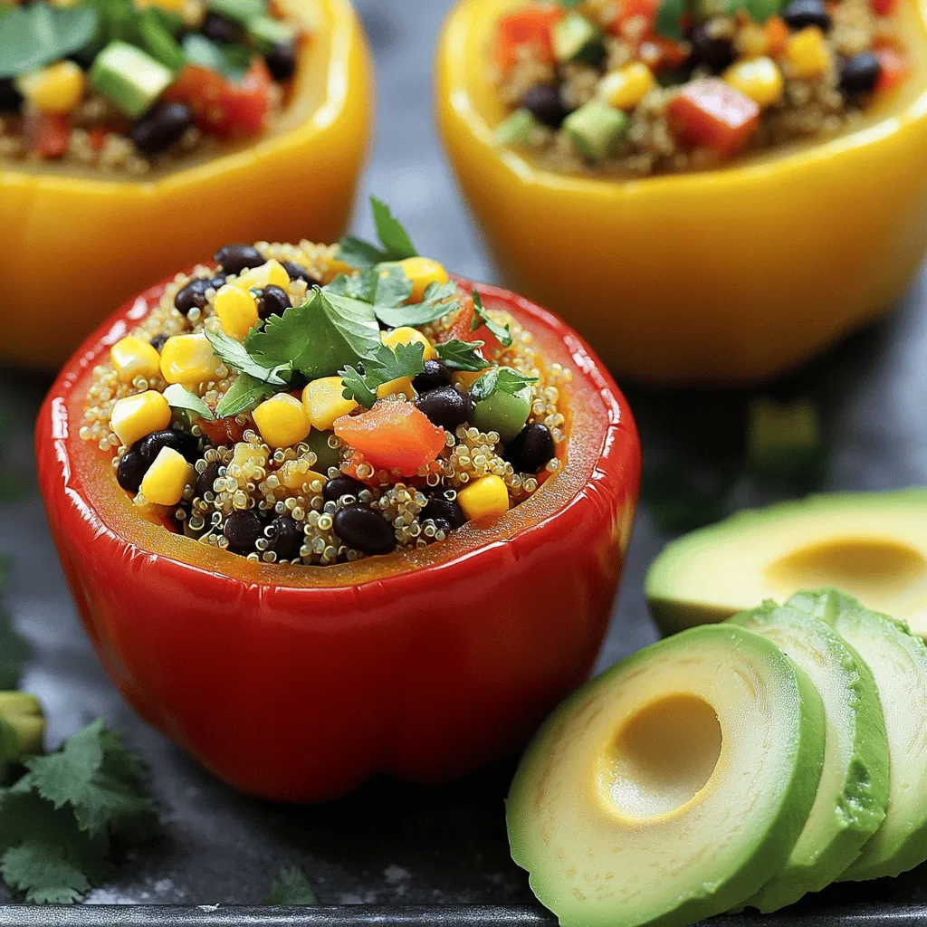 To make these tasty vegan quinoa stuffed peppers, you need: - 4 large bell peppers (any color you prefer) - 1 cup quinoa, thoroughly rinsed to remove bitterness - 2 cups vegetable broth for cooking the quinoa - 1 can (15 oz) black beans, rinsed and drained for added protein - 1 cup corn (choose frozen or canned for convenience) - 1 medium onion, finely diced to enhance flavor - 2 cloves garlic, minced for aromatic goodness - 1 teaspoon ground cumin for warmth - 1 teaspoon smoked paprika for a hint of smokiness - 1 teaspoon chili powder for a slight kick - 1 cup diced tomatoes (fresh or canned, based on availability) - Salt and pepper to taste, adjusting according to preference - Fresh cilantro, chopped, for a vibrant garnish - Avocado slices, for a creamy side addition You can enhance the flavor of your stuffed peppers with these optional items: - Diced jalapeños for extra heat - Chopped spinach or kale for added greens - Nutritional yeast for a cheesy flavor - Lemon or lime juice for brightness - Vegan cheese for a creamy topping Each serving of vegan quinoa stuffed peppers packs a nutritious punch. You get roughly: - 300 calories - 12 grams of protein - 8 grams of fiber - 50% of daily vitamin C needs - Good amounts of iron and magnesium These peppers are not only filling but also full of vitamins and minerals. They are perfect for anyone looking to eat healthy! For the full recipe, visit the recipe section above. Start by preheating your oven to 375°F (190°C). This sets the stage for baking. Next, take your bell peppers and slice off the tops. Remove all seeds and membranes. Stand the peppers upright in a baking dish. This keeps them stable as you fill them. In a medium saucepan, mix the rinsed quinoa with vegetable broth. Bring the mixture to a quick boil. Then, lower the heat and cover the pot. Let it simmer for about 15 minutes. The quinoa will become fluffy and absorb all the broth. You want it light and airy for the best texture. While the quinoa cooks, grab a large skillet. Add a splash of water or some vegetable broth over medium heat. Sauté the diced onion until it turns translucent, which takes about 5 minutes. Then, add minced garlic and cook for another minute. This step releases a lovely aroma that adds depth to your dish. Now, stir in the black beans, corn, cumin, smoked paprika, chili powder, and diced tomatoes. Mix well and season with salt and pepper. Cook the mixture for about 5 minutes. This allows the flavors to blend nicely and create a robust filling. Once your quinoa is ready, fluff it with a fork. Add it to the skillet mixture and stir until everything combines well. Now, it's time to stuff the peppers! Spoon the quinoa mixture into each hollowed pepper. Pack it gently but firmly to keep their shape. Cover the baking dish with aluminum foil and place it in the oven. Bake for 25-30 minutes. After that, remove the foil and bake for another 10 minutes. This gives the tops a nice, slightly charred finish. When finished, let the peppers cool for a few minutes. Garnish with fresh cilantro and serve with avocado slices for extra creaminess. Enjoy your tasty dish! When picking bell peppers, look for bright colors. The skin should be smooth and firm. Avoid any peppers with soft spots or wrinkles. Choose peppers that feel heavy for their size. This means they are fresh and juicy. Different colors offer unique flavors. Green peppers taste slightly bitter, while red, yellow, and orange ones are sweeter. To cook quinoa perfectly, rinse it well before cooking. This removes the bitter saponins. Use a 2:1 ratio of liquid to quinoa. I recommend vegetable broth for added flavor. Bring the broth to a boil, then lower the heat. Cover and let it simmer for about 15 minutes. Once the water absorbs, fluff it with a fork to separate the grains. This keeps it light and fluffy. Ovens can vary in temperature accuracy. If your oven runs hot, reduce the baking time slightly. For a cooler oven, increase the time by a few minutes. Always check the peppers around the 25-minute mark. They should be tender but still hold their shape. Adjust your cooking time based on how your oven performs for best results. {{image_4}} You can switch up the filling in your stuffed peppers. Try cooked brown rice or lentils instead of quinoa. Both options add great texture and protein. For a twist, use sautéed mushrooms or spinach. They bring extra flavor and nutrients. You can also add chopped nuts for crunch. Each filling gives a unique taste and makes your dish fun. Want a lighter meal? Use less quinoa and add more veggies. Zucchini, mushrooms, or diced eggplant work well. You can also replace black beans with chickpeas for a different taste. If you skip the oil in cooking, the dish stays light. Consider using a sugar-free vegetable broth, too. These small changes keep your meal healthy without losing flavor. Serve your stuffed peppers with a side salad. A simple green salad with lemon dressing fits well. Add whole grain bread for a hearty meal. If you want a dip, try a light salsa or guacamole. These pairings keep the meal fresh and vibrant. For a cozy touch, serve with warm vegetable soup. Enjoy the colorful presentation and delicious flavors of your meal. For more details, check out the Full Recipe. To store leftover stuffed peppers, let them cool first. Place them in an airtight container. You can keep them in the fridge for up to four days. This keeps the flavor fresh. If you want to save space, you can separate the peppers with parchment paper. This reduces moisture and helps them stay firm. Freezing stuffed peppers is easy and great for meal prep! After they cool, wrap each pepper tightly in plastic wrap. Then place them in a freezer-safe bag. Make sure to squeeze out all the air. You can freeze them for up to three months. When you are ready to eat, just thaw them in the fridge overnight before reheating. To reheat, preheat your oven to 350°F (175°C). Place the stuffed peppers in a baking dish. Cover them with foil to keep them moist. Heat for about 20-25 minutes. You can microwave them too! Just place the pepper on a plate, cover it, and heat for 3-4 minutes. Be careful; they can get hot! Enjoy your meal with fresh toppings. For more details, check out the Full Recipe. Yes, you can use other grains. Brown rice, farro, or even barley work well. They each add their own taste and texture. Just adjust the cooking time based on the grain you choose. For example, brown rice takes longer to cook than quinoa. Yes, these stuffed peppers are gluten-free. Quinoa is a naturally gluten-free grain. All other ingredients, like beans and veggies, are also gluten-free. This makes this dish great for anyone with gluten intolerance. Stuffed peppers can last about 4 to 5 days in the fridge. Make sure to store them in an airtight container. This keeps them fresh. If you notice any odd smells or changes, it's best to discard them. Absolutely! You can prepare the filling in advance. Just stuff the peppers when you’re ready to bake them. You can also bake them ahead and reheat later. This makes it a great option for meal prep. For the full recipe, check the detailed instructions above. Vegan quinoa stuffed peppers make a healthy and tasty dish. We covered key ingredients, cooking steps, and helpful tips. You learned about variations and how to store leftovers too. Feel free to experiment with flavors and ingredients to match your taste. This dish is nutritious and great for meal prep. Now, you can enjoy making these stuffed peppers for yourself or loved ones. Get cooking and savor every bite!