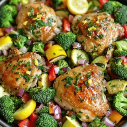 - 4 boneless, skinless chicken thighs - 2 cups broccoli florets - 1 red or yellow bell pepper, sliced into thin strips - 1 medium zucchini, sliced into half-moons - 1 red onion, chopped into bite-sized pieces - 4 cloves garlic, finely minced - 1 large lemon, zested and juiced - 2 tablespoons extra virgin olive oil - 1 teaspoon dried oregano - 1 teaspoon smoked paprika - Salt and freshly ground black pepper, to taste - Fresh parsley, finely chopped, for garnish The chicken thighs are the star of this dish. They are juicy and tender, perfect for soaking up flavors. The colorful veggies add crunch and nutrition. Broccoli, bell pepper, zucchini, and red onion not only taste great but also make your plate look amazing. The garlic and lemon juice give it a bright, zesty taste. Oregano and smoked paprika add depth. - Mixing bowls - Baking sheet or oven-safe pan - Whisk and measuring spoons Having the right tools makes cooking easier. Mixing bowls help combine your marinade. A baking sheet or oven-safe pan is essential for roasting. A whisk and measuring spoons ensure you get the flavors just right. You can find these tools in most kitchens. To see how all these ingredients come together, check out the Full Recipe. Enjoy the journey of creating a delightful meal! 1. Preheat the oven: Start by setting your oven to 400°F (200°C). This gets it hot and ready for roasting. 2. Prepare the marinade: Take a small bowl. Whisk together the lemon juice, lemon zest, olive oil, minced garlic, oregano, smoked paprika, salt, and pepper. This mix gives your chicken and veggies a bright flavor. 3. Marinate the chicken: Place the chicken thighs in a large bowl or plastic bag. Pour half of your marinade over them. Make sure each piece gets coated well. Let the chicken marinate for at least 15 minutes to soak in the flavors. 1. Arrange chicken and vegetables: In another bowl, combine broccoli, bell pepper, zucchini, and red onion. Drizzle the rest of the marinade over them and toss well. On a large baking sheet, lay the marinated chicken in the center. Spread the veggies around the chicken. 2. Roast in the oven: Place the baking sheet in your preheated oven. Roast for 25 to 30 minutes. The chicken should reach 165°F (75°C). The veggies should look tender and caramelized. 3. Check for doneness: Once the time is up, check the chicken’s internal temperature. If it’s right, take the pan out of the oven. Let it rest for a few minutes. This helps keep the juices in the chicken. Enjoy your One-Pan Lemon Garlic Chicken and Veggies delight! For the complete cooking experience, check the Full Recipe. Choosing the right herbs Fresh herbs bring life to your dish. I love using parsley, thyme, or rosemary. They add a bright taste that pairs well with lemon and garlic. You can also try basil for a sweet touch. Experiment with what you have on hand! Marinade variations You can switch up the marinade for more fun. Try adding honey for sweetness or a dash of soy sauce for a savory kick. If you like heat, add some crushed red pepper flakes. This way, you can make it your own! Importance of resting time Resting your chicken is key. Once it comes out of the oven, let it sit for at least five minutes. This helps the juices settle, making the meat tender and juicy. Don't skip this step; it's worth it! Achieving perfect roast To get the best roast, spread your chicken and veggies evenly on the pan. Don’t overcrowd them. This allows hot air to circulate. It gives you that golden brown look and a yummy texture. Keep an eye on the time and check for doneness, aiming for that perfect 165°F (75°C) inside. For the full experience, check out the Full Recipe and enjoy making this dish! {{image_4}} You can switch up the proteins in this recipe. Instead of chicken thighs, try chicken breasts or even fish like salmon. Both options work well with the bright lemon and garlic flavors. When it comes to veggies, feel free to explore different seasonal options. Asparagus, green beans, or snap peas can add great crunch and color. Use what’s fresh and available to make this dish your own. If you need a gluten-free meal, you’re in luck! This dish is naturally gluten-free. Just make sure your seasonings and olive oil are certified gluten-free. For those following a low-carb diet, this recipe is perfect. The veggies provide fiber and flavor without the carbs. If you’d like to lower the carbs even further, swap out the zucchini for cauliflower. It will still taste amazing! Remember, you can find the Full Recipe above. Enjoy customizing this dish to suit your needs! After you enjoy your one-pan lemon garlic chicken and veggies, store the leftovers in an airtight container. This keeps them fresh and safe. You can refrigerate the dish for up to three days. If you want to enjoy it later, try to cool it first before sealing it up. This helps keep the flavors intact. To reheat your chicken and veggies, the best method is the oven. Preheat your oven to 350°F (175°C). Place the leftovers on a baking sheet. Cover them with foil to keep moisture in. Heat for about 15-20 minutes or until hot. You can also use the microwave for a quick option. Just place a portion in a microwave-safe dish, cover it, and heat for 2-3 minutes. Stir halfway to keep the flavors even. Both methods help maintain the juicy chicken and tender veggies. Yes, you can prepare this dish ahead of time. Marinate the chicken and prep the vegetables the night before. Store them in the fridge. When you're ready to eat, just roast them together. This saves time and boosts flavor. To add heat, toss in red pepper flakes or diced jalapeños. You could also use a spicy marinade or sauce. Adjust the amount to suit your taste. The heat will balance well with the lemon and garlic. This meal goes well with rice or quinoa. A simple green salad also complements it nicely. You can serve crusty bread to soak up the juices. For a light touch, steamed green beans add freshness. For the complete recipe, check out the [Full Recipe]. This blog post covered a simple and tasty chicken dish. We explored key ingredients, tools, and clear steps for preparation and cooking. I shared tips for flavor enhancement and various substitutions to fit your needs. Proper storage and reheating methods were also included for your convenience. Cooking can be fun and creative. I hope you try this recipe and enjoy it!