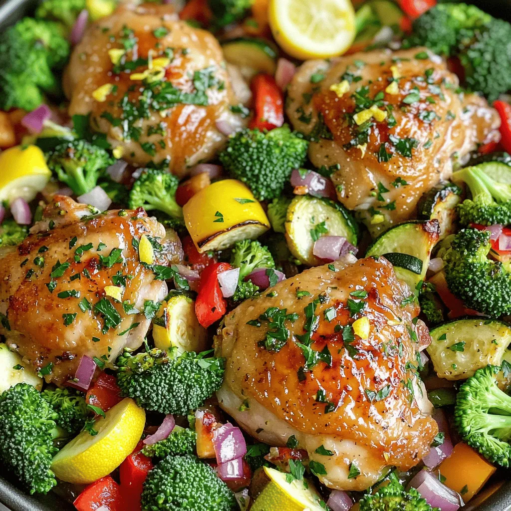 - 4 boneless, skinless chicken thighs - 2 cups broccoli florets - 1 red or yellow bell pepper, sliced into thin strips - 1 medium zucchini, sliced into half-moons - 1 red onion, chopped into bite-sized pieces - 4 cloves garlic, finely minced - 1 large lemon, zested and juiced - 2 tablespoons extra virgin olive oil - 1 teaspoon dried oregano - 1 teaspoon smoked paprika - Salt and freshly ground black pepper, to taste - Fresh parsley, finely chopped, for garnish The chicken thighs are the star of this dish. They are juicy and tender, perfect for soaking up flavors. The colorful veggies add crunch and nutrition. Broccoli, bell pepper, zucchini, and red onion not only taste great but also make your plate look amazing. The garlic and lemon juice give it a bright, zesty taste. Oregano and smoked paprika add depth. - Mixing bowls - Baking sheet or oven-safe pan - Whisk and measuring spoons Having the right tools makes cooking easier. Mixing bowls help combine your marinade. A baking sheet or oven-safe pan is essential for roasting. A whisk and measuring spoons ensure you get the flavors just right. You can find these tools in most kitchens. To see how all these ingredients come together, check out the Full Recipe. Enjoy the journey of creating a delightful meal! 1. Preheat the oven: Start by setting your oven to 400°F (200°C). This gets it hot and ready for roasting. 2. Prepare the marinade: Take a small bowl. Whisk together the lemon juice, lemon zest, olive oil, minced garlic, oregano, smoked paprika, salt, and pepper. This mix gives your chicken and veggies a bright flavor. 3. Marinate the chicken: Place the chicken thighs in a large bowl or plastic bag. Pour half of your marinade over them. Make sure each piece gets coated well. Let the chicken marinate for at least 15 minutes to soak in the flavors. 1. Arrange chicken and vegetables: In another bowl, combine broccoli, bell pepper, zucchini, and red onion. Drizzle the rest of the marinade over them and toss well. On a large baking sheet, lay the marinated chicken in the center. Spread the veggies around the chicken. 2. Roast in the oven: Place the baking sheet in your preheated oven. Roast for 25 to 30 minutes. The chicken should reach 165°F (75°C). The veggies should look tender and caramelized. 3. Check for doneness: Once the time is up, check the chicken’s internal temperature. If it’s right, take the pan out of the oven. Let it rest for a few minutes. This helps keep the juices in the chicken. Enjoy your One-Pan Lemon Garlic Chicken and Veggies delight! For the complete cooking experience, check the Full Recipe. Choosing the right herbs Fresh herbs bring life to your dish. I love using parsley, thyme, or rosemary. They add a bright taste that pairs well with lemon and garlic. You can also try basil for a sweet touch. Experiment with what you have on hand! Marinade variations You can switch up the marinade for more fun. Try adding honey for sweetness or a dash of soy sauce for a savory kick. If you like heat, add some crushed red pepper flakes. This way, you can make it your own! Importance of resting time Resting your chicken is key. Once it comes out of the oven, let it sit for at least five minutes. This helps the juices settle, making the meat tender and juicy. Don't skip this step; it's worth it! Achieving perfect roast To get the best roast, spread your chicken and veggies evenly on the pan. Don’t overcrowd them. This allows hot air to circulate. It gives you that golden brown look and a yummy texture. Keep an eye on the time and check for doneness, aiming for that perfect 165°F (75°C) inside. For the full experience, check out the Full Recipe and enjoy making this dish! {{image_4}} You can switch up the proteins in this recipe. Instead of chicken thighs, try chicken breasts or even fish like salmon. Both options work well with the bright lemon and garlic flavors. When it comes to veggies, feel free to explore different seasonal options. Asparagus, green beans, or snap peas can add great crunch and color. Use what’s fresh and available to make this dish your own. If you need a gluten-free meal, you’re in luck! This dish is naturally gluten-free. Just make sure your seasonings and olive oil are certified gluten-free. For those following a low-carb diet, this recipe is perfect. The veggies provide fiber and flavor without the carbs. If you’d like to lower the carbs even further, swap out the zucchini for cauliflower. It will still taste amazing! Remember, you can find the Full Recipe above. Enjoy customizing this dish to suit your needs! After you enjoy your one-pan lemon garlic chicken and veggies, store the leftovers in an airtight container. This keeps them fresh and safe. You can refrigerate the dish for up to three days. If you want to enjoy it later, try to cool it first before sealing it up. This helps keep the flavors intact. To reheat your chicken and veggies, the best method is the oven. Preheat your oven to 350°F (175°C). Place the leftovers on a baking sheet. Cover them with foil to keep moisture in. Heat for about 15-20 minutes or until hot. You can also use the microwave for a quick option. Just place a portion in a microwave-safe dish, cover it, and heat for 2-3 minutes. Stir halfway to keep the flavors even. Both methods help maintain the juicy chicken and tender veggies. Yes, you can prepare this dish ahead of time. Marinate the chicken and prep the vegetables the night before. Store them in the fridge. When you're ready to eat, just roast them together. This saves time and boosts flavor. To add heat, toss in red pepper flakes or diced jalapeños. You could also use a spicy marinade or sauce. Adjust the amount to suit your taste. The heat will balance well with the lemon and garlic. This meal goes well with rice or quinoa. A simple green salad also complements it nicely. You can serve crusty bread to soak up the juices. For a light touch, steamed green beans add freshness. For the complete recipe, check out the [Full Recipe]. This blog post covered a simple and tasty chicken dish. We explored key ingredients, tools, and clear steps for preparation and cooking. I shared tips for flavor enhancement and various substitutions to fit your needs. Proper storage and reheating methods were also included for your convenience. Cooking can be fun and creative. I hope you try this recipe and enjoy it!