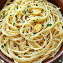 To make a great Spaghetti Aglio e Olio, you need a few key ingredients. Choosing the right ones makes a big difference. - High-quality spaghetti: Pick a good brand for the best texture. Look for durum wheat spaghetti. It holds sauce well and cooks evenly. - Essential garlic and olive oil: Use fresh garlic for the best taste. Extra virgin olive oil adds rich flavor. Look for a fruity, robust oil to enhance the dish. - Optional toppings and garnishes: Fresh parsley brightens the dish. Lemon zest adds a zesty twist. For cheese lovers, grated Parmesan or nutritional yeast gives a nice finish. With these ingredients, you can create a simple yet flavorful meal. Follow the [Full Recipe], and enjoy the process! To make great spaghetti, start with a large pot of water. Add a generous pinch of salt. This step is key. It helps flavor the pasta. When the water boils, add the spaghetti. Cook it until it is al dente. This means it should be firm but not hard. Check the package for the right cooking time. Before you drain the pasta, save one cup of the pasta water. This water has starch, which helps the sauce stick. Use a colander to drain the spaghetti. While the pasta cooks, you can make the garlic sauce. Take a large skillet and pour in the extra virgin olive oil. Heat it over medium. Once hot, add the sliced garlic and red pepper flakes. Stir gently for about 2-3 minutes. You want the garlic to turn golden brown. Keep a close eye on it. If it burns, it will taste bitter. Once the garlic is golden, reduce the heat to low. Add the drained spaghetti to the skillet. Toss the pasta well in the garlic oil. This ensures every strand is coated. Now, slowly pour in the reserved pasta water. Do this a little at a time while stirring. This technique helps create a creamy sauce. When everything is mixed well, take the skillet off the heat. Stir in fresh lemon zest, lemon juice, and chopped parsley. Taste and add sea salt as needed. Serve the pasta right away. For added flavor, sprinkle some grated Parmesan cheese on top. Enjoy your Spaghetti Aglio e Olio! For full details, check the Full Recipe. To make your Spaghetti Aglio e Olio even better, consider these tips: - Adjusting Spice Levels: If you like spice, add more red pepper flakes. For milder flavor, use less. Start small, then taste as you go. - Richer Sauce: Want a deeper flavor? Add anchovies, capers, or sun-dried tomatoes. These ingredients bring umami and complexity to the dish. - Fresh Herbs and Citrus: Always use fresh parsley. It brightens the dish. Lemon zest and juice add a zesty kick. They balance the rich garlic oil beautifully. How you serve your pasta matters, too. Here are some ideas: - Plating Spaghetti Aglio e Olio: Twirl the spaghetti on a plate for a fancy look. A fork or tongs works well. - Impressing Guests: Garnish with extra parsley and lemon zest. A lemon wedge on the side makes it pop. - Complete Meal Pairing: Serve with a light salad or garlic bread. These sides complement the pasta without overpowering it. For more detailed instructions, check the Full Recipe. {{image_4}} Spaghetti Aglio e Olio shines in its simplicity. The classic version uses just garlic, olive oil, and pepper flakes. This dish is pure Italian comfort food. You can get creative by adding seasonal vegetables. Think about using zucchini, bell peppers, or cherry tomatoes. These add color and nutrition. Toss them in with the garlic for a delightful mix. If you want protein, shrimp or chicken works great. Sauté the shrimp in garlic oil until pink, or add cooked chicken for extra heartiness. This adds a new layer of flavor and makes the dish more filling. For those needing gluten-free options, there are many alternatives. Look for gluten-free spaghetti made from rice or corn. These options keep the dish tasty without gluten. Vegans can still enjoy this dish. Skip cheese or use nutritional yeast for a plant-based twist. It gives a cheesy flavor without dairy. Low-carb eaters can use spiralized vegetables like zucchini. This creates a fun, light version of the dish. You can sauté the spirals in garlic oil just like pasta. Overall, Spaghetti Aglio e Olio offers endless ways to fit your diet. You can explore these variations while keeping the essence of the dish intact. For the full recipe, check the details provided earlier. To store your Spaghetti Aglio e Olio, let it cool first. Place it in an airtight container. Refrigerate it for up to three days. This keeps the flavors fresh. When reheating, use low heat on the stovetop. Add a splash of olive oil or water. This helps to keep it moist. Stir gently until warmed through. Avoid the microwave if you can; it can dry out the pasta. If you notice any leftovers, check for off smells or strange textures. Discard anything that doesn't seem right. Safety first! You can freeze Spaghetti Aglio e Olio for longer storage. Start by letting it cool completely. Place it in a freezer-safe container or bag. Be sure to remove as much air as possible. Label the container with the date. It can last for up to three months in the freezer. For defrosting, move it to the fridge overnight. This keeps it from getting soggy. When ready to eat, reheat it on the stovetop. Add a bit of water or olive oil while stirring. This will help restore the flavor and texture. To keep the taste fresh after freezing, avoid adding lemon juice or herbs before freezing. Add them when you reheat the dish. This keeps the brightness and flavor intact. Enjoy your delicious Spaghetti Aglio e Olio anytime! Spaghetti Aglio e Olio stands out for its simple ingredients. You only need garlic, olive oil, and red pepper flakes. This dish highlights the flavors of each ingredient without heavy sauces. Its cultural roots trace back to Naples, Italy. This dish is a staple for many Italians. It shows how simple can be delicious and satisfying. Yes, you can prepare Spaghetti Aglio e Olio ahead of time. Cook the pasta and sauce, then mix them right before serving. This keeps the dish fresh. To reheat, warm it gently in a skillet. Add a bit of olive oil and pasta water to keep it moist. This way, it tastes almost as good as fresh. One common mistake is burning the garlic. Keep an eye on it while sautéing. Burnt garlic can ruin the dish’s flavor. Another pitfall is not saving enough pasta water. This water helps create a smooth sauce. Always reserve a cup before draining your spaghetti. Finally, make sure to mix the pasta and sauce off the heat. This helps maintain the sauce's creaminess and the pasta's texture. For the best results, follow the Full Recipe. Spaghetti Aglio e Olio is a simple yet flavorful dish. We explored key ingredients and step-by-step instructions to make it perfect. I shared tips for enhancing flavors and variations for every diet. Storing and reheating methods help you enjoy leftovers later. This dish stands out for its rich taste and cultural roots. Master these techniques, and impress your guests or family with your cooking skill. Enjoy your kitchen adventure, and savor every bite!