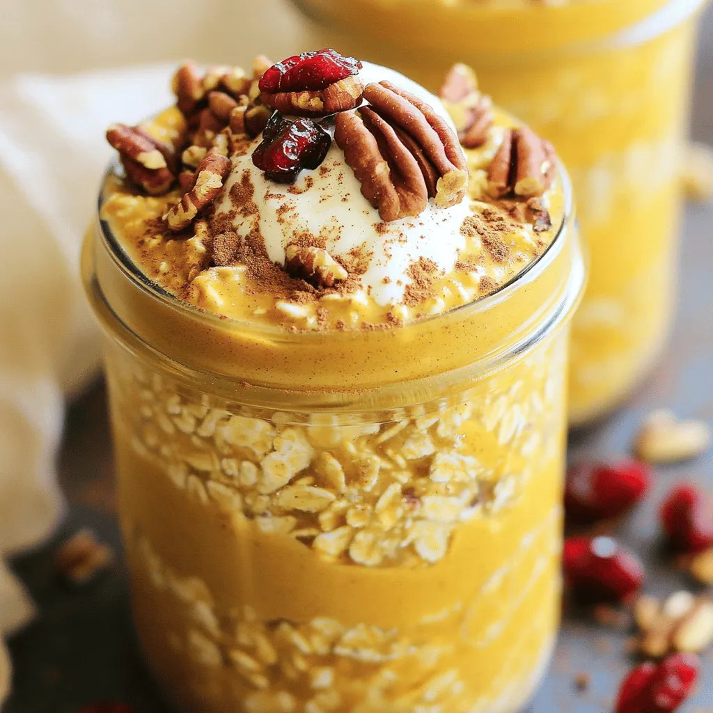 - 1 cup rolled oats - 1 cup almond milk (or your preferred milk) - 1/2 cup pure pumpkin puree - 1/4 cup Greek yogurt (optional) - 2 tablespoons maple syrup (or honey) - 1 teaspoon pumpkin pie spice - 1/2 teaspoon vanilla extract - 1/4 cup chopped nuts (such as pecans or walnuts) - 2 tablespoons dried cranberries or raisins - Pinch of salt The main ingredients for pumpkin spice overnight oats are simple and wholesome. You start with rolled oats, which give your breakfast a nice base. You can select any milk you like, but I enjoy almond milk for its creamy texture. Pure pumpkin puree brings that cozy fall flavor. If you want creaminess, Greek yogurt is a great choice. Maple syrup adds sweetness, but you can swap it for honey if you prefer. Pumpkin pie spice is essential for that warm flavor. Don't forget vanilla extract; it enhances the taste. For texture, I love to add chopped nuts and a touch of dried fruit. They bring crunch and sweetness, making each bite exciting. A pinch of salt balances the flavors. This combination creates a delicious and filling breakfast. You can find the full recipe at the start of this article. 1. Mixing the oats and milk Start by taking a mixing bowl. Pour in 1 cup of rolled oats and 1 cup of almond milk. Stir well until all the oats soak up the milk. 2. Incorporating pumpkin and spices Next, add 1/2 cup of pure pumpkin puree to the bowl. If you want, mix in 1/4 cup of Greek yogurt for creaminess. Add 2 tablespoons of maple syrup, 1 teaspoon of pumpkin pie spice, 1/2 teaspoon of vanilla extract, and a pinch of salt. Blend everything until smooth and creamy. 3. Transferring to jars Carefully spoon the mixture into mason jars or airtight containers. Leave about an inch of space at the top for your tasty toppings. 4. Adding toppings On each jar, sprinkle 1/4 cup of chopped nuts and 2 tablespoons of dried cranberries or raisins. This adds a nice crunch and sweetness to your breakfast. - Soaking time and notes Seal the jars tightly and place them in the fridge overnight, or for at least 4 hours. This soaking time helps the oats absorb all the flavors and soften nicely. - Serving suggestions In the morning, stir the oats well. If you like them creamier, add a little more almond milk. Enjoy them cold straight from the fridge, or heat them in the microwave for about a minute. For a special touch, you can garnish with a sprinkle of pumpkin pie spice and a dollop of yogurt. Enjoy your cozy fall breakfast! You can find the full recipe above. Soaking your oats is key. This step helps them absorb liquid and soften. It makes breakfast easy and delicious. With overnight oats, the longer you soak, the creamier they become. A good soak time is at least four hours or overnight. Adjust the consistency as you like. If you want thicker oats, use less milk. For creamier oats, add more milk. You can also use Greek yogurt for extra creaminess. It’s a great way to boost flavor and texture. Enhance flavors easily. Add a pinch of cinnamon or nutmeg for warmth. Consider using different sweeteners. Honey or agave syrup can change the taste. You can also mix in fruits like bananas or apples. They add natural sweetness and fun textures. Making a big batch is smart. Prepare several jars at once for easy breakfasts. This saves time and makes mornings stress-free. Just double or triple the recipe. Store jars in the fridge for quick grab-and-go meals. For storage, use airtight containers. This keeps your oats fresh for up to five days. Make sure to label each jar with the date. Keep an eye on them, so you enjoy them at their best. {{image_4}} To make vegan pumpkin spice overnight oats, you can switch out the Greek yogurt. Use a plant-based yogurt, like coconut or almond yogurt. This keeps the creaminess without any dairy. For sweeteners, maple syrup works great. You can also try agave nectar or date syrup. These options keep your oats sweet and flavorful. When you need gluten-free oats, choose certified gluten-free rolled oats. This ensures they are safe to eat. If you want added texture, think about using chia seeds or sunflower seeds as toppings. They give a nice crunch and boost nutrition. Enjoy experimenting with these simple swaps! Pumpkin spice overnight oats stay fresh for about 3 to 5 days in the fridge. Store them in airtight containers or mason jars. This keeps the oats moist and flavorful. Make sure to seal them tightly to avoid any odor absorption. If you have toppings like nuts or dried fruit, keep them separate. This prevents them from getting soggy. You can freeze your pumpkin spice oats for up to 3 months. Just make sure to use freezer-safe containers. Portion them out, so you can grab one when needed. To reheat, simply thaw them in the fridge overnight. When ready to eat, microwave for 1 to 2 minutes. Stir well and add a splash of almond milk if they seem thick. Enjoy the cozy flavors anytime! You can store Pumpkin Spice Overnight Oats in the fridge for up to five days. Use airtight containers to keep them fresh. The flavors will deepen over time, making each bite tastier. Yes, you can use steel-cut oats. However, they need more time to soak. I recommend soaking them overnight in milk. This way, they will soften and absorb flavors well. You can add protein powder to your oats. Greek yogurt is another great option. Chia seeds or nut butter also boost protein while adding nice flavors. To reduce sugar, use less maple syrup. You can also try unsweetened almond milk. Adding ripe bananas can naturally sweeten the oats without extra sugar. Yes, you can skip the pumpkin puree. Try using mashed bananas or applesauce instead. This will give your oats a smooth texture and sweet taste. Overnight oats are healthy because they are high in fiber. They help with digestion and keep you full. Oats are also packed with vitamins and minerals, supporting your overall health. In this blog post, we explored how to make Pumpkin Spice Overnight Oats. We covered the main ingredients, step-by-step instructions, and tips for a creamy texture. You learned how to customize your oats for vegan and gluten-free diets. We also discussed how to store them for fresh enjoyment later. Overnight oats are an easy and tasty choice for your morning routine. Try variations and make this recipe yours. Enjoy the flavors and health benefits every day!