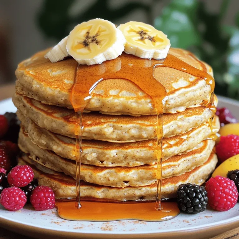 To make these tasty pancakes, you will need: - 1 cup rolled oats - 1 ripe banana, mashed - 1 cup milk (can substitute with almond, oat, or soy milk) - 1 large egg - 1 teaspoon baking powder - 1 teaspoon pure vanilla extract - 1/2 teaspoon ground cinnamon - Pinch of salt - Coconut oil or butter for cooking - Maple syrup and fresh fruits for serving You can easily swap some ingredients to fit your taste or needs. Here are a few ideas: - Oats: If you need gluten-free pancakes, use certified gluten-free oats. - Milk: For a dairy-free option, replace cow’s milk with almond, oat, or soy milk. - Egg: For a vegan choice, use 1 tablespoon of ground flaxseed mixed with 2.5 tablespoons of water as a substitute for the egg. - Sweetness: If you like sweeter pancakes, add a tablespoon of honey or maple syrup to the batter. Feel free to experiment with what you have on hand! Each serving of these pancakes offers a healthy balance. Here’s a quick breakdown: - Calories: About 150 - Protein: 5g - Carbohydrates: 25g - Fat: 4g - Fiber: 3g - Sugar: 2g These pancakes provide good energy and keep you full longer. They are a great choice for breakfast or brunch. Enjoy these delicious Banana Oatmeal Pancakes with your favorite toppings! For the complete recipe, check out [Full Recipe]. To make banana oatmeal pancakes, start with rolled oats. Place 1 cup of oats in a blender. Add 1 ripe banana that you have mashed, 1 cup of milk, and 1 large egg. Then, add 1 teaspoon of baking powder, 1 teaspoon of pure vanilla extract, 1/2 teaspoon of ground cinnamon, and a pinch of salt. Blend this mixture until smooth, which should take 30 seconds to 1 minute. After blending, let the batter rest for 5 to 10 minutes. This helps it thicken. While waiting, heat a skillet over medium heat. Once it is hot, add a small amount of coconut oil or butter to keep the pancakes from sticking. Now, pour about 1/4 cup of batter for each pancake onto the skillet. Cook for 3 to 4 minutes. Watch for bubbles on the surface. When the edges look set, it's time to flip. Use a spatula to carefully turn each pancake. Cook for another 2 to 3 minutes until golden brown. Once cooked, move the pancakes to a plate and keep them warm. Repeat the process with the remaining batter, adding more oil or butter as needed. When blending, make sure all ingredients mix well. If the batter is too thick, add a little more milk. If it’s too runny, add a bit more oats. Blend until you see a smooth consistency. This will help your pancakes be fluffy and tender. Remember, resting the batter is key for the best texture. Cooking pancakes requires the right temperature. Medium heat works best. If the skillet is too hot, pancakes will burn. If it's too cool, they won’t cook properly. Keep an eye on the time. Each side should cook for about 3 to 4 minutes before flipping. If you want to check if they are done, look for golden brown color. You can also stick a toothpick in the center. If it comes out clean, your pancake is ready. For a full recipe, check the one mentioned earlier. Enjoy your cooking! To get the best texture for your banana oatmeal pancakes, focus on the batter. Blend your ingredients until smooth. Let the batter rest for 5 to 10 minutes. This helps it thicken and makes your pancakes fluffier. When cooking, use medium heat. If the heat is too high, the pancakes may burn outside and stay raw inside. One common mistake is not letting the batter rest. Skipping this step can lead to flat pancakes. Another error is using too much oil in the pan. A light coat of coconut oil or butter is best. Also, avoid flipping the pancakes too soon. Wait for bubbles to form before you flip them. This ensures they cook evenly. These pancakes taste great with toppings. Fresh banana slices add a nice touch. You can also drizzle pure maple syrup on top. Add a sprinkle of cinnamon for extra flavor. For more color, serve with berries like strawberries or blueberries. You can find the full recipe to make these delicious pancakes and impress your friends and family! {{image_4}} You can easily switch up the flavor of your banana oatmeal pancakes. Adding chocolate chips makes them sweet and fun. Just fold in about 1/2 cup of mini chocolate chips to the batter before cooking. Nuts add a nice crunch. Chopped walnuts or pecans work well. Add about 1/4 cup of nuts for a rich texture. Berries also bring freshness. Blueberries or strawberries mix nicely with the batter. Just toss in 1/2 cup of your favorite berries. If you need gluten-free pancakes, use gluten-free oats. Make sure to check the label to confirm they are certified gluten-free. You can also substitute the baking powder with a gluten-free blend. Another option is to use almond flour instead of oats. Just use 1 cup of almond flour. This will give you a different but tasty pancake. To make vegan banana oatmeal pancakes, replace the egg with a flax egg. Mix 1 tablespoon of ground flaxseed with 3 tablespoons of water. Let it sit for 5 minutes until it thickens. For the milk, almond, oat, or soy milk are great choices. Use any plant-based milk you enjoy. These easy swaps keep your pancakes delicious and friendly for all diets. For the full recipe, check out the details above. To keep your banana oatmeal pancakes fresh, store them in an airtight container. Make sure to let them cool completely before packing. This way, they won’t steam and get soggy. Place parchment paper between the pancakes to prevent sticking. You can store them in the fridge for up to three days. When you're ready to enjoy your pancakes again, reheating is easy. You can use the microwave for quick warming. Place them on a plate and heat for about 20 to 30 seconds. If you prefer, you can reheat them on a skillet. Just warm them over low heat for a few minutes on each side. This method keeps them crispy. Freezing leftover pancakes is a great option for quick meals. Stack the pancakes with parchment paper between each one. Then, wrap the stack tightly in plastic wrap or foil. Place the wrapped stack in a freezer bag. You can freeze them for up to two months. When you want to eat them, just thaw in the fridge overnight and reheat as described above. These tips make enjoying your banana oatmeal pancakes easy and fun! Don’t forget to check the Full Recipe for more details. To make your Banana Oatmeal Pancakes fluffy, you need to use baking powder. Baking powder helps the pancakes rise while cooking. Make sure to let the batter rest for about 5 to 10 minutes. This allows the oats to absorb some liquid and thicken. A thicker batter usually results in fluffier pancakes. When cooking, don’t rush. Wait for bubbles to form on the surface before flipping. This shows they are ready to be turned. Yes, you can make Banana Oatmeal Pancakes ahead of time. To do this, simply cook the pancakes and let them cool. Once cooled, stack them with parchment paper between each pancake. Place them in an airtight container and store them in the fridge for up to three days. You can also freeze them for longer storage. Just remember to reheat them in a toaster or microwave before serving. You can serve your Banana Oatmeal Pancakes with many delicious toppings. Here are some ideas: - Maple syrup for sweetness - Fresh fruit like berries, bananas, or apples - Nut butter like almond or peanut butter - Yogurt for creaminess - A sprinkle of nuts for crunch These toppings add flavor and make your pancakes even more enjoyable. For the full recipe, check out the details above. Banana oatmeal pancakes are simple and tasty. We covered the needed ingredients, cooking steps, and tips for perfect texture. You learned how to store leftovers and how to use substitutes for your needs. Experiment with flavors like chocolate chips or nuts to keep things fun. Follow these steps for easy pancakes that anyone can enjoy. Now, it’s time to get cooking and share these delicious pancakes with family and friends!