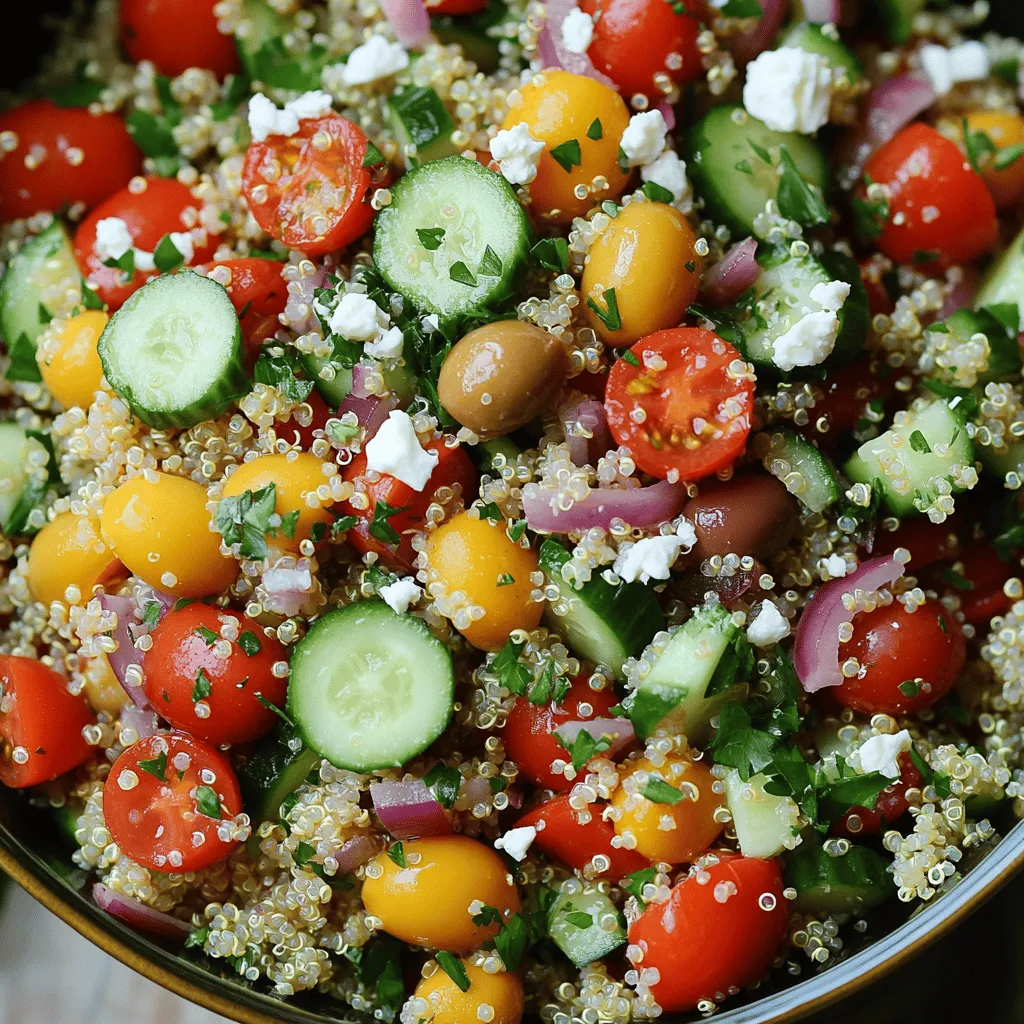 - 1 cup quinoa, thoroughly rinsed - 2 cups vegetable broth or water - 1 cup cherry tomatoes, halved - 1 medium cucumber, diced into small cubes - 1 red or yellow bell pepper, diced - 1/2 small red onion, finely chopped - 1/2 cup Kalamata olives, pitted and sliced - 1/2 cup feta cheese, crumbled (optional for a vegan alternative) - 1/4 cup fresh parsley, chopped finely - 1/4 cup high-quality olive oil - 2 tablespoons freshly squeezed lemon juice - 1 teaspoon dried oregano - Salt and freshly cracked black pepper to taste You can add or swap some ingredients if you want. Here are some ideas: - Use black olives if you prefer. - Try adding chickpeas for extra protein. - Add avocado for creaminess. - Substitute lime juice for lemon juice. - Use quinoa blends for variety in texture. A serving of Mediterranean quinoa salad has about: - 200 calories - 7g protein - 10g fat - 24g carbohydrates - 5g fiber - 200mg sodium This salad is not just tasty; it is also packed with nutrients. Quinoa is a complete protein. The veggies add vitamins and minerals. Enjoy this fresh and healthy option that suits various diets. For the full recipe, check out the details above. To start, take your rinsed quinoa and put it in a medium saucepan. Add 2 cups of vegetable broth or water. Turn the heat to high until it boils. Once it boils, lower the heat to a gentle simmer. Cover the saucepan and let it cook for about 15 minutes. The quinoa will fluff up and soak up all the liquid. After cooking, remove it from the heat and let it sit for a few minutes. Fluff it with a fork and let it cool to room temperature. While the quinoa cools, grab a large mixing bowl. Add 1 cup of halved cherry tomatoes. Next, toss in 1 diced medium cucumber, 1 diced bell pepper, and 1/2 small finely chopped red onion. Don't forget about 1/2 cup of sliced Kalamata olives and 1/4 cup of finely chopped fresh parsley. Mix everything gently to combine. This colorful mix brings fresh flavors to the salad. In a separate small bowl, whisk together 1/4 cup of high-quality olive oil and 2 tablespoons of freshly squeezed lemon juice. Add 1 teaspoon of dried oregano, salt, and freshly cracked black pepper. Blend this well to create a zesty dressing. Once the quinoa has cooled, gently fold it into the vegetable mix. Drizzle the dressing over the top and toss everything carefully. If you like, sprinkle 1/2 cup of crumbled feta cheese over the salad. Taste and adjust with more salt, pepper, or lemon juice. For the best flavor, cover the salad and let it sit for at least 15 minutes before serving. This allows the flavors to blend. You can find the full recipe in the earlier sections. To boost the flavor of your Mediterranean quinoa salad, try adding fresh herbs. Chopped mint or basil brings a bright taste. You can also mix in some sun-dried tomatoes for a sweet, tangy kick. For spice lovers, add a pinch of red pepper flakes. This little touch gives your salad some heat. A splash of balsamic vinegar can deepen the flavor too. Experiment with different combinations to find what you love best. Serve your salad cold or at room temperature. This enhances the fresh flavors. If you make it ahead, keep it in the fridge for up to three days. Store it in an airtight container to keep it fresh. Before serving, taste and adjust the seasoning if needed. Sometimes flavors mellow in the fridge, so a bit more lemon or salt can brighten it up. A good presentation makes any dish more appealing. Serve your Mediterranean quinoa salad in a large, colorful bowl. Garnish with extra parsley or a drizzle of olive oil for shine. You can also create individual servings in mason jars. Layer the ingredients so each layer is visible. This looks fun and is perfect for picnics or gatherings. For a festive touch, add lemon wedges on the side. They make a great visual and add flavor when squeezed. For the full recipe, check out the [Full Recipe]. {{image_4}} You can change the protein in your Mediterranean Quinoa Salad easily. Chickpeas are a great choice. They add protein and fiber. Grilled chicken is another option. It adds a nice smoky flavor. Shrimp can also work well. Just grill or sauté them, then toss them in. You can even mix different proteins for variety. If you want a vegan version, skip the feta cheese. You can add avocado for creaminess instead. Nutritional yeast is a tasty substitute too. It gives a cheesy flavor without using dairy. You can also add more beans or legumes. This will boost protein and make the salad heartier without losing the fresh taste. You can change up the veggies based on the season. In winter, try roasted sweet potatoes or butternut squash. In spring, add peas or asparagus for a fresh crunch. Summer is perfect for zucchini or bell peppers. In fall, consider adding roasted beets or carrots. Each swap keeps the salad fresh and exciting. For the full recipe, check out Mediterranean Quinoa Salad Delight. You can store the Mediterranean quinoa salad in an airtight container. This keeps it fresh and safe. Place the salad in the fridge if you plan to eat it later. Make sure to keep it covered. This prevents the salad from drying out or absorbing other smells. The salad lasts about three to five days in the fridge. After that, the veggies may lose their crunch. If you see any signs of spoilage, it's best to toss it away. Always check the salad before eating. Freshness is key to enjoying this healthy dish. Freezing quinoa salad is not ideal, but you can do it. If you must freeze it, separate the salad and the dressing. Freeze the salad in a container and leave space for expansion. When you want to eat it, thaw it in the fridge overnight. After thawing, add the dressing and mix well. This way, you can still enjoy the flavors without losing quality. Check out the Full Recipe for more tips on making this dish. Yes, you can use other grains. Some great options are farro, bulgur, or barley. These grains add different textures and flavors. Just remember to adjust cooking times and liquid amounts based on the grain you choose. Quinoa cooks quickly and is gluten-free, which is a plus! To prepare this salad ahead of time, cook the quinoa and let it cool. You can chop the veggies and make the dressing in advance. Keep the quinoa, veggies, and dressing separate until you are ready to serve. This keeps everything fresh and crunchy. Mix it all together just before serving for the best taste. Quinoa is packed with nutrients. It is high in protein and is a complete protein, meaning it has all nine essential amino acids. Quinoa is also rich in fiber, which helps with digestion. It contains vitamins and minerals like magnesium and iron. Eating quinoa can help keep your heart healthy and support your energy levels. This blog post covers everything you need to make a delicious Mediterranean Quinoa Salad. We looked at the key ingredients and optional swaps. You learned step-by-step how to cook quinoa, prepare the veggies, and make the dressing. I shared some tips to enhance flavor and the best way to store your salad. We also explored protein options and variations based on the seasons. Now, with this knowledge, you can create a tasty and healthy dish that fits your needs. Enjoy your cooking!