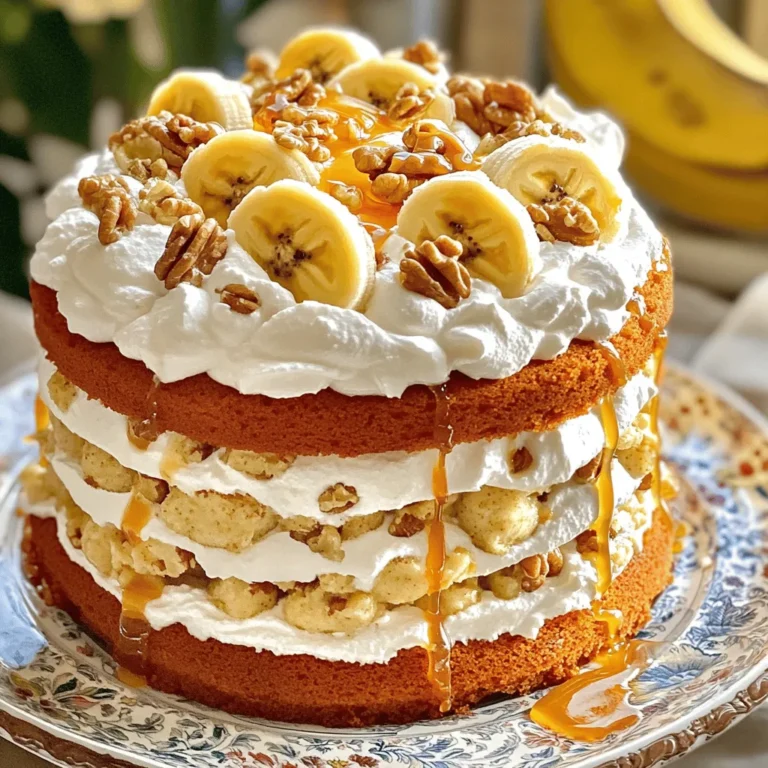 To make Heavenly Banana Walnut Cream Cake, you will need: - 3 ripe bananas, thoroughly mashed - 1 cup granulated sugar - 1/2 cup unsalted butter, softened - 2 large eggs - 1 teaspoon vanilla extract - 1 1/2 cups all-purpose flour - 1 teaspoon baking powder - 1/2 teaspoon baking soda - 1/4 teaspoon salt - 1 cup walnut halves or pieces, chopped - 1/2 cup sour cream - 1 cup heavy whipping cream - 2 tablespoons powdered sugar - 1/2 teaspoon vanilla extract (for the cream layer) When measuring ingredients, be precise. Use a kitchen scale for accuracy. For butter, you can use coconut oil for a dairy-free option. If you want a lighter cake, replace some sugar with applesauce or honey. You can also use Greek yogurt instead of sour cream for added protein. Always choose ripe bananas. They should have brown spots for the best flavor. Fresh walnuts add a nice crunch. Toast them lightly in a dry pan to enhance their taste. Use pure vanilla extract, as it provides a richer flavor than imitation vanilla. For the best cream topping, use heavy whipping cream with at least 36% fat content; this ensures it whips up beautifully. This recipe is simple and full of flavor. For the full recipe, please refer to the instructions above. To start, gather your ingredients. You need ripe bananas, sugar, butter, eggs, and vanilla extract. First, preheat your oven to 350°F (175°C). Grease a 9x13-inch pan with butter or cooking spray. Dust it lightly with flour to stop the cake from sticking. Next, in a large bowl, cream together the softened butter and sugar. Use an electric mixer for about 3-5 minutes until it looks light and fluffy. Then, add the eggs one at a time. Make sure to mix well after each egg. Now, add the mashed bananas and the vanilla extract. Mix until everything is combined. In another bowl, whisk the flour, baking powder, baking soda, and salt. Slowly add this dry mix to your wet mix. Alternate adding this with the sour cream. Start and finish with the flour mix. Stir gently to avoid overmixing. Finally, fold in the chopped walnuts. Once your batter is ready, pour it into the prepared pan. Spread it evenly with a spatula. Bake for 25-30 minutes. To check if it is done, insert a toothpick in the center. It should come out clean or with a few moist crumbs. When baked, let the cake cool completely on a wire rack. While the cake cools, prepare the cream topping. In a mixing bowl, beat the heavy whipping cream, powdered sugar, and vanilla extract together. Use an electric mixer until stiff peaks form, which takes several minutes. Once the cake is cool, spread the whipped cream topping evenly on it. For a nice touch, sprinkle more chopped walnuts and add fresh banana slices on top. This makes your cake look beautiful and tasty. For the full recipe, you can refer to the earlier sections. Enjoy this delightful cake at your next gathering! To make your batter smooth, start with soft butter. Beat it with sugar until fluffy. Add eggs one at a time; mix well after each. This ensures a light cake. Use ripe bananas; they're sweeter and easier to mash. When mixing dry and wet ingredients, alternate them. This keeps the batter from getting too tough. Baking is a science. Follow your oven temperature closely. If it runs hot, your cake may burn. If it’s cool, the cake may not rise. Use a toothpick to check doneness. It should come out clean or with a few crumbs. Let the cake cool fully before adding the cream layer. This keeps the cream from melting and sliding off. Serve the cake chilled for the best taste. Cut it into squares for easy serving. Add fresh banana slices on top for a nice look. You can drizzle caramel sauce over each piece. This adds extra flavor and makes it look fancy. For a twist, pair it with vanilla ice cream. It’s a sweet treat for any occasion. For the full recipe, you can refer back to the earlier section. {{image_4}} You can make a fun twist on the classic cake by adding chocolate chips. Simply mix in one cup of semi-sweet chocolate chips when you fold in the walnuts. The chocolate adds a rich taste and pairs well with the bananas. It turns this cake into a delightful treat for chocolate lovers. Imagine each bite filled with sweet banana, crunchy walnuts, and creamy chocolate. It’s a perfect dessert for any occasion. If you need a gluten-free cake, swap the all-purpose flour for a gluten-free flour blend. Make sure that your blend has xanthan gum; this helps the cake rise and gives it a nice texture. You can use the same amount as the recipe calls for. This way, you can enjoy the same moist and flavorful cake without gluten. The taste and texture will still amaze you and your guests. Feel free to get creative with your cake! You can use other nuts like pecans or almonds. Chop them up and mix them in just like the walnuts. You can also add fruits like blueberries or strawberries. These fruits add a fresh burst of flavor. Just make sure to adjust the amount of bananas if you add more fruit. Each variation gives you a new taste adventure while keeping the essence of the Heavenly Banana Walnut Cream Cake. For the full recipe, check out the complete guide to this delicious cake! Store your Heavenly Banana Walnut Cream Cake in an airtight container. This keeps the cake fresh and moist. If you plan to eat it within a few days, leave it at room temperature. For longer storage, refrigerate it. Always place a sheet of wax paper between the cake and the lid to avoid sticking. This helps maintain the lovely cream topping. You can freeze the cake for later enjoyment. First, let the cake cool completely. Then, cut it into pieces. Wrap each piece tightly in plastic wrap. After that, place the wrapped pieces in a freezer bag. This way, you can enjoy a slice whenever you want. The cake stays good in the freezer for up to three months. When you’re ready to eat, thaw it in the fridge overnight. To reheat your cake, remove it from the fridge or freezer. If it's frozen, let it thaw. You can warm it up in the microwave for about 15-20 seconds. This makes it soft and cozy. Just be careful not to overheat it, or the cream may melt too much. Enjoy your slice warm or at room temperature! To check if the cake is done, insert a toothpick into the center. If it comes out clean or with a few moist crumbs, the cake is ready. You’ll want to bake it for about 25 to 30 minutes. Keep an eye on it as ovens can vary. Yes, you can use frozen bananas! Just thaw them first and drain any extra liquid. Frozen bananas often become very soft, which is great for mixing into the batter. They add natural sweetness and moisture to your cake. If you don't have walnuts, you can use pecans or almonds. You could also try sunflower seeds or even chocolate chips for a fun twist. Just remember to chop them into smaller pieces for even mixing. The cake can last about 3 to 5 days when stored in the fridge. Keep it covered to maintain freshness. If you want to keep it longer, you can freeze it for up to three months. Just wrap it well to avoid freezer burn. For the best taste, enjoy it fresh! For the full recipe, check out the instructions above. In this post, we covered the key steps to make a delicious cake. You learned about important ingredients and how to measure them correctly for the best taste. I shared tips for making the batter and baking it just right, along with ideas for tasty toppings. Remember, you can customize this cake with different flavors or nuts. Lastly, proper storage will keep your cake fresh longer. Enjoy baking and experimenting with your favorite recipes!