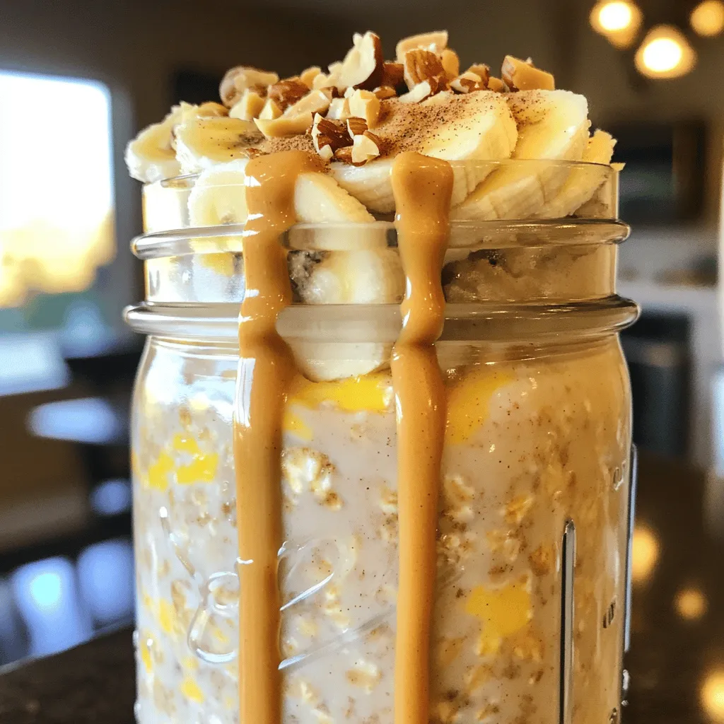 - 1 cup rolled oats - 1 cup almond milk (or any milk of your choice) - 1 ripe banana, sliced - 2 tablespoons peanut butter (choose between creamy or crunchy for texture) - 1 tablespoon honey or maple syrup (optional, for added sweetness) - 1/2 teaspoon vanilla extract - 1/4 teaspoon ground cinnamon - A pinch of salt - Chopped nuts and additional banana slices for garnishing When you gather these ingredients, you set the stage for a tasty breakfast. The rolled oats are the base, giving you fiber that keeps you full. Almond milk adds creaminess and flavor. The ripe banana brings natural sweetness and a lovely texture. Peanut butter is the star here. You can choose creamy for smoothness or crunchy for a fun bite. Honey or maple syrup is optional. It adds sweetness if you like it that way. Vanilla extract gives depth to the flavor, while ground cinnamon adds warmth. Finally, a pinch of salt balances all the flavors. Don’t forget the chopped nuts and extra banana slices. They are great for topping. They make your dish look pretty and add a nice crunch. This recipe is simple yet full of deliciousness. For the complete steps, check out the Full Recipe. 1. In a medium bowl, combine 1 cup of rolled oats and 1 cup of almond milk. 2. Next, add 2 tablespoons of peanut butter. You can choose creamy or crunchy, based on your taste. 3. Then, mix in 1 tablespoon of honey or maple syrup if you want extra sweetness. 4. Add 1/2 teaspoon of vanilla extract, 1/4 teaspoon of ground cinnamon, and a pinch of salt. Stir everything well. 5. Now, gently fold in half of the sliced banana. Be careful not to mash them. 6. Transfer this mixture to a mason jar or an airtight container. 1. Layer the remaining banana slices on top of the oat mixture. This step makes it look nice. 2. Seal the jar tightly, then place it in the fridge for at least 4 hours or overnight. This wait lets the oats soak up the liquid and become soft. 1. When you're ready to eat, stir the oats well. 2. If the oats seem too thick, add a splash of almond milk to make them creamier. 3. Serve the oats in bowls, topping them with extra banana slices and some chopped nuts for crunch. For the full recipe, you can refer to the ingredients list above. Enjoy your delightful breakfast! To get the best texture, soak your oats for at least 4 hours. This gives them time to absorb the liquid and soften. If you want to skip overnight soaking, aim for a minimum of 30 minutes. If your oats are too thick, just add a splash of almond milk when you serve them. This helps to loosen the mixture without losing flavor. Adjusting sweetness is easy; taste before you seal your jar. If you want more sweetness, stir in more honey or maple syrup. Serving your oats in mason jars gives a fun look. It also makes them easy to grab on busy mornings. You can use bowls for a cozy feel, too. To make your oats extra tasty, drizzle some peanut butter on top. Sprinkle a little cinnamon for added flavor. For a creative twist, try adding toppings like seeds, coconut flakes, or even fresh berries. This adds color and crunch to your dish. For the full recipe, check the details above. Enjoy your tasty morning treat! {{image_4}} You can change up the taste of your peanut butter banana overnight oats easily. Try using different nut butters like almond or cashew. Each nut butter adds a unique flavor. You can also mix in cocoa powder or protein powder for an extra health boost. This can make your breakfast more filling. Flavored dairy alternatives, like vanilla almond milk, can give your oats a tasty twist too. Toppings can make your overnight oats even better. Fresh fruits, like berries or apples, add sweetness and color. Seeds such as chia or flaxseed offer health benefits, too. They are rich in fiber and omega-3s. For extra crunch, sprinkle some granola on top. This adds texture and makes your meal more fun to eat. If you have dietary needs, you can still enjoy this recipe. Use gluten-free oats if you have gluten sensitivities. This makes the dish safe for everyone. For vegan options, switch to plant-based sweeteners like maple syrup. These small changes let you enjoy tasty overnight oats without worry. For the full recipe, check out the detailed instructions above. How long do overnight oats last in the refrigerator? Overnight oats stay fresh for about 3 to 5 days in the fridge. This makes them perfect for meal prep! What containers should I use? Use airtight containers or mason jars. These keep your oats fresh and tasty. They also help prevent spills. How can I stop banana slices from browning? To avoid browning, add a splash of lemon juice on the banana slices. You can also add the bananas right before serving. How do I freeze overnight oats? To freeze, portion your oats into containers. Leave some space for expansion. Seal them tight and place them in the freezer. How do I thaw frozen oats? To thaw, move the oats to the fridge overnight. You can also warm them in the microwave for a quick meal. What happens to texture after thawing? The texture may change slightly. Frozen oats can become a bit softer. Stir well and add a splash of milk for creaminess. For the full recipe, check out the Peanut Butter Banana Overnight Oats section. Rolled oats work best for overnight oats. They soak up liquid well and soften nicely. Quick oats can also be used but may become too mushy. Steel-cut oats take longer to soften and are not ideal for this recipe. You can use steel-cut oats, but they need more time to soak. I recommend soaking them for at least 12 hours. Steel-cut oats offer a chewier texture compared to rolled oats. You can use almond milk or any plant-based milk. Coconut milk, soy milk, or oat milk are great options too. These alternatives add flavor and keep the dish creamy. Soaking the oats overnight is key. It helps the oats absorb the liquid and become soft. If you are in a hurry, let them soak for at least 4 hours. Yes, you can make several servings at once. Just layer your oats in separate jars. This way, you have easy, grab-and-go breakfasts ready for the week. Check out the Full Recipe for a detailed guide on making these tasty oats! Overnight oats are simple and fun to make. You learned how to mix basic ingredients, like oats and almond milk, to create a tasty breakfast. You can customize flavors and toppings to fit your taste. Remember to let them chill overnight for the best results. With these tips and variations, you can enjoy overnight oats daily. So grab your jars, get creative, and enjoy this easy, healthy meal!
