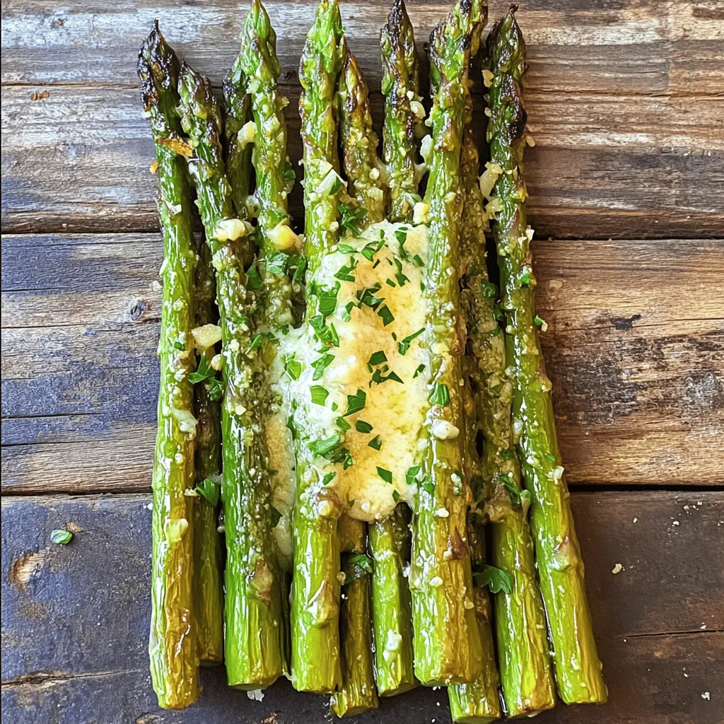 - 1 pound fresh asparagus - 4 cloves garlic, minced - 1 medium lemon (zest and juice) - Olive oil - Sea salt and black pepper - Optional: crushed red pepper flakes and grated Parmesan cheese To make Lemon Garlic Roasted Asparagus, you need fresh ingredients. Start with fresh asparagus. Look for spears that are firm and bright green. They should feel crisp to the touch. Next, grab some garlic. Four cloves will give your dish that rich, savory flavor. Finally, you need one lemon. Use it for both zest and juice. This adds brightness and tang to the dish. Now, let’s talk about pantry staples. Olive oil is key for roasting. It helps the asparagus get that lovely golden color. You will also need sea salt and black pepper. These add basic seasoning. If you want a kick, use crushed red pepper flakes. They bring a nice heat. For a touch of richness, sprinkle some grated Parmesan cheese on top. It melts into the asparagus and adds depth. Gather these ingredients together, and you are ready to cook. For the full recipe, check out the provided link. It guides you step by step to create this tasty side dish. - Preheat the oven to 400°F (200°C). This step is key for roasting asparagus. A hot oven helps the asparagus get tender and slightly crispy. - Prepare the marinade in a mixing bowl. In a large bowl, mix together: - 3 tablespoons extra virgin olive oil - 4 cloves garlic, minced - Zest of 1 medium lemon - 2 tablespoons freshly squeezed lemon juice - 1 teaspoon fine sea salt - 1/2 teaspoon freshly ground black pepper - 1/4 teaspoon crushed red pepper flakes (optional for heat) Whisk these ingredients until they blend well. The aroma will be bright and inviting. - Coat the asparagus and arrange on a baking sheet. Add 1 pound of trimmed asparagus to the marinade. Toss gently to coat each spear. This ensures every bite bursts with flavor. Line a baking sheet with parchment paper for easy cleanup. Spread the asparagus in a single layer on the sheet. - Roast for 12-15 minutes, adding cheese towards the end. Place the baking sheet in your preheated oven. Roast until the asparagus is tender yet crisp. About 2 minutes before the end, sprinkle 2 tablespoons of grated Parmesan cheese over the asparagus. This adds a creamy, savory touch. Once done, let the asparagus cool slightly before serving. You can find the full recipe to guide your cooking experience. Enjoy the bright taste of lemon and garlic in a simple yet delightful dish! - Look for firm and vibrant green spears. - Avoid asparagus with soft or wilted tips. When picking asparagus, freshness is key. I always choose spears that feel crisp and look bright. This choice ensures a better flavor and texture after roasting. If you find asparagus with yellowing or limp tips, skip them. They won't taste good and can ruin your dish. - Try adding herbs like thyme or basil for extra depth. - Serve on a platter with lemon wedges for a pop of color. To boost flavor, consider mixing in fresh herbs. Thyme adds a lovely earthiness. Basil brings a sweet touch that pairs well with lemon. For an elegant touch, place the roasted asparagus on a large platter. Adding lemon wedges beside the dish allows guests to squeeze more juice. This little detail makes your meal more interactive and visually appealing. {{image_4}} You can easily change this dish to meet your needs. For those who follow a vegan diet, try using nutritional yeast instead of cheese. This gives a cheesy flavor without dairy. If you're watching your sodium intake, swap out sea salt for herbs. Try garlic powder or onion powder for extra taste without the salt. Mix things up by using different veggies. Broccoli or green beans work well with lemon and garlic. They soak up flavors and add variety to your meals. You can also try herbs like thyme or rosemary. These herbs pair nicely with asparagus and add a fresh twist. Experimenting with spices like cumin or smoked paprika can create a fun new flavor profile for your dish. To keep your Lemon Garlic Roasted Asparagus fresh, use an airtight container. Glass or plastic containers with tight lids work well. Store the asparagus in the fridge. It will stay good for about 3 to 5 days. If you want the best taste, eat it sooner rather than later. To reheat, the oven is your best friend. Preheat it to 350°F (175°C). Place the asparagus on a baking sheet and warm for about 10 minutes. This method keeps the texture nice and crisp. If you're in a hurry, you can use a microwave. Heat it in short bursts of 30 seconds. Be careful not to overcook it, or it may become mushy. Roasting asparagus takes about 12 to 15 minutes. You want them tender but still crisp. Check them at the 12-minute mark. If they are bright green and tender, they are ready! You can use frozen asparagus, but the texture will differ. Frozen asparagus often becomes softer when cooked. For the best taste, fresh asparagus is the way to go. Lemon garlic roasted asparagus pairs well with many dishes. Consider serving it with grilled chicken, salmon, or steak. It also goes great with quinoa or rice. For a complete meal, add a fresh salad. The ingredients in this recipe are already gluten-free. Use gluten-free cheese or skip the cheese if needed. Enjoy the flavors without worry! For the full recipe, check out the link provided. In this post, we looked at how to make Lemon Garlic Roasted Asparagus. We covered key fresh ingredients and pantry staples you need to create this dish. I provided step-by-step instructions for roasting, along with tips for selecting and storing asparagus. We also discussed variations to fit dietary needs and answered FAQs about roasting times and serving suggestions. Cooking this simple dish is easy and rewarding. Enjoy your tasty asparagus as a side or a snack!