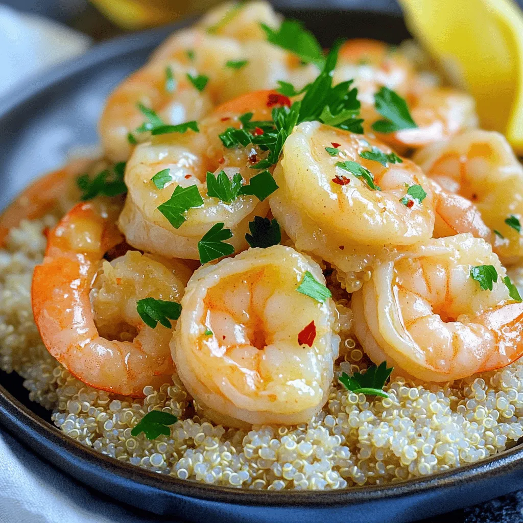 - 1 lb large shrimp, peeled and deveined - 4 tablespoons unsalted butter - 4 cloves garlic, finely minced - 1 teaspoon lemon zest - 1 tablespoon freshly squeezed lemon juice - 1 teaspoon red pepper flakes - 1 cup cooked quinoa or rice - 2 tablespoons fresh parsley, finely chopped - Salt and black pepper to taste Gathering the right ingredients is key to making this dish shine. For the shrimp, I like to use large ones. They cook faster and stay juicy. You need unsalted butter to control the salt level. Fresh garlic adds a punch of flavor. The lemon zest and juice balance the richness of the butter. A pinch of red pepper flakes gives it a nice kick. You can serve it over a bed of quinoa or rice. This adds texture and makes the meal filling. Fresh parsley not only looks pretty but also adds freshness. Don’t forget the salt and pepper! They enhance all the flavors in the dish. For the full recipe, check out the details above and get cooking! - Prepare the shrimp by rinsing and drying. - Melt the butter in a skillet over medium heat. Let's dive into the preparation first. Rinse the shrimp under cold water. This helps to clean them. After rinsing, use a paper towel to dry them gently. Dry shrimp cook better and absorb flavors well. Next, take a large skillet and put it on medium heat. Add the unsalted butter to the skillet. Keep an eye on it as it melts. You want it to melt but not turn brown. - Sauté garlic until golden. - Cook the shrimp until pink and opaque. Once the butter is melted, add the minced garlic. Sauté the garlic for about one minute. You want it to turn golden and smell great. Be careful not to let it burn, as burnt garlic can taste bitter. Now, it’s time for the shrimp. Place the shrimp in the skillet in one layer. Season them with salt, black pepper, and red pepper flakes. Cook the shrimp for about 2-3 minutes on each side. They should turn pink and opaque when done. - Incorporate lemon juice and zest. - Add fresh herbs and plate the dish. After the shrimp are cooked, drizzle fresh lemon juice over them. Don’t forget to add the lemon zest as well. Stir gently to mix the flavors. Cook for another minute to let the lemon shine. Now, take the skillet off the heat. Stir in the chopped parsley for freshness. On individual plates, serve a bed of cooked quinoa or rice. Top each plate with the garlic butter shrimp. Drizzle any extra sauce from the skillet over the shrimp for added flavor. For a pretty touch, serve the dish hot with lemon wedges on the side. Garnish with extra parsley to make it look nice. Enjoy this quick and tasty meal! For the complete recipe, check the [Full Recipe]. - Always watch the butter as it melts. You want it soft, not brown. - Shrimp size matters. Larger shrimp need more time to cook than smaller ones. - Try adding herbs like thyme or basil for a twist. - Use high-quality butter; it makes a big difference in taste. - For a pretty plate, stack the shrimp high. It looks great! - Serve with lemon wedges and parsley for a fresh touch. Quinoa or rice makes a nice side too. For the full recipe, please check the [Full Recipe]. {{image_4}} You can easily switch shrimp for other proteins. Scallops work well and taste great. Chicken is another option. Just make sure to cut it into small pieces for even cooking. For a vegetarian twist, try using mushrooms. They soak up the garlic butter and add a nice texture. You can change up the flavors in this dish. Adding smoked paprika gives a warm, smoky taste. You can also toss in some fresh spinach or diced bell peppers. These veggies add color and extra nutrition to your meal. If you're serving this dish with rice, you can make it gluten-free. Simply choose gluten-free rice or quinoa to enjoy. If you want a low-carb option, try serving the shrimp over zucchini noodles. This keeps the meal light but still very tasty. You can find the full recipe [here](#). To store leftover garlic butter shrimp, place it in an airtight container. This keeps the shrimp fresh and prevents odors from spreading. You can keep it in the fridge for up to two days. After that, the shrimp may lose flavor and texture. If you want to freeze garlic butter shrimp, follow these steps: - Let the shrimp cool completely. - Place it in a freezer-safe bag or container. - Remove as much air as possible before sealing. This shrimp can last in the freezer for up to three months. When you’re ready to use it, thaw it in the fridge overnight. Avoid thawing at room temperature, as this can cause bacteria to grow. To reheat garlic butter shrimp, use one of these methods: - Heat in a skillet over low heat, stirring gently. - Microwave in short bursts at medium power, checking often. Both methods help keep the shrimp juicy and flavorful. Avoid using high heat, as this can make the shrimp rubbery. Enjoy your meal again without losing its yummy taste! For the full recipe, check out the details above. Cooking garlic butter shrimp takes about 30 minutes. You need 10 minutes for prep and 20 minutes for cooking. This quick meal is perfect for busy days. You will love how fast it comes together! Yes, you can use frozen shrimp. Just make sure to thaw them first. To thaw, place the shrimp in the fridge overnight or run them under cold water for 10-15 minutes. This way, they cook evenly and taste great. Garlic butter shrimp pairs well with many sides. Here are some ideas: - Cooked quinoa - Rice - Steamed vegetables - Garlic bread - A fresh salad These sides complement the shrimp and make a complete meal. You can tell shrimp is done when it turns pink and opaque. The flesh should be firm but not rubbery. If you see a nice curl shape, that’s a good sign too. Always check to ensure it is fully cooked for safety. This blog post shared a simple garlic butter shrimp recipe. We covered the key ingredients, preparation steps, and cooking methods. I offered tips for perfecting your dish and some tasty variations. Remember, you can easily adjust flavors and sides to fit your taste. With practice, you'll impress everyone with your shrimp cooking skills. Enjoy your cooking journey and make it your own!
