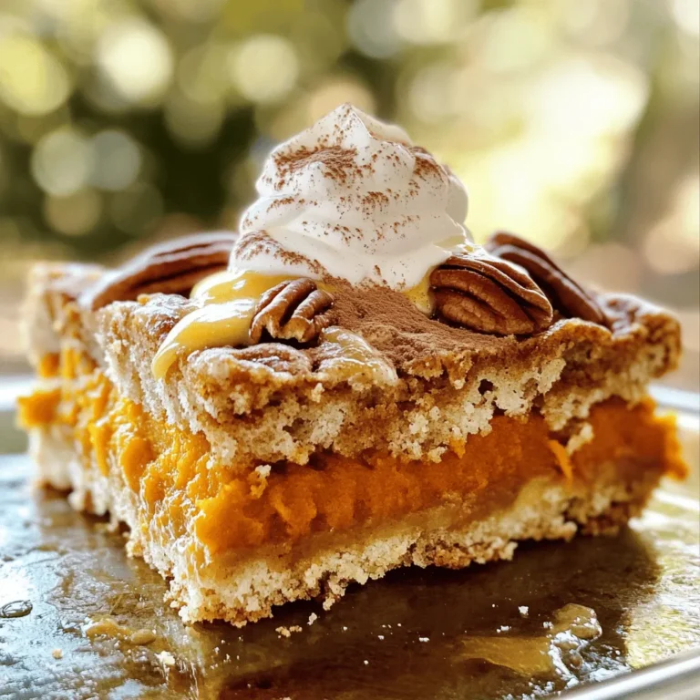 - 1 (15 oz) can pumpkin puree - 1 (12 oz) can evaporated milk - 3 large eggs - 1 cup granulated sugar - 1 box (15.25 oz) yellow cake mix - 1/2 cup unsalted butter, melted - 1 teaspoon pure vanilla extract - 1 teaspoon ground cinnamon - 1/2 teaspoon ground nutmeg - 1/2 teaspoon ground ginger - 1/4 teaspoon salt - 1 cup chopped pecans - Whipped cream for serving The main ingredients create a rich and creamy base. Pumpkin puree gives it that classic flavor. Evaporated milk adds creaminess, while eggs bind everything together. The sugar sweetens the mix. The yellow cake mix forms a lovely topping. The melted butter helps it brown nicely. Spices bring warmth to the dish. Vanilla extract adds depth. Ground cinnamon gives it that cozy taste. Nutmeg and ginger add a warm kick. Salt balances the sweetness. Optional ingredients can elevate your dump cake. Chopped pecans add crunch and flavor. Whipped cream is a perfect topping for serving. You can find the full recipe [here]. This Pumpkin Pie Dump Cake is simple yet full of flavor. - Preheat the oven to 350°F (175°C). - Lightly grease a 9x13 inch baking dish with cooking spray or butter. - In a large bowl, combine pumpkin puree, evaporated milk, eggs, sugar, vanilla, cinnamon, nutmeg, ginger, and salt. - Blend until smooth and creamy. - Pour the pumpkin mixture evenly into the prepared baking dish. - Sprinkle the dry cake mix over the pumpkin layer without stirring. - Drizzle the melted butter on top and add chopped pecans if you like. - Place the baking dish in the oven and bake for 50-60 minutes. - Check for doneness by inserting a toothpick in the center; it should come out clean. - Allow the cake to cool for 10-15 minutes before serving. - For a special touch, top with whipped cream and a sprinkle of cinnamon. For the full recipe, check out the detailed instructions above. Enjoy your delicious Pumpkin Pie Dump Cake! To make the best pumpkin pie dump cake, start with pure pumpkin puree. This is key. Avoid using pumpkin pie filling, as it has added sugars and spices. Pure pumpkin gives you full control over flavor. When you layer the cake mix, do not stir. This is very important! If you stir, the mix will not form a nice topping. Let the cake mix sit on top. It will create a lovely texture while baking. This cake is best served warm. A generous dollop of whipped cream takes it to the next level. The cream adds richness and a nice contrast to the pumpkin flavor. For a festive touch, add a sprinkle of cinnamon on top. It’s simple, but it makes your dessert look special. You can also add some chopped pecans for a crunchy twist. Enjoy your delicious treat! {{image_4}} You can easily make a gluten-free version of this cake. Start with a gluten-free cake mix. There are many brands available in stores. Check labels for safe options. You may need to adjust your other ingredients. Use gluten-free flour in place of regular flour if needed. This keeps your cake tasty and safe for all. Want to add some chocolate flavor? You can mix cocoa powder into the pumpkin layer. Or, use chocolate cake mix instead of yellow cake mix. This gives a rich, sweet twist. Pair it with chocolate chips or a hint of espresso. These flavors work great together and add depth. If you want a nut-free cake, skip the pecans. Instead, add a sprinkle of sunflower seeds or pumpkin seeds for crunch. You can also enhance flavors with a bit of toasted coconut. This keeps your cake tasty and safe for those with nut allergies. Enjoy all the flavors without worry. For the full recipe, check back to the main section. To keep your Pumpkin Pie Dump Cake fresh, store it in the fridge. Place the cake in an airtight container or cover it tightly with plastic wrap. The cake stays good for about 3 to 4 days. After that, it may dry out or lose its flavor. You can freeze Pumpkin Pie Dump Cake for longer storage. First, let the cake cool completely. Then, cut it into pieces and wrap each slice in plastic wrap. Place the wrapped slices in a freezer bag or container. This way, the cake can last up to 3 months in the freezer. When you want to enjoy it again, take out a slice and let it thaw in the fridge overnight. To reheat, place the slice in the microwave for about 30 seconds or until warm. This will bring back its yummy taste, making it just as delightful as when you first baked it. Pumpkin Pie Dump Cake lasts about 4 to 5 days in the fridge. Keep it in an airtight container to keep it fresh. If you want to enjoy it longer, consider freezing it. It can last up to 2 months in the freezer. Just make sure to wrap it well to avoid freezer burn. Yes, you can make this recipe ahead of time. Prepare the pumpkin mixture and layer it in the baking dish. Cover it and store it in the fridge for up to 24 hours before baking. When ready, add the cake mix and butter, then bake. This makes it easy to serve at gatherings or special occasions. Dump cakes are easier and quicker to make than traditional cakes. You simply "dump" the ingredients into a dish. There’s no mixing, which saves time and effort. Traditional cakes require more steps, like creaming butter and sugar. Dump cakes also have a unique texture, with a soft base and a crumbly topping. This makes them a comforting dessert that many love. This blog post detailed how to make a tasty Pumpkin Pie Dump Cake. We covered the ingredients needed, like pumpkin puree and yellow cake mix, and shared step-by-step instructions. I also included helpful tips for the best results and tasty variations, like a gluten-free option. In closing, this dessert is simple and fun to make. It’s perfect for any gathering. I hope you enjoy baking and sharing it with friends and family. Happy baking!