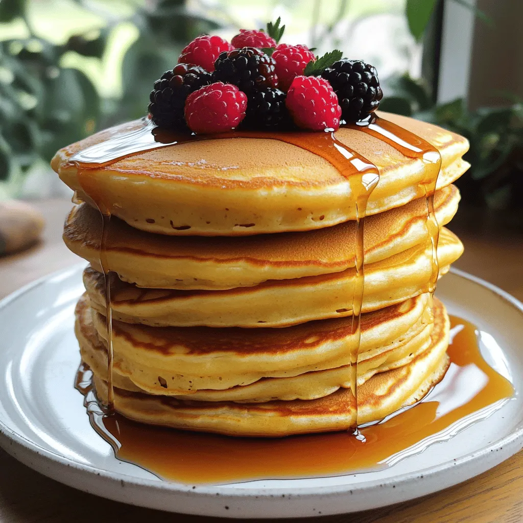 To make these fluffy pancakes, you need some simple ingredients. Gather the following: - 1 cup all-purpose flour - 2 tablespoons granulated sugar - 1 tablespoon baking powder - 1/2 teaspoon salt - 1 cup whole milk - 1 large egg - 2 tablespoons melted butter (plus additional for cooking) - 1 teaspoon vanilla extract - Maple syrup, for serving - Fresh berries, for garnish (optional) Each ingredient plays an important role. The flour gives structure, while sugar adds sweetness. Baking powder helps the pancakes rise and become fluffy. The milk and egg add moisture. Vanilla gives a lovely flavor, and butter adds richness. Finally, maple syrup and berries make the dish special. For more details, you can check the Full Recipe. Start by sifting together the following ingredients in a large bowl: - 1 cup all-purpose flour - 2 tablespoons granulated sugar - 1 tablespoon baking powder - 1/2 teaspoon salt Sifting helps mix these dry ingredients well. Next, create a well in the center of the dry mix. This well will hold the wet ingredients later. In another bowl, whisk together these ingredients: - 1 cup whole milk - 1 large egg - 2 tablespoons melted butter - 1 teaspoon vanilla extract Make sure to whisk until the mixture is smooth and fully blended. This step is key for a soft pancake texture. Now, gently fold the wet mixture into the dry ingredients. Be careful not to overmix; a few lumps are okay. This will help keep your pancakes fluffy. Let the batter rest for about 10 minutes. This resting time lets the baking powder work, which makes your pancakes light and airy. While the batter rests, preheat a non-stick skillet over medium heat. Lightly grease it with more melted butter. For each pancake, pour 1/4 cup of batter onto the skillet. Cook until bubbles form and the edges look set, about 2-3 minutes. Carefully flip each pancake using a spatula. Cook for another 2-3 minutes until golden brown. Adjust the heat if needed to avoid burning. Keep the cooked pancakes warm in a low oven while you finish the batter. Serve them stacked high on a plate, drizzle with warm maple syrup, and add fresh berries if you like. Enjoy! For the complete recipe, refer to the [Full Recipe]. To make your pancakes super fluffy, let the batter rest for about 10 minutes. This step helps the baking powder activate. The bubbles in the batter will rise while it sits, helping each pancake become light and airy. Avoid overmixing your batter. Mix it just enough to combine the wet and dry ingredients. A few lumps are okay. If you mix too much, the pancakes may turn out dense. Get your skillet to the right temperature. Preheat it over medium heat. A hot skillet ensures that the pancakes cook evenly. If it is too hot, the pancakes may burn on the outside and stay raw inside. When flipping the pancakes, wait for bubbles to form on the surface. This shows they are ready to flip. Use a wide spatula to turn them over gently. This method helps keep the pancakes intact and golden brown. For a beautiful stack, place the pancakes on top of each other. Drizzle warm maple syrup over the top for sweetness. You can add fresh berries to make the dish pop with color. This makes your breakfast look and taste amazing. For extra flair, dust the pancakes with powdered sugar before serving. This small touch adds a nice finish and makes them feel more special. You can find the full recipe to create these fluffy delights in the earlier section! {{image_4}} You can make pancakes even better by adding fun flavors. Chocolate chips are a sweet treat. Just fold in a half cup into the batter. Nuts like walnuts or pecans add a nice crunch. They give a tasty twist that everyone loves. Spices can also change the flavor a lot. Cinnamon gives a warm taste. Nutmeg adds a hint of sweetness. Just sprinkle in about half a teaspoon of either spice to really make your pancakes pop. If you need gluten-free pancakes, you can swap out the flour. Use almond flour or a gluten-free mix instead. This change keeps them fluffy and delicious. For a dairy-free option, pick almond milk or oat milk. You can also use coconut oil instead of butter. Both options keep the pancakes rich without dairy. Seasonal flavors can make your pancakes special. In fall, try a pumpkin spice version. Just add half a cup of pumpkin puree and a teaspoon of pumpkin pie spice. In summer, fresh fruit is a great choice. Blueberries, strawberries, or sliced bananas can brighten up each bite. You can fold them into the batter or pile them on top. Explore these variations to keep your fluffy pancakes exciting! For a detailed guide on making these delightful pancakes, check out the Full Recipe. To store leftover pancakes, let them cool first. Place them in an airtight container. You can keep them in the fridge for up to three days. When you want to enjoy them again, reheat in the microwave. Heat for about 20 seconds or until warm. This method helps keep them fluffy. If you want to freeze pancakes, stack them with parchment paper between each one. This prevents sticking. Place the stack in a freezer bag or container. They can last up to two months in the freezer. To enjoy, take the pancakes out and let them thaw. You can reheat them in the microwave or toaster. Heat until warm and fluffy again. Pancakes last about three days in the fridge. In the freezer, they can stay fresh for up to two months. Always check for signs of spoilage before eating. If they smell off or look weird, it’s best to toss them. This way, you keep your meals safe and tasty. To make your pancakes fluffier, use fresh baking powder. This helps them rise better. You can also separate the egg. Whip the egg white until it’s stiff. Then fold it into the batter gently. Another tip is to avoid overmixing. Mix just until the dry and wet ingredients combine. A few lumps are okay! Yes, you can make pancakes without eggs! Use mashed banana or applesauce as a substitute. A quarter cup of either will work well. You can also mix one tablespoon of flaxseed meal with three tablespoons of water. Let it sit for a few minutes until it thickens. This will help bind your batter. Yes, letting the batter rest is important. It allows the baking powder to activate and makes your pancakes fluffier. The rest time should be about 10 minutes. This gives the flour time to absorb the liquid too. You’ll notice a difference in texture when you let it rest. Serve your fluffy pancakes stacked high on a plate. Drizzle warm maple syrup over them for sweetness. Fresh berries like strawberries or blueberries make great toppings too. You can add whipped cream for extra indulgence. Dusting with powdered sugar adds a nice touch. Leftover pancakes can be stored in the fridge for up to three days. Place them in an airtight container. You can also freeze pancakes for up to two months. Just make sure to separate them with parchment paper. This prevents them from sticking together. To reheat, use a toaster or microwave until warm. For the best taste, add some maple syrup! You learned how to make fluffy pancakes from scratch. We looked at the right ingredients and step-by-step instructions. I shared tips to make them light and fluffy. You can try fun flavor twists and learn how to store leftovers. Delicious pancakes can be easy and quick. Now, grab your ingredients and start cooking. Enjoy your tasty pancakes!