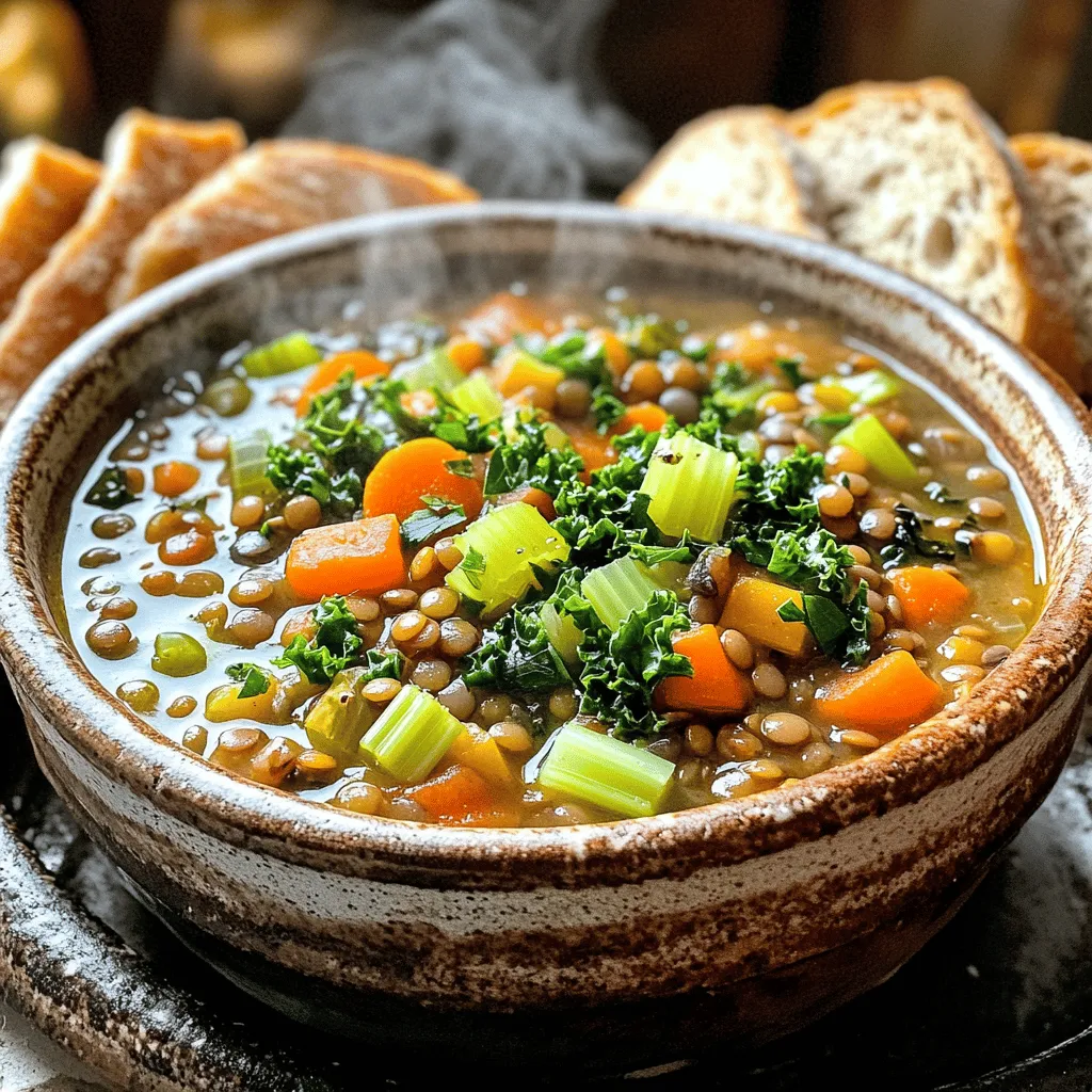 - 1 cup green or brown lentils, thoroughly rinsed - 2 tablespoons high-quality olive oil - 1 medium onion, finely chopped - 2 medium carrots, peeled and diced - 2 celery stalks, diced - 4 cloves of garlic, minced - 1 teaspoon ground cumin - 1 teaspoon smoked paprika - 1 bay leaf - 4 cups vegetable broth (preferably homemade or low-sodium) - 1 can (14 oz) diced tomatoes, with their juice - 1 cup fresh kale or spinach, chopped - Salt and freshly ground black pepper to taste - Fresh parsley, chopped, for garnish This recipe showcases simple, wholesome ingredients. Lentils are the star here. They provide protein and fiber, making this stew filling and healthy. You can choose green or brown lentils. Both work well and give a nice texture. The mix of fresh veggies adds great flavor. Onion, carrots, and celery create a solid base. Garlic adds depth, while spices like cumin and smoked paprika bring warmth. The bay leaf adds a subtle hint of earthiness. Using vegetable broth brings richness to the stew. If you have homemade broth, use it! Canned tomatoes add acidity and sweetness, balancing the dish. Finally, kale or spinach gives a pop of color and nutrition. This hearty meal is not just tasty. It is also a great option for those seeking health benefits. Lentils help with digestion and provide essential vitamins and minerals. Plus, the veggies keep you feeling full and satisfied. For the full recipe, check out the details above. You'll love how easy it is to make this nourishing dish! To start, gather your ingredients. Chop the onion, carrots, and celery. This adds flavor and texture. Heat 2 tablespoons of olive oil in a large pot over medium heat. Once it shimmers, add the chopped onion, carrots, and celery. Sauté them for about 5-7 minutes. Stir occasionally. The goal is to soften the veggies and make the onion translucent. Next, add 4 minced garlic cloves, 1 teaspoon of ground cumin, 1 teaspoon of smoked paprika, and 1 bay leaf. Cook for one more minute. This helps release the spices' fragrant flavors. Now, it’s time to add 1 cup of rinsed lentils, 4 cups of vegetable broth, and a can of diced tomatoes (with their juice). Bring this mixture to a rolling boil. Then, reduce the heat to low. Cover the pot and let it simmer for about 25-30 minutes. You'll want the lentils tender but not mushy. During the last 5 minutes of cooking, add 1 cup of chopped kale or spinach. Stir well, letting the greens wilt and brighten. This adds nutrients and color to your stew. It’s essential to monitor the cooking time closely. You don’t want to overcook the lentils. Once your stew is ready, taste it. Add salt and freshly ground black pepper as needed. Don’t forget to remove the bay leaf before serving. For a beautiful presentation, ladle the stew into warm bowls. Garnish each serving with fresh parsley. This adds a pop of color and flavor. Serve with crusty bread or a warm baguette. It’s perfect for soaking up the delicious broth! Enjoy your meal! For the complete recipe, check out the Full Recipe. To cook lentils perfectly, rinse them well before use. This step removes dirt and debris. Use a pot with a heavy base to prevent burning. Start cooking lentils in boiling water for best results. For flavor, fresh herbs can make a big difference. Try adding thyme, rosemary, or bay leaves during cooking. Spices like cumin and smoked paprika boost the taste too. A splash of lemon juice at the end adds brightness to your stew. Lentil stew pairs well with many sides. Serve it with crusty bread or warm rice. A fresh salad on the side adds a nice crunch. For garnishing, sprinkle fresh parsley over each bowl. This not only adds color but enhances flavor. You can also add a dollop of yogurt for creaminess. One common mistake is overcooking lentils. They should be tender but not mushy. Keep an eye on them as they cook. Another mistake is not seasoning enough. Taste your stew before serving. Add salt and pepper as needed to bring out the flavors. {{image_4}} You can easily swap lentils for other legumes. Red lentils cook faster and become softer. Split peas offer a similar texture. For added flavor, try mixing in some diced sweet potatoes or butternut squash. You can also add any veggies you have on hand, like zucchini or bell peppers. These swaps help you create unique tastes with each batch. To make this stew heartier, consider adding meats. Bacon or sausage can add a nice richness. Just sauté them with the veggies at the start. For a spicy kick, toss in chopped chili or a dash of cayenne pepper. This adds warmth and depth to the stew. You can adjust the spice level to your taste. If you need a gluten-free option, this stew is already safe. Just ensure your broth is gluten-free. For a low-sodium version, use low-sodium broth and skip extra salt. If you want a vegan stew, skip any meat. This recipe is flexible and can fit many diets. You can enjoy a warm bowl of stew no matter your dietary needs. To store leftovers properly, let the stew cool first. Transfer it to an airtight container. This keeps out air and moisture. You can keep it in the fridge for up to five days. Always check for any signs of spoilage before eating. To freeze the stew, first cool it completely. Pour it into freezer-safe bags or containers. Remove as much air as possible to avoid freezer burn. Label the bags with the date. The stew can be frozen for up to three months. To reheat frozen lentil stew, thaw it overnight in the fridge. You can also use the microwave for quick thawing. Once thawed, heat it on the stove over low heat. Stir often until it warms up. For best results, add a splash of broth if it seems thick. For reheating, use a medium pot on low heat. Stir gently to mix the flavors. This helps maintain the stew's texture. If using a microwave, cover the bowl to keep moisture in. Heat in short bursts and stir in between. This way, you avoid hot spots or uneven heating. Lentil stew can last about five days in the fridge. To keep it fresh, store it in an airtight container. Make sure to let it cool before sealing. This helps prevent moisture buildup. If you want, you can freeze the stew for up to three months. Just thaw it in the fridge before reheating. Yes, you can use other beans. Black beans, kidney beans, or chickpeas work well. Each type will change the stew's taste and texture. Just make sure to adjust the cooking time. Some beans may take longer to cook than lentils. Absolutely! Lentil stew is great for meal prep. You can make a large pot and store it for the week. It keeps well in the fridge and tastes even better after a day or two. Portion it out into containers for easy meals. Just reheat and enjoy whenever you want. Yes, you can make lentil stew in a slow cooker. Just add all the ingredients to the slow cooker. Set it on low for six to eight hours or high for three to four hours. This method allows the flavors to blend nicely. Stir it occasionally if you can for the best taste. Lentil stew pairs well with many sides. You can serve it with crusty bread or rice. A fresh salad with greens and a light dressing also complements the stew. For a heartier meal, try adding some roasted vegetables or a side of quinoa. Enjoy your delicious meal! For the complete recipe, check out the Full Recipe section. Lentil stew is simple, tasty, and good for your health. You learned about key ingredients, nutritional benefits, and cooking steps. We also discussed storage tips and variations to keep things exciting. It's a dish you can make your own by adding spices or veggies. Enjoy sharing this meal with family or friends. Remember, lentil stew is not only hearty but also flexible for any diet. It’s perfect for meal prep and easy to store. Now, get cooking and savor each delicious bite!