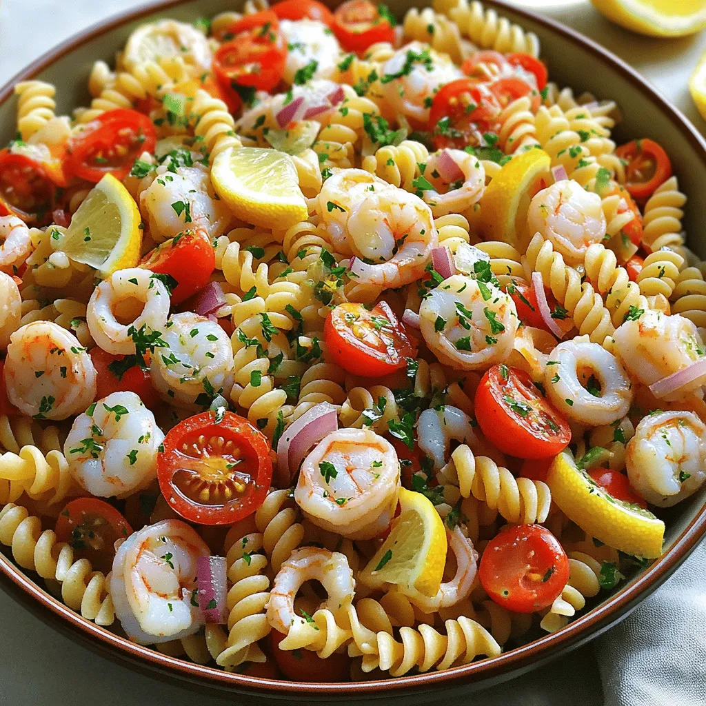 - 8 ounces fusilli pasta - 1 cup cherry tomatoes, halved - 1 cup cooked shrimp, peeled and deveined - 1 cup calamari rings, cooked - 1 cup scallops, cooked and quartered - 1/2 cup red bell pepper, diced - 1/4 cup red onion, finely chopped - 1/4 cup black olives, sliced - 1/3 cup fresh parsley, finely chopped The main star of this dish is fusilli pasta. Its spiral shape holds sauce well, creating a delightful bite. Next, seafood brings life to your salad. I love using shrimp, calamari, and scallops. Each adds a unique flavor and texture. Fresh vegetables enhance the dish, adding crunch and color. Cherry tomatoes and bell peppers are my favorites. They blend perfectly with seafood. Red onion gives a nice sharpness, while black olives add a salty kick. Lastly, fresh parsley brightens everything. It adds a hint of freshness that ties all the flavors together. - 1/4 cup extra-virgin olive oil - 2 tablespoons freshly squeezed lemon juice - 1 teaspoon garlic powder - 1 teaspoon dried oregano - Salt and freshly ground pepper to taste A great dressing can make or break your salad. I use extra-virgin olive oil for a rich flavor. Fresh lemon juice adds a zesty touch. Garlic powder and oregano bring warmth and depth. Season with salt and pepper to taste. This dressing balances the seafood and veggies perfectly. You can adjust the ingredients based on your taste. Want it tangier? Add more lemon juice! - Caloric content per serving: around 400 calories - Breakdown of macronutrients: 15g fat, 25g protein, 50g carbs - Dietary modifications: gluten-free pasta options available This seafood pasta salad is not just delicious; it’s healthy too! Each serving has about 400 calories. With 15g of fat, it provides healthy fats from the olive oil. The seafood adds around 25g of protein, making it filling. Carbs from the pasta offer energy for the day. If you need a gluten-free option, swap fusilli with gluten-free pasta. Enjoy this dish without worry! For the full recipe, check out [Full Recipe]. First, bring a large pot of salted water to a boil. Add 8 ounces of fusilli pasta. Cook the pasta for about 10-12 minutes. You want it to be al dente, which means it should be firm but not hard. To check, taste a piece a minute before the time is up. Once it's ready, drain the pasta in a colander. Rinse it under cold water to stop the cooking. This cools the pasta and helps it mix better later. While the pasta cools, get your seafood and veggies ready. For the seafood, use 1 cup each of cooked shrimp, calamari rings, and scallops. Make sure they are all cooked and cut to size. In a bowl, add the seafood along with 1 cup of cherry tomatoes, 1/2 cup of diced red bell pepper, 1/4 cup of chopped red onion, and 1/4 cup of sliced black olives. Mix these gently so you don’t break the seafood. In a small bowl, whisk together 1/4 cup of extra-virgin olive oil and 2 tablespoons of lemon juice. Add 1 teaspoon of garlic powder and 1 teaspoon of dried oregano. Toss in a pinch of salt and some freshly ground pepper. Whisk until it’s combined and well mixed. You want the dressing to be smooth and flavorful. Now, drizzle the dressing over the seafood and veggies. Use a spatula to mix everything gently. You want to coat all the ingredients without breaking the seafood. Next, add the cooled pasta to the bowl. Toss it all together until the pasta and the seafood mix well. Make sure everything is evenly distributed. Chilling is vital for this salad. It helps the flavors blend. Cover the bowl with plastic wrap or a lid. Place it in the fridge for at least 30 minutes. This resting time makes the salad taste even better. For the best flavor, let it chill longer if you can. For the Full Recipe, check the detailed steps. Enjoy your vibrant and flavorful seafood pasta salad! Serve the salad in a large, shallow bowl. This helps guests see all the bright colors. Garnish with chopped parsley for a fresh touch. Add lemon wedges around the bowl for a zesty flair. Guests can squeeze lemon juice for extra flavor. Adjust seasoning to your taste. Add a pinch more salt or pepper for a kick. Want more zest? Add a splash of lemon juice. You can swap out seafood too. Use crab or lobster instead of shrimp or scallops. This keeps the dish exciting. For seafood, grilling or poaching works well. Both options bring out great flavors. When cooking pasta, use plenty of water and salt. This helps achieve a great texture. After boiling, rinse the pasta under cold water. This cools it down and stops the cooking process. Follow these tips for a delightful experience with your seafood pasta salad. For the complete dish, check the Full Recipe. {{image_4}} You can mix up the seafood in this salad. Lobster and crab make great options. They add a sweet taste and a nice texture. Fresh seafood is often better. It has more flavor and a firmer bite. However, canned seafood is quick and easy. It saves time, but may lack some taste. Always check the quality when buying canned seafood. If you want a gluten-free option, try brown rice pasta or chickpea pasta. They work well and keep the dish tasty. Whole grain pasta is another healthy choice. It adds fiber and a nutty flavor. You can even swap pasta for orzo or quinoa. Both are light and absorb flavors nicely. Adding vegetables boosts the salad's flavor and color. Try bell peppers, cucumber, or arugula. They add crunch and freshness. You can also sprinkle cheese on top. Feta or Parmesan add creaminess. For a crunch, add nuts like pine nuts or almonds. They bring texture and nutritional value. Use these ideas to make your salad unique! Store your seafood pasta salad in an airtight container. This keeps it fresh. Make sure to eat leftovers within three days. To maintain flavor, avoid adding dressing until you're ready to serve. If you must store dressed salad, mix gently to prevent seafood from breaking apart. Freezing seafood pasta salad is not ideal due to seafood texture changes. However, if you choose to freeze, do so in a freezer-safe container. Leave some space at the top for expansion. To reheat, thaw in the fridge overnight and gently warm on low heat. Avoid high heat to keep the seafood from becoming tough. When stored properly, seafood pasta salad lasts up to three days in the fridge. Look for signs of spoilage like off smells or slimy textures. If it looks or smells unusual, it’s best to toss it out. Keeping an eye on your salad ensures you enjoy it at its freshest. Yes, you can make this salad ahead of time. I recommend preparing it a few hours before serving. This way, the flavors meld well. If you want the best taste, chill it for at least 30 minutes. But if you make it the night before, that works too. Just keep it in the fridge until you’re ready to eat. You can use many types of seafood in this salad. Here are some great options: - Shrimp - Calamari - Scallops - Lobster - Crab - Clams - Mussels These seafood choices add different flavors and textures. Feel free to mix and match based on what you like or have on hand. Absolutely! You can change the dressing to suit your taste. Here are some ideas: - Add a dash of hot sauce for spice. - Mix in some honey for sweetness. - Use fresh herbs like basil or dill for extra flavor. - Swap lemon juice for lime juice for a twist. - Add some mustard for a tangy kick. These changes can make the dressing unique and exciting. Feel free to get creative! In this post, we explored the delicious world of seafood pasta salad. We covered essential ingredients like fusilli, seafood, and fresh veggies, along with easy dressing instructions. I shared tips for cooking, presentation, and storage. You can even customize this salad to fit your taste and dietary needs. Remember, using fresh ingredients makes all the difference. Enjoy your cooking journey and create a dish that impresses everyone!