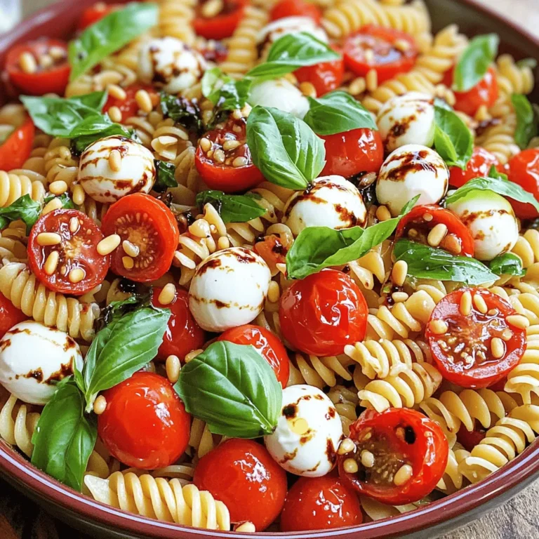 - Pasta types recommended: Use 8 oz. of fusilli or penne for the best texture. - Fresh produce options: You’ll need 1 cup of halved cherry tomatoes, 1 cup of halved fresh mozzarella balls, and 1 cup of roughly chopped fresh basil leaves. - Dressing components: Mix 1/4 cup of extra virgin olive oil, 2 tablespoons of balsamic vinegar, and 1 tablespoon of honey. Add salt and black pepper to taste. - Suggestions for added flavors: Consider adding 1/4 cup of toasted pine nuts for extra crunch and flavor. - Ingredient substitutions: Swap mozzarella for vegan cheese or add olives for a briny twist. - Optional garnishes for presentation: Try garnishing with extra basil leaves or a balsamic glaze drizzle for a beautiful finish. This Caprese Pasta Salad is easy to make and perfect for any gathering. You can find the Full Recipe above for step-by-step guidance. To start, bring a large pot of salted water to a rolling boil. The salt adds great flavor to the pasta. Add 8 oz. of your chosen pasta, like fusilli or penne. Cook the pasta according to the package instructions, which usually takes about 8-10 minutes. You want it al dente, which means firm to the bite. Once cooked, drain the pasta in a colander. Rinse it under cold running water to cool it down. This step stops the cooking and keeps it from getting mushy. Set it aside to dry a bit. In a large mixing bowl, add your cooled pasta, 1 cup of halved cherry tomatoes, and 1 cup of halved fresh mozzarella balls. Make sure to mix them gently. This helps to spread the flavors evenly. Next, add 1 cup of roughly chopped fresh basil leaves. Be sure to incorporate them well into the mix. This ensures every bite has that fresh taste. For the dressing, grab a small bowl. Whisk together 1/4 cup of extra virgin olive oil, 2 tablespoons of balsamic vinegar, 1 tablespoon of honey, and a pinch of salt and pepper. Whisk until everything blends well. This is key to creating an emulsion, where oil and vinegar mix smoothly. Taste it to find the right balance of flavors. If you like it sweeter, add more honey. Now, it's time to dress the pasta salad. Drizzle the prepared dressing over the pasta mixture. Use a spatula or large spoon to toss everything together. Ensure all the ingredients get coated well in that delicious dressing. If you want, sprinkle 1/4 cup of toasted pine nuts on top for extra flavor and crunch. Let the salad sit at room temperature for about 15 minutes. This marinating time is important. It allows the flavors to blend and develop. The result is a salad bursting with taste. You can serve it in a vibrant bowl, or plate it individually for a nice touch. Enjoy this fresh and flavorful delight! For the complete recipe, check the Full Recipe section. To make your Caprese Pasta Salad shine, start with ripe tomatoes. Look for tomatoes that feel firm but yield slightly when you press them. They should have a rich color and smell sweet. The fresher, the better! Next, use fresh basil. The aroma of fresh basil boosts the flavor. Look for bright green leaves. Avoid any that appear wilted or brown. Tear the leaves gently instead of chopping them. This keeps their flavor strong. For serving, a large bowl works well for a family-style dish. If you want a personal touch, portion the salad into small plates. This makes each serving special. To enhance visuals, add garnishes. A few fresh basil leaves on top can add color. A light drizzle of balsamic glaze gives it an elegant finish. You can also sprinkle some toasted pine nuts for added crunch. If your pasta is overcooked, don’t worry! Rinse it under cold water to stop the cooking. This can help firm it up a bit. You can also add more fresh ingredients to balance the dish. If the dressing is too strong, add more olive oil. This helps mellow the flavors. You can also mix in some more chopped tomatoes or cheese to balance it out. Enjoy making your Caprese Pasta Salad with these tips! For the complete recipe, check the Full Recipe section. {{image_4}} You can easily change the Caprese Pasta Salad to fit a Mediterranean style. Try adding olives or artichokes for a briny kick. Both options bring a nice depth of flavor. Olives add saltiness, while artichokes contribute a tender texture. If you want a creamier taste, use feta cheese instead of mozzarella. Feta's tangy profile pairs well with the fresh basil and tomatoes, enhancing the dish. For a vegetarian or vegan version, simply swap mozzarella for a plant-based cheese. Many brands offer great alternatives that melt well. You can also use ingredients like avocado to keep that creamy texture. Choose dressings made without animal products, like a lemon vinaigrette or tahini-based sauces. These options keep the salad fresh and tasty while catering to different diets. Seasonal ingredients can elevate your Caprese Pasta Salad. In spring, add asparagus or peas for a crisp bite. Summer is all about ripe tomatoes, so use heirloom varieties for vivid color and flavor. In fall, roasted butternut squash can add warmth and depth. Lastly, winter might call for kale or roasted root vegetables to make the salad hearty. Adjust your ingredients based on what’s fresh and available. This way, you keep the dish vibrant all year round. For the full recipe, refer to the previous section. To keep your Caprese pasta salad fresh, store it in the fridge. Use an airtight container. This helps to lock in the flavors and keeps the salad crisp. If you have leftovers, try to eat them within three days. If you notice any excess liquid, drain it off before serving again. In the fridge, your salad stays good for about three days. After that, it may start to lose flavor and texture. Watch for signs of spoilage. If you see mold or smell anything off, it's best to toss it out. Caprese pasta salad is best served cold. If you want to enjoy it warm, gently heat it in a pan. Add a splash of olive oil to refresh the flavors. You can also mix in fresh basil and a little balsamic vinegar before serving for a flavor boost. You want pasta that holds the dressing well. Fusilli and penne work great for this. They have curves and ridges that catch the sauce. Cook the pasta until it is al dente, usually 8-10 minutes. Drain it and rinse with cold water. This stops the cooking and keeps it firm. Yes, you can prepare this salad in advance. Just keep the dressing separate until you are ready to serve. The salad will taste better if it sits for about 15 minutes before serving. This lets the flavors mix. Store it in the fridge if you make it a day ahead. Just remember to toss it again before serving. To make it vegan, swap the mozzarella for vegan cheese or avocado. You can use nutritional yeast for a cheesy flavor. Ensure the honey is replaced with agave syrup. This way, you keep the sweetness without animal products. The rest of the ingredients can stay the same. For extra protein, consider adding chickpeas or white beans. They mix well with the pasta and add texture. Grilled chicken or shrimp also works nicely if you prefer meat. These options will make your salad more filling and tasty. In this post, we explored the essential ingredients for Caprese Pasta Salad, from pasta types to fresh produce. I shared step-by-step instructions for making it perfect. We discussed tips for enhancing flavors and presented various ingredient options for customization. Remember, letting your salad marinate adds depth to the taste. Store it right to enjoy later. You now have the tools to make a delicious dish, whether you go classic or try something new. Enjoy creating your pasta salad masterpiece!