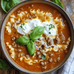 To make Easy Lasagna Soup, you need these key ingredients: - 1 lb ground beef or Italian sausage - 1 medium onion, finely chopped - 3 cloves garlic, minced - 1 can (28 oz) crushed tomatoes - 4 cups beef broth - 2 teaspoons dried basil - 1 teaspoon dried oregano - 1 teaspoon salt - ½ teaspoon black pepper - 8 lasagna noodles, broken into bite-sized pieces - 1 cup ricotta cheese - 1 cup shredded mozzarella cheese - ½ cup grated Parmesan cheese - Fresh basil leaves for garnish These ingredients come together to create a rich and hearty soup. The ground meat adds depth, while the tomatoes and broth form a tasty base. The herbs bring an aromatic touch that elevates the dish. For an extra pop of flavor, consider these garnishes: - Extra shredded mozzarella cheese - A drizzle of olive oil - Crushed red pepper flakes - Chopped parsley These garnishes add texture and flavor. A sprinkle of mozzarella makes each bowl look inviting. Olive oil gives a rich finish, while crushed red pepper adds a kick. If you need to swap some ingredients, here are a few ideas: - Use ground turkey or chicken instead of beef or sausage. - Swap beef broth with vegetable broth for a lighter soup. - Replace ricotta with cottage cheese for a similar texture. - Use gluten-free lasagna noodles if needed. These substitutions keep your soup delicious while fitting various diets. You can still enjoy the comfort of this dish no matter your needs. Check out the Full Recipe for more details on making this wonderful soup! Start with a large pot. Add one tablespoon of olive oil and heat it over medium heat. Once hot, toss in one medium onion, chopped finely. Sauté the onion until it turns clear, about five minutes. Then, add three cloves of minced garlic. Cook for one more minute until the garlic smells great but does not burn. Now, add one pound of ground beef or Italian sausage. Cook it until brown, breaking it into small bits with a wooden spoon. If there is extra fat, drain it carefully. Next, pour in one can of crushed tomatoes and four cups of beef broth. Stir in two teaspoons of dried basil, one teaspoon of dried oregano, one teaspoon of salt, and half a teaspoon of black pepper. Mix it all well. Raise the heat to let it boil gently. Then, lower the heat and let it simmer for ten minutes without a lid. After that, add eight broken lasagna noodles. Cook for another ten to twelve minutes until the noodles are soft. While the soup simmers, grab a separate bowl. Mix one cup of ricotta cheese with a pinch of salt and pepper. This will add a nice flavor to your soup. When the soup is ready, ladle it into bowls. Top each bowl with a big spoon of the ricotta mix. Add a sprinkle of one cup of shredded mozzarella cheese and half a cup of grated Parmesan cheese on top. Finally, finish with fresh basil leaves for a lovely touch. For the full recipe, click here. To boost the taste of your Easy Lasagna Soup, use fresh herbs. Fresh basil or parsley adds a nice touch. You can also add red pepper flakes for some heat. A splash of balsamic vinegar gives it a deeper flavor. Don't forget to taste as you go. Adjust seasoning with salt and pepper to your liking. Start with a good base. Sautéing onions and garlic in olive oil brings out their sweetness. Browning the meat adds depth. Let the soup simmer to meld flavors. Stir in the noodles gently. This helps them cook evenly and keeps them from sticking together. One mistake is overcooking the noodles. They should be tender but not mushy. Another error is skipping the cheese mixture. It adds creaminess and richness. Lastly, don't rush the simmering process. Allow time for flavors to develop. Follow these tips to make your soup taste amazing. For the full recipe, check out the details above. {{image_4}} To make a vegetarian version of Easy Lasagna Soup, swap the meat for lentils or mushrooms. Both options add great texture and flavor. Use vegetable broth instead of beef broth. Add your favorite veggies like zucchini or bell peppers for more color and taste. This version keeps all the comfort while being meat-free. If you need a gluten-free dish, use gluten-free lasagna noodles. These noodles cook well in soups. Always check the package for cooking times. You can also use rice or quinoa as a base. This way, you can enjoy Easy Lasagna Soup without worrying about gluten. Want to sneak in more veggies? Great idea! Add spinach, kale, or carrots when the soup simmers. Just chop them up small so they cook quickly. This not only boosts nutrition but also adds flavor and color. You can go wild with your favorite veggies. The more, the merrier! For the complete recipe, check out the Full Recipe. To keep your Easy Lasagna Soup fresh, use an airtight container. Let the soup cool first. Once cooled, pour it into the container. Store it in the fridge for up to three days. If you have a lot left, consider freezing some. For freezing, place the soup in freezer-safe containers. Leave some space at the top for expansion. You can freeze it for up to three months. When ready to eat, thaw the soup overnight in the fridge. Heat it on the stove over medium heat until hot. Stir often to avoid sticking. When stored properly, Easy Lasagna Soup stays good for about three days in the fridge. If frozen, it can last for three months. Always check for any signs of spoilage before using. If it smells bad or looks off, it’s best to toss it. Enjoy your soup without worry! Yes, you can make Easy Lasagna Soup ahead of time. To do this, cook the soup as usual. Once it cools, you can store it in the fridge or freezer. If you store it in the fridge, it stays fresh for about three days. For longer storage, freeze it for up to three months. When you want to enjoy it, just reheat on the stove until hot. This makes it a great option for meal prep! Lasagna soup pairs well with many sides. Here are some ideas: - Garlic bread - A fresh garden salad - Parmesan cheese for topping - Crusty bread for dipping These sides add flavor and texture. They make your meal more filling and fun to eat! Yes, you can use different types of cheese in Easy Lasagna Soup. While ricotta, mozzarella, and Parmesan are traditional, feel free to mix it up! Try using cottage cheese for a lighter option. Or add provolone or fontina for extra flavor. The cheese choice really depends on your taste. Experiment and find your favorite combination! Easy Lasagna Soup brings comfort and flavor to your dinner table. We covered the key ingredients and options for garnishing. The step-by-step guide makes cooking simple and fun. Tips help you avoid mistakes and enhance flavor. Variations allow for vegetarian and gluten-free choices. Finally, I shared storage info to keep your soup fresh. This dish is versatile, quick to make, and perfect for sharing. Enjoy this delicious meal anytime you want a taste of Italy at home.