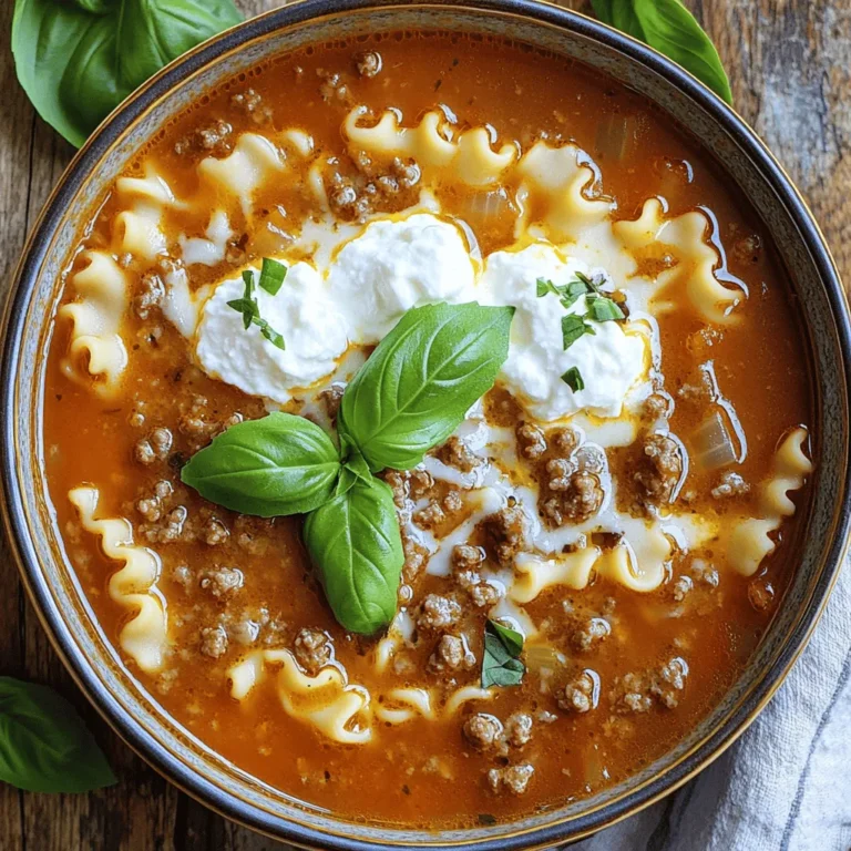 To make Easy Lasagna Soup, you need these key ingredients: - 1 lb ground beef or Italian sausage - 1 medium onion, finely chopped - 3 cloves garlic, minced - 1 can (28 oz) crushed tomatoes - 4 cups beef broth - 2 teaspoons dried basil - 1 teaspoon dried oregano - 1 teaspoon salt - ½ teaspoon black pepper - 8 lasagna noodles, broken into bite-sized pieces - 1 cup ricotta cheese - 1 cup shredded mozzarella cheese - ½ cup grated Parmesan cheese - Fresh basil leaves for garnish These ingredients come together to create a rich and hearty soup. The ground meat adds depth, while the tomatoes and broth form a tasty base. The herbs bring an aromatic touch that elevates the dish. For an extra pop of flavor, consider these garnishes: - Extra shredded mozzarella cheese - A drizzle of olive oil - Crushed red pepper flakes - Chopped parsley These garnishes add texture and flavor. A sprinkle of mozzarella makes each bowl look inviting. Olive oil gives a rich finish, while crushed red pepper adds a kick. If you need to swap some ingredients, here are a few ideas: - Use ground turkey or chicken instead of beef or sausage. - Swap beef broth with vegetable broth for a lighter soup. - Replace ricotta with cottage cheese for a similar texture. - Use gluten-free lasagna noodles if needed. These substitutions keep your soup delicious while fitting various diets. You can still enjoy the comfort of this dish no matter your needs. Check out the Full Recipe for more details on making this wonderful soup! Start with a large pot. Add one tablespoon of olive oil and heat it over medium heat. Once hot, toss in one medium onion, chopped finely. Sauté the onion until it turns clear, about five minutes. Then, add three cloves of minced garlic. Cook for one more minute until the garlic smells great but does not burn. Now, add one pound of ground beef or Italian sausage. Cook it until brown, breaking it into small bits with a wooden spoon. If there is extra fat, drain it carefully. Next, pour in one can of crushed tomatoes and four cups of beef broth. Stir in two teaspoons of dried basil, one teaspoon of dried oregano, one teaspoon of salt, and half a teaspoon of black pepper. Mix it all well. Raise the heat to let it boil gently. Then, lower the heat and let it simmer for ten minutes without a lid. After that, add eight broken lasagna noodles. Cook for another ten to twelve minutes until the noodles are soft. While the soup simmers, grab a separate bowl. Mix one cup of ricotta cheese with a pinch of salt and pepper. This will add a nice flavor to your soup. When the soup is ready, ladle it into bowls. Top each bowl with a big spoon of the ricotta mix. Add a sprinkle of one cup of shredded mozzarella cheese and half a cup of grated Parmesan cheese on top. Finally, finish with fresh basil leaves for a lovely touch. For the full recipe, click here. To boost the taste of your Easy Lasagna Soup, use fresh herbs. Fresh basil or parsley adds a nice touch. You can also add red pepper flakes for some heat. A splash of balsamic vinegar gives it a deeper flavor. Don't forget to taste as you go. Adjust seasoning with salt and pepper to your liking. Start with a good base. Sautéing onions and garlic in olive oil brings out their sweetness. Browning the meat adds depth. Let the soup simmer to meld flavors. Stir in the noodles gently. This helps them cook evenly and keeps them from sticking together. One mistake is overcooking the noodles. They should be tender but not mushy. Another error is skipping the cheese mixture. It adds creaminess and richness. Lastly, don't rush the simmering process. Allow time for flavors to develop. Follow these tips to make your soup taste amazing. For the full recipe, check out the details above. {{image_4}} To make a vegetarian version of Easy Lasagna Soup, swap the meat for lentils or mushrooms. Both options add great texture and flavor. Use vegetable broth instead of beef broth. Add your favorite veggies like zucchini or bell peppers for more color and taste. This version keeps all the comfort while being meat-free. If you need a gluten-free dish, use gluten-free lasagna noodles. These noodles cook well in soups. Always check the package for cooking times. You can also use rice or quinoa as a base. This way, you can enjoy Easy Lasagna Soup without worrying about gluten. Want to sneak in more veggies? Great idea! Add spinach, kale, or carrots when the soup simmers. Just chop them up small so they cook quickly. This not only boosts nutrition but also adds flavor and color. You can go wild with your favorite veggies. The more, the merrier! For the complete recipe, check out the Full Recipe. To keep your Easy Lasagna Soup fresh, use an airtight container. Let the soup cool first. Once cooled, pour it into the container. Store it in the fridge for up to three days. If you have a lot left, consider freezing some. For freezing, place the soup in freezer-safe containers. Leave some space at the top for expansion. You can freeze it for up to three months. When ready to eat, thaw the soup overnight in the fridge. Heat it on the stove over medium heat until hot. Stir often to avoid sticking. When stored properly, Easy Lasagna Soup stays good for about three days in the fridge. If frozen, it can last for three months. Always check for any signs of spoilage before using. If it smells bad or looks off, it’s best to toss it. Enjoy your soup without worry! Yes, you can make Easy Lasagna Soup ahead of time. To do this, cook the soup as usual. Once it cools, you can store it in the fridge or freezer. If you store it in the fridge, it stays fresh for about three days. For longer storage, freeze it for up to three months. When you want to enjoy it, just reheat on the stove until hot. This makes it a great option for meal prep! Lasagna soup pairs well with many sides. Here are some ideas: - Garlic bread - A fresh garden salad - Parmesan cheese for topping - Crusty bread for dipping These sides add flavor and texture. They make your meal more filling and fun to eat! Yes, you can use different types of cheese in Easy Lasagna Soup. While ricotta, mozzarella, and Parmesan are traditional, feel free to mix it up! Try using cottage cheese for a lighter option. Or add provolone or fontina for extra flavor. The cheese choice really depends on your taste. Experiment and find your favorite combination! Easy Lasagna Soup brings comfort and flavor to your dinner table. We covered the key ingredients and options for garnishing. The step-by-step guide makes cooking simple and fun. Tips help you avoid mistakes and enhance flavor. Variations allow for vegetarian and gluten-free choices. Finally, I shared storage info to keep your soup fresh. This dish is versatile, quick to make, and perfect for sharing. Enjoy this delicious meal anytime you want a taste of Italy at home.