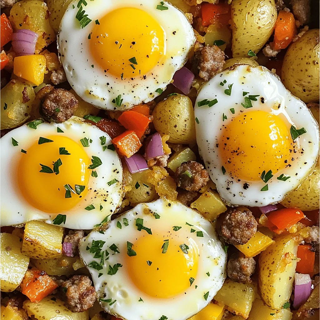 To make a savory breakfast hash, you need fresh, simple ingredients. Here’s what you will gather for this delicious dish: - 3 medium potatoes, diced - 1 cup mixed bell peppers, diced - 1 small red onion, finely chopped - 1 cup cooked sausage or plant-based sausage - 2 cloves garlic, minced - 4 large eggs - 2 tablespoons olive oil - 1 teaspoon smoked paprika - Salt and pepper to taste - Fresh parsley, chopped Each ingredient adds its own unique flavor and texture. The potatoes give a hearty base. The bell peppers and onions add color and sweetness. Sausage brings a savory touch, while garlic adds depth. Smoked paprika gives a warm, smoky flavor. Fresh parsley brightens the dish and makes it look beautiful. You can find the full recipe for this savory breakfast hash above. Enjoy cooking and tasting each layer of flavor in this hearty meal! Start by dicing three medium potatoes. I prefer Yukon gold or red potatoes for creaminess. Place the diced potatoes in a pot and cover them with water. Bring the water to a boil, then reduce heat to simmer. Cook for about five minutes, just until tender but not fully cooked. Drain the potatoes and set them aside. The right texture is key; you want them to hold their shape while becoming crispy later. In a large skillet, heat two tablespoons of olive oil over medium heat. Add your drained potatoes to the skillet. Cook for eight to ten minutes, stirring occasionally. The oil should be hot enough for crispiness. Look for a golden crust on the potatoes. This adds flavor and a nice texture to your dish. Once your potatoes are crispy, it’s time to add flavor. Toss in one cup of mixed bell peppers and one small chopped red onion. Sauté the mixture for about five minutes. The veggies should soften and release their sweet aroma. Follow this by adding minced garlic, crumbled sausage, and a teaspoon of smoked paprika. Stir well and season with salt and pepper. This step is crucial for building flavor. Now for the eggs! Create four small wells in the hash using a spoon. Crack one egg into each well. Cover the skillet with a lid. Cook for about four to five minutes, or until the eggs reach your desired doneness. Creating wells helps the eggs cook evenly. I love when the yolk is runny, but you can cook them longer if you prefer firmer eggs. Follow these steps, and you'll have a delicious Savory Breakfast Hash ready to enjoy. For the full recipe, check the earlier ingredients list. To avoid sogginess, cook the potatoes first. Boil them for just five minutes. They should be slightly tender but not fully cooked. Drain and then fry them until crispy. This method keeps the hash crunchy and delicious. When choosing sausage, pick one with bold flavors. A spicy sausage can add a nice kick. If you prefer plant-based options, look for ones that mimic the taste of meat. This choice keeps your hash full of flavor. For a beautiful dish, serve the hash in colorful bowls. You can create a nice contrast with the golden potatoes and bright peppers. Top each egg with a sprinkle of smoked paprika. This adds a pop of color and flavor. Consider adding fresh herbs or avocado slices for extra flair. Chopped green onions or a dollop of salsa can also enhance the taste. These extras make your breakfast hash look inviting and appetizing. Prepare your ingredients ahead of time. Dice the potatoes and chop the veggies the night before. Store them in airtight containers to keep them fresh. This makes cooking easier on busy mornings. For leftovers, let the hash cool before storing. Place it in a sealed container in the fridge. It will stay fresh for up to three days. You can also freeze portions for later use. Reheating is simple; just warm it in a skillet until hot. Try the Full Recipe for a step-by-step guide to making this delightful dish! {{image_4}} For a meat-free option, swap sausage for plant-based alternatives. You can use tempeh, tofu, or even mushrooms. These options add texture and flavor. Adding smoked paprika boosts the taste and richness. Incorporate extra veggies like spinach or kale for added nutrients. They cook quickly and pair well with potatoes. Want more protein? Add black beans or chickpeas to your hash. They mix well with the potatoes and spices. Cheese like feta or cheddar adds creaminess and flavor. Sprinkle cheese on top before cooking the eggs. This melts the cheese beautifully and creates a rich taste that everyone will love. If you enjoy spice, add diced jalapeños or serrano peppers. These peppers bring heat and a fresh taste to your dish. You can also use spices like cayenne or red pepper flakes for a kick. Experiment with smoked paprika and cumin for extra depth. These spices can elevate your breakfast hash to new heights. To store your leftover breakfast hash, let it cool first. Place it in an airtight container. This helps keep it fresh. Use glass or plastic containers with tight lids. They work best for this purpose. Store it in the fridge for up to four days. When ready to eat, just reheat it. You’ll enjoy the same yummy flavors again. If you want to freeze your hash, follow these easy steps. First, cool the hash completely. Then, scoop it into freezer-safe bags. Remove as much air as possible before sealing. You can also freeze the eggs separately. When ready to eat, thaw overnight in the fridge. Reheat it in a skillet over low heat. This keeps it tasty and warm. In the fridge, the breakfast hash lasts about four days. In the freezer, it stays good for up to three months. Always check for signs of spoilage. Look for a strange smell or color changes. If it looks odd, don’t eat it. When in doubt, throw it out. Enjoy your Savory Breakfast Hash fresh and safe! Yes, you can make Savory Breakfast Hash ahead of time. To store it, let it cool completely. Place it in an airtight container. You can keep it in the fridge for up to three days. When you're ready to eat, reheat it in a skillet over medium heat. Stir occasionally until it’s warm. You can also microwave it, but the skillet keeps it crispy. For the best breakfast hash, Yukon gold or red potatoes work well. These types have a creamy texture that adds richness. They hold their shape while cooking, giving you that nice crispy bite. If you want a firmer texture, try using russet potatoes. Just remember to adjust the cooking time for different potato types. To spice up your breakfast hash, consider adding different seasonings. Smoked paprika gives a nice smoky flavor. For heat, try cayenne pepper or crushed red pepper flakes. Fresh herbs like thyme or rosemary can brighten the dish. You can also mix in ingredients like jalapeños or even a splash of hot sauce for an extra kick. Yes, Savory Breakfast Hash can be gluten-free. Just ensure that your sausage is gluten-free. Most fresh vegetables and potatoes are naturally gluten-free too. Always check labels if you use packaged items. This way, you can enjoy a tasty breakfast without any worries about gluten. Breakfast hash pairs well with many sides. Try serving it with fresh fruit for a sweet balance. A simple green salad can add crunch and freshness. For drinks, coffee or fresh juice complements the meal nicely. You might even top the hash with avocado or salsa for an exciting twist. This blog post covered how to make a savory breakfast hash using simple ingredients. We talked about how to prepare potatoes, sauté vegetables, and cook eggs to the perfect doneness. I shared tips to prevent sogginess and suggested variations to fit different tastes. In the end, this dish is easy to customize. Whether you prefer meat or want a vegetarian option, you can make it your own. Enjoy this hash for breakfast or any meal. You now have the tools to create a tasty dish that everyone will love!