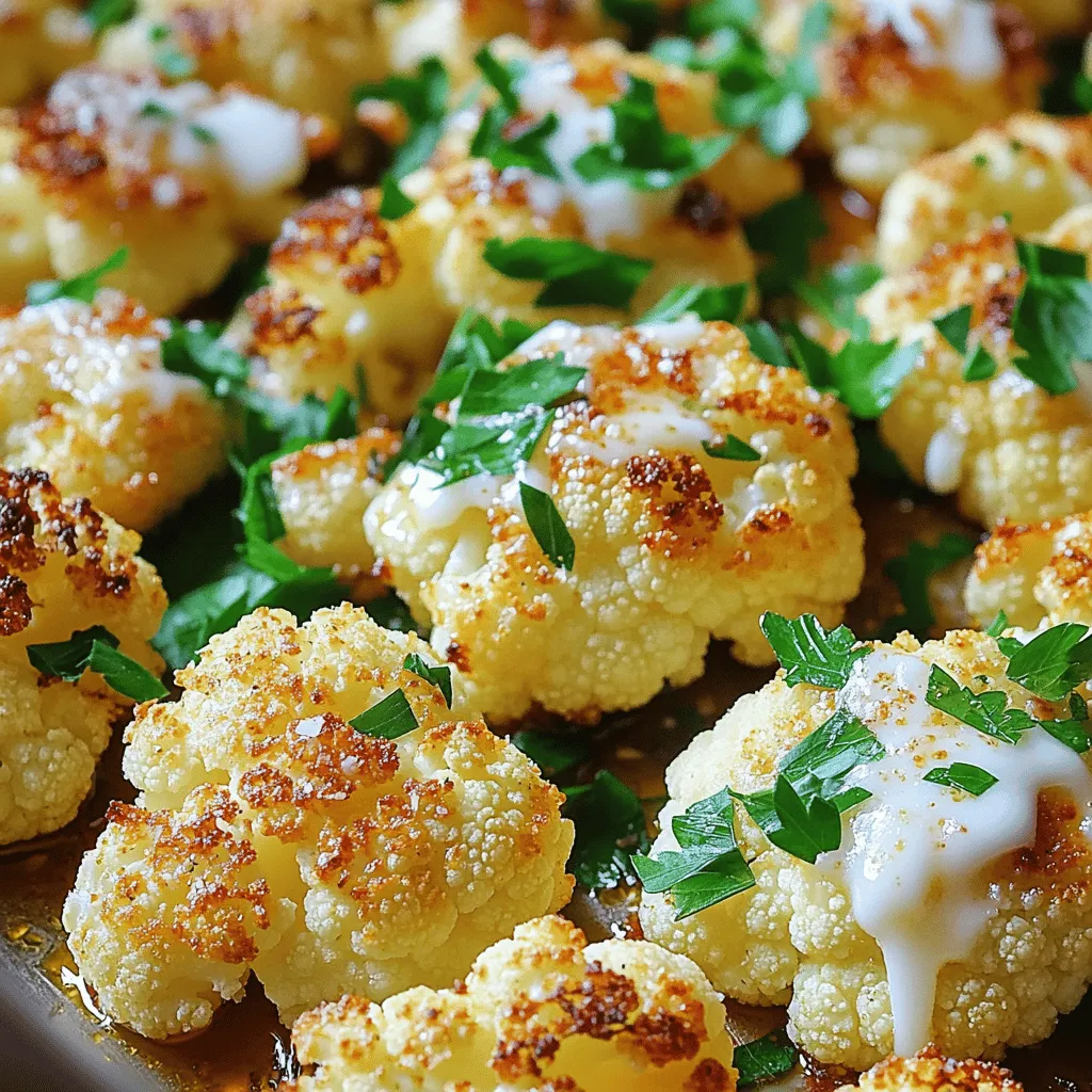 To make Garlic Parmesan Roasted Cauliflower, you need the following ingredients: - Large head of cauliflower - Minced garlic - Grated Parmesan cheese - Extra virgin olive oil - Smoked paprika - Sea salt - Freshly ground black pepper - Fresh parsley - Fresh lemon juice (optional) This simple list packs a lot of flavor. Start with a large head of cauliflower. Cut it into bite-sized florets for even cooking. Minced garlic brings a strong, delightful taste. Grated Parmesan cheese adds a rich, creamy texture. Extra virgin olive oil helps everything roast perfectly. Smoked paprika gives a warm, smoky flavor. Sea salt and freshly ground black pepper enhance the taste. Fresh parsley adds color and freshness. You can also choose to add fresh lemon juice for a zesty finish if you like. Each ingredient plays a vital role. With these items, you’ll create a dish that’s both tasty and satisfying. For the full recipe and detailed steps, check the provided link. Set your oven to 425°F (220°C). This hot temperature helps the cauliflower roast well. A hot oven gives you crispy edges and tender centers. Rinse the cauliflower under cold water. This step cleans away any dirt. Cut it into bite-sized florets. Make sure all the pieces are close in size. This helps them cook evenly. After cutting, pat the florets dry with a paper towel. Removing moisture helps them roast better. In a large bowl, mix the minced garlic and extra virgin olive oil. Add the smoked paprika, sea salt, and black pepper. Stir the mixture well. You want all the flavors to blend nicely. Add the cauliflower florets to the bowl. Use a spatula or your hands to toss them. Make sure every piece is coated with the garlic mixture. This step is key for flavor. Now, sprinkle the grated Parmesan cheese over the cauliflower. Toss gently again to ensure the cheese sticks to the florets. The cheese adds a savory taste that pairs well with garlic. Spread the seasoned florets onto a lined baking sheet. Place them in a single layer. This helps them roast evenly. Bake for about 25-30 minutes. Flip the florets halfway through. This step encourages even browning and crispiness. Remove the baking sheet from the oven when done. If you like, drizzle fresh lemon juice over the cauliflower. This adds a bright flavor. Garnish with chopped parsley for a colorful finish. Serve it warm and enjoy your simple delight. For the full recipe, check out the details above. To get that perfect golden brown color, you need to space the cauliflower well on the baking sheet. If the pieces touch, they steam instead of roast. This can make them mushy and not very tasty. Aim for a single layer, where each floret has room to breathe. Roast the cauliflower at 425°F (220°C). This high heat helps caramelize the natural sugars in the cauliflower, giving it a nice crunch and rich flavor. Halfway through cooking, flip the florets with a spatula for even browning. When they are done, they should be tender and golden. You can play around with spices to make this dish your own. Here are some ideas: - Italian Herbs: Add oregano or thyme for a classic touch. - Chili Flakes: Sprinkle in some heat if you like spice. - Lemon Zest: Fresh zest brightens the dish and adds a fresh flavor. Feel free to mix and match these flavors. Just remember to keep the balance right so the garlic and cheese still shine. Presentation matters! To make your dish look as good as it tastes, serve the roasted cauliflower in a large bowl or on a pretty platter. Garnish with fresh parsley for a pop of green, and add lemon wedges on the side. This gives your guests a chance to add a zesty touch if they want. The bright colors will make your dish stand out at any meal. For the full recipe, check out the Garlic Parmesan Roasted Cauliflower recipe. {{image_4}} You can easily make this dish gluten-free. Just ensure your Parmesan cheese is labeled gluten-free. Most brands are safe, but it’s wise to check. For those wanting a vegan option, swap out the Parmesan for nutritional yeast. This gives a cheesy flavor without any dairy. Get creative with your spices! Try adding a pinch of cayenne pepper for heat. Rosemary or thyme makes a lovely herbal twist. You can also sprinkle in some Italian seasoning for a fragrant touch. Each of these options adds a unique flair to your roasted cauliflower. Feel free to switch up the veggies! Broccoli, Brussels sprouts, or carrots all work great. Just chop them into similar sizes as the cauliflower for even cooking. This adds variety to your meals and keeps things exciting. You can use the same garlic and cheese mix for these veggies, too. Store your Garlic Parmesan Roasted Cauliflower in an airtight container. It will stay fresh for about 3 to 5 days. Make sure it cools to room temperature before sealing. This helps keep it crisp and tasty. To reheat, use the oven or air fryer. Preheat to 350°F (175°C). Place the cauliflower on a baking sheet. Heat for about 10 to 15 minutes. This method keeps the texture crunchy and the flavor intact. Avoid using the microwave, as it can make the cauliflower soggy. You can freeze Garlic Parmesan Roasted Cauliflower for up to 3 months. First, let it cool completely. Then, spread the cauliflower in a single layer on a baking sheet. Freeze until solid, then transfer to a freezer-safe bag or container. When ready to eat, you can roast it straight from the freezer. Just add a few extra minutes to the cooking time. Enjoy this simple delight anytime! Garlic Parmesan Roasted Cauliflower lasts about 3 to 5 days in the fridge. To store it, place the cauliflower in an airtight container. Make sure it cools to room temperature first. This keeps the flavor fresh and the texture nice. If you see any signs of spoilage, like an off smell or mushy spots, it’s best to toss it. Yes, you can use frozen cauliflower. However, it may need some adjustments. First, thaw the cauliflower fully and drain any excess water. This helps the garlic mix stick better. You may need to roast it a bit longer since frozen florets hold more moisture. Keep an eye on it for that perfect golden color. Garlic Parmesan Roasted Cauliflower pairs well with many dishes. You can serve it with grilled chicken or fish for a tasty meal. It also goes nicely with quinoa or rice for a vegetarian option. For a complete feast, add a fresh salad or some crusty bread. The flavors blend well and make for a delightful dining experience. Yes, it’s great for meal prep. You can make a big batch and store it in the fridge. Divide it into portions for easy lunches or dinners. Just reheat it in the oven or microwave before serving. This dish stays tasty for several days, making it a smart choice for busy weeks. If you want more ideas, check out the Full Recipe for tips on making this dish shine! This recipe for Garlic Parmesan Roasted Cauliflower brings flavor and health together. We covered ingredients, step-by-step instructions, and helpful tips for perfecting your dish. You can even explore variations that fit your dietary needs. When you try this dish, I hope you enjoy its rich taste and crispy texture. It’s easy to share, so don’t hesitate to tell friends about it! Happy cooking!