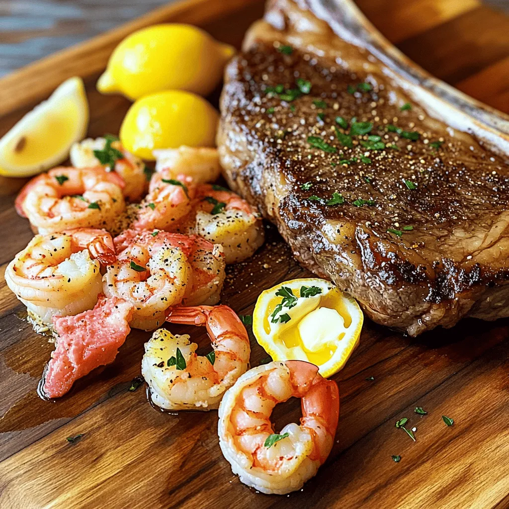 - Tomahawk steak (2-3 pounds) - Extra-virgin olive oil - Sea salt and freshly ground black pepper - Large shrimp (deveined and peeled) - Unsalted butter - Fresh lemon juice - Garlic powder - Smoked paprika - Fresh parsley and lemon wedges for garnishing To create a great Surf & Turf Tomahawk Steak, you need a few key items. A tomahawk steak is your main star. It should weigh between 2 to 3 pounds. This cut has a thick bone and is known for its rich flavor. Next, grab some extra-virgin olive oil to help with seasoning. You will also need sea salt and freshly ground black pepper for taste. For the seafood, use large shrimp. Make sure they are deveined and peeled. This saves time and makes cooking easier. Unsalted butter adds a rich taste when cooking the shrimp. Fresh lemon juice gives a nice tang that enhances flavor. To boost the taste of the steak and shrimp, gather some garlic powder and smoked paprika. Both add depth to your dish. Finally, have fresh parsley on hand for garnish. Lemon wedges also add a bright touch when serving. You can find the full recipe for preparing this delightful meal, which includes all these ingredients, and step-by-step cooking instructions. Enjoy creating this savory dish! 1. Letting the steak rest: Take the tomahawk steak from the fridge. Let it sit at room temperature for 30-45 minutes. This helps the steak cook evenly. 2. Drying and seasoning the steak: Pat the steak dry with paper towels. This step removes moisture for a better sear. Drizzle olive oil on both sides. Then, season with sea salt, black pepper, garlic powder, and smoked paprika. Make sure to coat it well for full flavor. 1. Preheating the grill or oven: If using a grill, preheat it to high heat. If you prefer the oven, set it to 400°F (200°C). This ensures a perfect cooking environment. 2. Grilling vs. skillet cooking: For grilling, place your seasoned tomahawk steak directly on the grill. Cook for about 4-6 minutes on each side for medium-rare. If using a skillet, sear the steak for 4-5 minutes on each side, then transfer it to the oven. Cook in the oven for about 15-20 minutes. Use a meat thermometer to check for 130°F for medium-rare. 1. Cooking the shrimp: In a small skillet, melt unsalted butter over medium heat. Add the shrimp and cook for 2-3 minutes on each side until they are pink and opaque. Drizzle with lemon juice and sprinkle parsley on top. 2. Resting the steak: After cooking, remove the steak from heat. Let it rest on a cutting board for at least 10 minutes. This allows the juices to stay inside the meat, making it tender and juicy. Follow these steps to create a stunning Surf & Turf Tomahawk Steak. For the full recipe, check out the details above. Using a meat thermometer helps you know when the steak is ready. Aim for 130°F for medium-rare. Insert the thermometer into the thickest part of the steak without touching the bone. Resting the steak is just as important. After cooking, let it sit for at least 10 minutes. This allows the juices to move back into the meat. Skipping this step can lead to a dry steak. You can boost flavor with different seasonings. Try adding onion powder or fresh herbs like thyme. These can give your steak a unique twist. For plating, arrange the steak and shrimp neatly on your plate. Drizzle some melted butter over the steak. Add a sprinkle of parsley and a few lemon wedges for a pop of color. This makes the dish not only tasty but also beautiful. Cooking times vary based on your method. For grilling, cook the steak for about 4-6 minutes per side for medium-rare. If you use a skillet, sear for 4-5 minutes, then move it to a preheated oven at 400°F. Cook it there for about 15-20 minutes. Oven cooking can be more even, while grilling gives a great char. Choose based on your taste and kitchen setup. For the full recipe, check out the Surf & Turf Tomahawk Steak recipe. {{image_4}} If you want a twist on the classic tomahawk steak, try different cuts. Ribeye is a great option; it’s tender and full of flavor. Porterhouse is another choice, giving you both filet and strip steak in one cut. Flank steak can work well too, especially if you marinate it first. Each cut brings its own taste and texture, making your meal unique. Not a fan of shrimp? No worries! You can swap in lobster for a sweet touch. Grilled scallops also work well; they add a lovely ocean flavor. Even crab cakes can make a tasty pairing. Each seafood choice adds a different flair to your surf and turf dish. Want to lighten up the meal? Choose lean cuts like sirloin or filet mignon. You can also use olive oil instead of butter for the shrimp. To make it gluten-free, check your spices and sauces. Most are naturally gluten-free, but always read labels. These small changes can help you enjoy this dish while staying on track with your diet. For the full recipe, check out the details above. To keep your leftover steak and shrimp fresh, place them in airtight containers. Make sure to let them cool before sealing. This helps prevent steam from building up, which can lead to sogginess. Store the containers in the fridge. Consume them within 3-4 days for the best taste. Reheating your steak and shrimp correctly is key. Avoid the microwave, as it can make the steak tough. Instead, heat a skillet over low heat. Add a bit of oil or butter. Place the steak in the skillet and cover it. Heat for about 3-5 minutes on each side. For the shrimp, use the same skillet and heat for 1-2 minutes. This keeps them juicy and flavorful. Yes, you can freeze leftovers! Wrap the steak tightly in plastic wrap, then put it in a freezer bag. For shrimp, place them in a separate airtight container. Label them with the date. They can last for up to 3 months in the freezer. When ready to eat, thaw them overnight in the fridge before reheating. Enjoy your tasty Surf & Turf Tomahawk Steak again! You can check the doneness of your tomahawk steak by using a meat thermometer. Aim for 130°F for medium-rare. Here are some other signs to look for: - Color: The steak should have a nice brown crust on the outside. - Juices: Juices should run clear when you cut into it. - Touch: Press the steak with your finger. It should feel firm but springy. Yes, you can cook a tomahawk steak indoors. Here are some methods: - Cast-Iron Skillet: Heat it on high. Sear the steak for 4-5 minutes on each side. Then finish in a hot oven at 400°F until done. - Broiler: Place the steak on a pan under the broiler. Cook for a few minutes on each side until it reaches your desired doneness. Great sides will enhance your meal. Here are some tasty options: - Garlic Mashed Potatoes: Creamy and rich, they balance the steak's flavors. - Grilled Asparagus: Adds a nice crunch and bright color. - Caesar Salad: The crisp greens and dressing complement the richness of the steak. - Roasted Corn: Sweet and smoky, it pairs well with both steak and shrimp. Making grilled shrimp flavorful is easy. Try these tips: - Marinate: Soak shrimp in olive oil, garlic, and lemon juice for about 30 minutes. - Season Well: Use salt, pepper, and spices like paprika or cayenne for a kick. - Cook Quickly: Grill shrimp for 2-3 minutes on each side until pink. - Garnish: Finish with fresh parsley and a squeeze of lemon juice to boost flavor. For the full recipe, check out the detailed steps! In this post, we explored how to create a delicious Surf & Turf Tomahawk Steak. We covered the key ingredients, from the tomahawk steak to flavorful shrimp. You learned the step-by-step cooking methods and tips for perfect doneness. We also discussed variations and storage tips to help you enjoy every bite. This dish isn't just a meal; it’s an experience. With the right techniques and ingredients, you can impress anyone at your table. Now, get ready to cook! Enjoy your culinary journey!