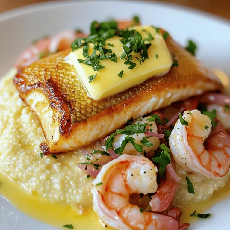- 2 fillets of red snapper (fresh or frozen) - 1 cup small shrimp, peeled and deveined - 1 cup stone-ground grits - 4 cups low-sodium chicken broth - 1 tablespoon olive oil - 2 tablespoons unsalted butter - 1 cup sharp cheddar cheese, shredded - 1/2 cup heavy cream - 2 cloves garlic, minced - 1/2 teaspoon smoked paprika - 1/4 teaspoon cayenne pepper (adjust based on spice preference) - Salt and pepper to taste - 2 green onions, chopped (for garnish) - Fresh parsley, chopped (for garnish) In this dish, the red snapper and shrimp bring a fresh taste. The stone-ground grits add a creamy base that works well with the seafood. I love using low-sodium chicken broth. It gives the grits depth without too much salt. Olive oil and unsalted butter help cook the fish and shrimp perfectly. For flavor, sharp cheddar cheese really shines. Heavy cream makes the grits extra rich. Garlic adds a nice touch, while smoked paprika and cayenne pepper kick up the flavor. Adjust the spices to your liking. The green onions and parsley not only add color but also fresh flavor. For the full recipe, check out the complete guide. This dish is simple yet impressive, making it a great choice for family dinners or special occasions. - Preparing the broth: Start by pouring four cups of low-sodium chicken broth into a medium pot. Bring it to a rolling boil over high heat. This broth gives the grits great flavor. - Gradually adding the grits: Reduce the heat to medium-low. Slowly whisk in one cup of stone-ground grits. This step prevents lumps from forming. - Achieving the desired consistency: Cover the pot and simmer for 20 to 25 minutes. Stir occasionally to ensure even cooking. The grits should be thick and creamy. If they seem too thick, add a little more broth or water. - Seasoning the fillets: While the grits cook, season two red snapper fillets with salt, pepper, and smoked paprika. This adds a nice touch to the fish. - Searing technique for perfect skin: Heat one tablespoon of olive oil in a large sauté pan over medium heat. Add the fillets skin-side down. Sear for 4 to 5 minutes. The skin should turn crispy and golden. - Cooking time and flakiness: Carefully flip the fillets. Cook for an additional 3 to 4 minutes. The fish is done when it flakes easily with a fork. Transfer the fillets to a plate and keep them warm. - Proper shrimp preparation: Take one cup of small shrimp, peeled and deveined. This makes cooking quick and easy. - Timing for adding garlic: In the same sauté pan, add the shrimp. Sauté for about 3 to 4 minutes. They should turn pink and opaque. Add two cloves of minced garlic during the last minute of cooking. This keeps the garlic from burning. - Seasoning tips: Sprinkle with cayenne pepper and season with salt and pepper to taste. Adjust the seasoning to fit your flavor. Follow these steps for a delicious Red Snapper Shrimp Grits meal. For the full recipe, check out the details above. To make smooth and creamy grits, follow these steps: - Avoiding lumps: When you add the grits to boiling broth, whisk quickly. This helps break up any lumps and keeps the texture smooth. - Adjusting creaminess: If your grits are too thick, add a little more broth or water. For ultra-creamy grits, stir in extra heavy cream or butter. - Cheese melting tips: Add the cheese while the grits are still hot. This helps it melt faster and blend in smoothly. Red snapper needs proper cooking to shine: - Best cooking methods: Searing in a hot pan gives the skin a crispy texture. Cook it skin-side down first for the best results. - Flavor combinations: Pair red snapper with spices like smoked paprika and fresh herbs. Lemon juice also brightens the flavor. - Sourcing fresh red snapper: Look for bright eyes and moist skin. Fresh fish smells like the sea, not fishy. Cooking shrimp just right is key: - Ensuring perfect color: Cook shrimp until they turn pink and opaque. This shows they are fully cooked. - Removing from heat at the right time: Shrimp cook fast. Take them off the heat as soon as they are done to avoid toughness. - Enhancements with spices: A dash of cayenne pepper adds heat. You can also try Old Bay seasoning for extra flavor. For the full recipe, check out the Red Snapper & Shrimp Grits Delight. {{image_4}} If you can’t find red snapper, try these options: - Grouper - Tilapia - Cod For shrimp, you can use: - Fresh shrimp - Frozen shrimp When it comes to cheese, consider: - Monterey Jack - Gouda For broth, you can switch to: - Vegetable broth - Fish stock Need a gluten-free option? Use: - Gluten-free grits If you're avoiding dairy, try: - Almond milk - Coconut cream For a vegan version, swap the shrimp and fish with: - Tofu - Cauliflower Want to spice it up? Add more: - Cayenne pepper - Hot sauce To make it vibrant, toss in vegetables like: - Bell peppers - Spinach For a regional twist, consider: - Cajun spices - Southern-style seasonings, like Old Bay To keep your leftovers fresh, use airtight containers. Glass or plastic containers work well. Make sure to cool the dish before sealing. This helps prevent moisture build-up. Store the leftovers in the fridge. They will stay good for about three days. You can freeze cooked grits for later use. First, let the grits cool completely. Then, place them in a freezer-safe container. Leave some space at the top. Grits expand when frozen. For red snapper and shrimp, wrap them tightly in plastic wrap. Place them in a freezer bag. This helps avoid freezer burn. They’ll last about three months in the freezer. To reheat your dish, use a microwave or stovetop. If using the microwave, heat in short bursts. Stir in between to ensure even warming. On the stovetop, add a splash of broth to the grits. This helps restore creaminess. Avoid overcooking the seafood. Heat just until warm to keep it tender. To make creamy grits, start with good quality stone-ground grits. Use low-sodium chicken broth for flavor. As you cook, whisk the grits in slowly to avoid lumps. Stir often to help them absorb the liquid. For extra creaminess, mix in butter and heavy cream at the end. This will give your grits a rich texture and taste. You can use dried shrimp, but the flavor will change. Fresh shrimp gives a sweet, juicy taste. Dried shrimp is saltier and more intense. If you use dried shrimp, soak them in water first to soften. This helps bring back some moisture before cooking. Adjust the salt in your dish since dried shrimp can be very salty. Yes, you can prepare many parts ahead of time. Cook the grits, shrimp, and fish separately. Store them in the fridge until you're ready to serve. Reheat the grits on low heat, adding a splash of broth or cream. You can sauté the shrimp just before serving. This keeps them fresh and tasty. Red snapper shrimp grits go well with many sides. A light salad with greens and a citrus vinaigrette adds freshness. You can also serve sautéed vegetables or coleslaw for crunch. Cornbread is a great choice too, adding a nice texture. These sides balance the rich flavors of the dish. The nutritional info will vary based on ingredients and portions. On average, one serving has about: - Calories: 600 - Protein: 35g - Carbohydrates: 50g - Fat: 30g - Fiber: 2g It provides a good mix of protein and carbs, but watch the fat from butter and cream. Adjust ingredients to suit your dietary needs. For the complete recipe, you can check the [Full Recipe]. This blog post covered how to make a delicious Red Snapper and Shrimp Grits dish. We explored the main ingredients like fresh fish and shrimp, along with the essential cooking items. You learned step-by-step instructions for cooking grits, preparing fish, and sautéing shrimp. Tips to perfect each component were shared, plus variations for different diets. Remember to store leftovers properly and follow reheating tips to keep flavors intact. Enjoy creating this simple yet tasty meal that can suit anyone's taste!