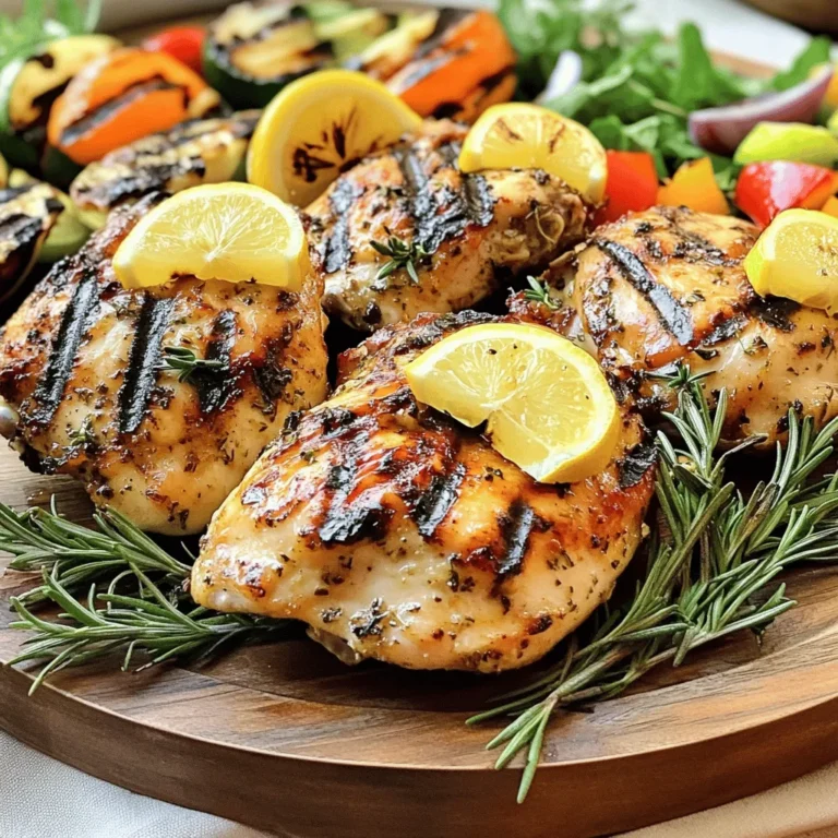 - 4 boneless, skinless chicken breasts - 1/4 cup extra virgin olive oil - 2 large lemons (zested and juiced) - 4 cloves garlic, finely minced - 2 tablespoons fresh rosemary, finely chopped - 2 tablespoons fresh thyme, finely chopped - 1 tablespoon honey - Salt and freshly ground black pepper to taste - Alternatives for olive oil: You can use avocado oil or canola oil if needed. Both oils work well for grilling and have mild flavors. - Lemon substitutes: If you don’t have lemons, try using limes or even orange juice. They can add a nice twist to the dish. - Fresh herbs vs. dried herbs: Fresh herbs give the chicken a vibrant taste. If you use dried herbs, use less since they are stronger. A good rule is to use one-third of the amount. To start, gather your marinade ingredients. You will need: - 1/4 cup extra virgin olive oil - 2 large lemons (zested and juiced) - 4 cloves garlic, finely minced - 2 tablespoons fresh rosemary, finely chopped - 2 tablespoons fresh thyme, finely chopped - 1 tablespoon honey - Salt and freshly ground black pepper to taste In a large mixing bowl, combine the olive oil, lemon zest, lemon juice, garlic, rosemary, thyme, honey, salt, and pepper. Whisk the mixture until it blends well. This ensures the flavors mix and coat the chicken evenly. Now it's time to marinate the chicken. Place the chicken breasts into your bowl of marinade. Make sure each piece is coated completely. You can seal the bowl with plastic wrap or put the chicken in a resealable bag. Refrigerate for at least 1 hour. If you want a richer taste, allow it to marinate for up to 4 hours. This helps the flavors soak into the meat. Before you grill, preheat your grill to medium-high heat. Aim for a temperature of about 375°F to 450°F (190°C to 230°C). Brush the grill grates lightly with oil or spray them to avoid sticking. Once the grill is ready, take the chicken out of the marinade. Let any extra marinade drip off, and discard the used marinade. Place the chicken on the grill and cook for about 6-8 minutes on each side. Flip the chicken once during cooking. The chicken is done when it reaches an internal temperature of 165°F (75°C) and has lovely grill marks. After cooking, move the chicken to a serving plate and let it rest for 5 minutes. This helps keep the chicken juicy and tender when you cut into it. You can find the Full Recipe for more details and serving suggestions. To check if your chicken is done, use a meat thermometer. Insert it into the thickest part of the chicken. The safe internal temperature is 165°F (75°C). This helps ensure juicy chicken every time. Avoid pressing down on the chicken while it grills. This releases juices and can dry out your meat. Common grilling mistakes include cooking on too high heat. This can burn the outside while leaving the inside raw. Another mistake is not oiling the grill. This can make your chicken stick and tear apart. To boost flavor, think about adding spices. Paprika, cumin, or even chili powder can change the taste. You can also try adding different herbs. Basil or oregano can be great choices. Remember to rest the chicken after grilling. This lets the juices settle in, making each bite tender. Plating is key to making your dish look great. Arrange the grilled chicken on a large platter. Add fresh lemon wedges and herbs around it. This makes the dish colorful and inviting. You can also serve it with a salad or grilled veggies. This adds more color and texture to your meal. For a fresh touch, sprinkle some chopped herbs on top before serving. For the full recipe, check out the Lemon Herb Grilled Chicken . {{image_4}} You can switch up the citrus to change the flavor of your chicken. Try using oranges or limes in place of lemons. Each citrus fruit brings its own unique taste. If you want a kick, add some red pepper flakes or cayenne pepper to the marinade. This will give your dish a spicy twist that pairs well with the herbs. To make a complete meal, serve your lemon herb grilled chicken with fresh salads or grains. A light cucumber salad or quinoa works great. You can also try pairing it with roasted vegetables. These sides add color and flavor to your plate. If you want to explore more, consider making a lemon herb vinaigrette to drizzle over your salad. If you need gluten-free options, this recipe is naturally gluten-free. Just ensure any sides you choose are also gluten-free. For those on a low-carb diet, swap out grains for leafy greens or cauliflower rice. This keeps your meal light and healthy without losing flavor. To keep your Lemon Herb Grilled Chicken fresh, follow these tips: - Refrigeration: Place cooled chicken in an airtight container. Store in the fridge for up to 3 days. - Freezing: Wrap chicken pieces tightly in plastic wrap or aluminum foil. Place them in a freezer bag. Freeze for up to 3 months. When you want to enjoy your leftovers, reheating is key. Here’s how to do it right: - Avoiding Dryness: Reheat chicken in the oven at 350°F (175°C). Cover it with foil to keep moisture. - Microwave vs. Oven: The microwave is quick but can dry the chicken. If you use it, add a splash of water and cover the dish. Keep an eye on your leftover chicken to ensure it stays safe and tasty: - Freshness Timeline: After cooking, aim to eat leftovers within 3 days if refrigerated. If frozen, use within 3 months. - Signs of Spoilage: Look for any off smells, discoloration, or a slimy texture. These indicate it's time to toss it out. Now, you can enjoy your Lemon Herb Grilled Chicken at its best! For the complete recipe, check out the [Full Recipe]. You should marinate chicken for at least one hour. This time helps the flavors soak in. For a richer taste, try to marinate for up to four hours. This longer time enhances the lemon and herb flavors. Yes, you can grill indoors. Use a grill pan or an electric grill. Ensure proper ventilation by opening a window or using a fan. Indoor grilling gives you great flavor without the need for an outdoor grill. The chicken should reach an internal temperature of 165°F. This temperature ensures the chicken is safe to eat. Use a meat thermometer to check the temperature. This step keeps your meal healthy and safe. Absolutely! Chicken thighs are a great option. They have more fat, which makes them juicy and flavorful. You can use bone-in or boneless thighs. Adjust the cooking time, as they may take a bit longer. Many sides pair nicely with this dish. Here are a few suggestions: - Grilled vegetables - A fresh green salad - Quinoa or rice - Garlic bread - Roasted potatoes These sides will complement the bright flavors of the chicken. For the full recipe, check out the Lemon Herb Grilled Chicken details. This blog post covered how to make Lemon Herb Grilled Chicken. We discussed the key ingredients, including chicken, olive oil, and fresh herbs. I shared steps for marinating and grilling. Tips on perfect doneness and presentation can help you shine in the kitchen. Remember, you can adjust flavors and sides to fit your taste. Cooking should be fun and satisfying. With these techniques, you’ll impress friends and family at your next meal. Enjoy your grilling adventure!