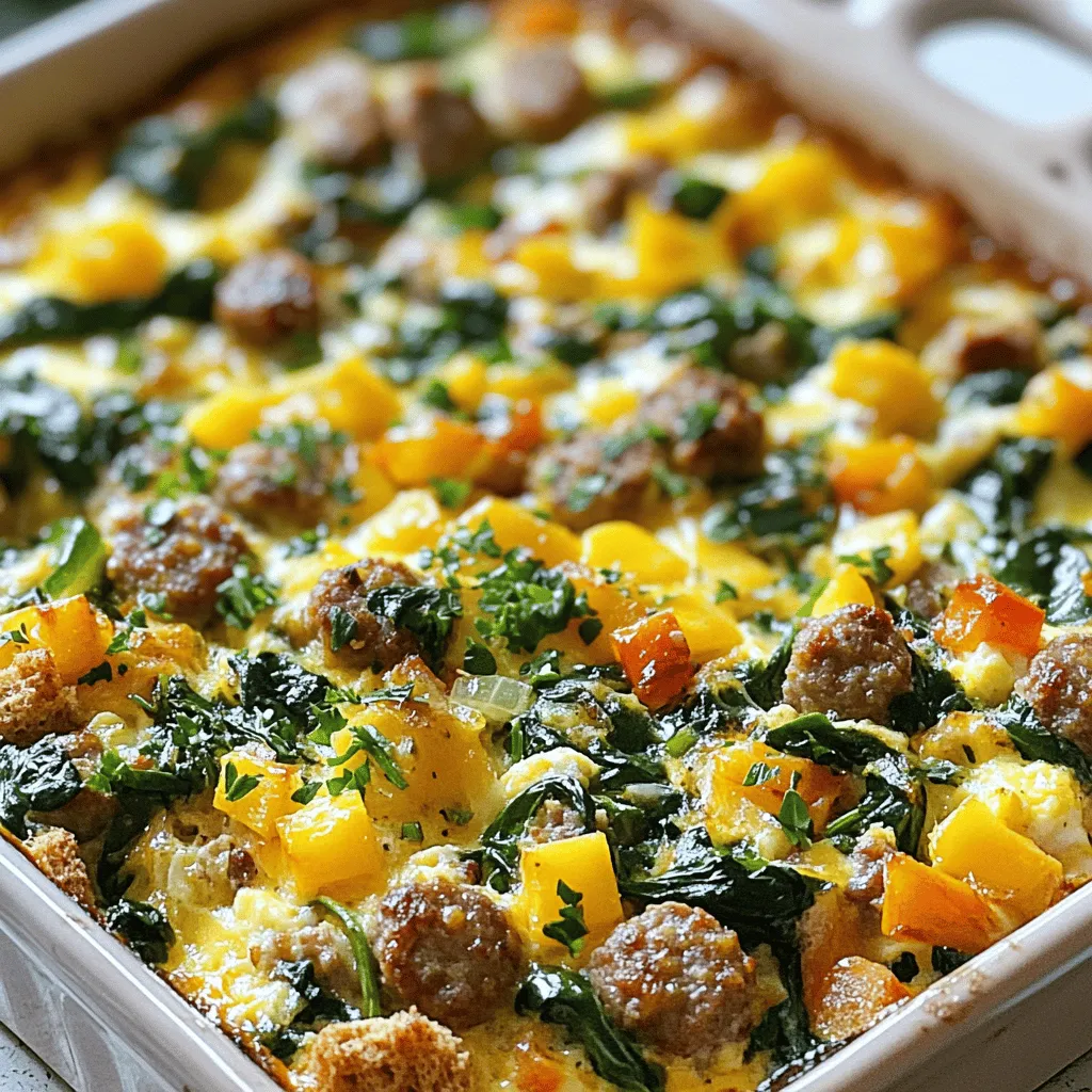 To make your Easy Sausage and Egg Casserole, gather these simple ingredients: - 1 pound breakfast sausage, casings removed - 6 large eggs - 1 cup milk - 1 cup shredded cheddar cheese - 1 medium onion, finely diced - 1 bell pepper (any color), finely diced - 2 cups fresh spinach, roughly chopped - 1 teaspoon garlic powder - 1 teaspoon paprika - Salt and freshly ground black pepper to taste - 1 tablespoon olive oil - 4 slices whole wheat bread, cubed These ingredients create a hearty dish that’s perfect for breakfast or brunch. The breakfast sausage brings great flavor, while the eggs and cheese add creaminess. Fresh veggies like onion and bell pepper give a nice crunch. Spinach adds color and nutrients. The spices, garlic powder and paprika, enhance the taste and make it truly special. You can customize this dish with your favorite ingredients. For example, you can swap the sausage for turkey or a meat-free option. This recipe is flexible, so feel free to experiment! For the full recipe, see below. Set your oven to 350°F (175°C). This step warms up your oven for baking. Grease a 9x13 inch baking dish with non-stick spray or olive oil. In a large skillet, heat 1 tablespoon of olive oil over medium heat. Add 1 medium onion and 1 bell pepper, both finely diced. Cook them for about 5-7 minutes until they soften and smell great. Next, add 1 pound of breakfast sausage to the skillet. Use a spatula to crumble it as you cook. Keep cooking for 8-10 minutes until the sausage is brown and no pink remains. If needed, drain excess grease to keep the dish from getting soggy. In a big bowl, whisk together 6 large eggs, 1 cup of milk, 1 teaspoon of garlic powder, and 1 teaspoon of paprika. Add a pinch of salt and pepper. Mix until it is smooth and frothy. Fold the cooked sausage, sautéed vegetables, and 2 cups of chopped spinach into the egg mixture. Mix well. Gently stir in 1 cup of shredded cheddar cheese until all is evenly coated. Pour the mixture into your prepared baking dish. Spread it out evenly to help it cook well. Place the baking dish in the preheated oven. Bake for 30-35 minutes. The casserole should be set in the middle and lightly golden on top when it is ready. Once baked, let it cool for 5-10 minutes. This helps the dish firm up, making it easy to slice into squares. Serve warm for a delicious breakfast treat. For more details, please check the Full Recipe. You can serve this casserole warm or at room temperature. Pair it with fresh fruit for a sweet touch. A side of crispy hash browns also works well. You might enjoy it with a dollop of sour cream or yogurt for creaminess. Don’t forget to offer hot sauce for those who like a spicy kick! Always preheat your oven to 350°F (175°C) before baking. This step ensures even cooking. When sautéing vegetables, cook them until they are soft. This adds great flavor to the dish. Drain excess grease from the sausage to keep the casserole light. Allow the bake to rest after cooking for better slicing. Garnish your casserole with freshly chopped herbs like parsley or chives. They add color and freshness. For extra flavor, sprinkle a bit of paprika on top before serving. You can also add sliced avocado or cherry tomatoes for a fresh touch. Enjoy getting creative with your garnishes! {{image_4}} You can make this casserole a vegetarian delight. Start by swapping the sausage for a mix of mushrooms and diced zucchini. Sauté them with your onion and bell pepper for a rich flavor. Add in some black beans or chickpeas for extra protein. You can also use a meat substitute like tempeh or lentils. This way, you still enjoy a hearty dish without the meat. To give your casserole more kick, try adding different spices. A dash of cayenne pepper can bring heat. You might also use fresh herbs like thyme or basil for a fragrant touch. Sautéed garlic adds depth to the flavor. You can also toss in some sun-dried tomatoes or olives for a Mediterranean twist. Each addition makes it unique and tasty. Cheese lovers can play around with different types of cheese. Instead of cheddar, try pepper jack for a spicy bite. Feta cheese gives a tangy flavor that pairs well with spinach. You can also use mozzarella for a gooey texture. Mixing different cheeses can create layers of taste that make each bite exciting. To store your leftover casserole, let it cool down first. Then, place it in an airtight container. This keeps it fresh for up to four days in the fridge. You can also cover it tightly with plastic wrap or foil. Just make sure to press out any air to avoid freezer burn. To reheat your sausage and egg casserole, preheat your oven to 350°F (175°C). Place individual portions in a baking dish. Cover them with foil to keep moisture in. Heat for about 15-20 minutes or until warm all the way through. You can also use a microwave. Heat on medium power for about 2-3 minutes, checking often to avoid overcooking. You can freeze this casserole for up to three months. Cut it into squares before freezing for easy portions. Wrap each piece in plastic wrap, then place them in a freezer-safe bag. When you’re ready to eat, thaw it in the fridge overnight. Reheat in the oven or microwave as mentioned above. For the full recipe, check out the details above. Yes, you can make this casserole ahead of time. Prepare it the night before. Just mix all the ingredients and pour them into the baking dish. Cover it with plastic wrap and place it in the fridge. In the morning, bake it directly from the fridge. This saves time and makes breakfast easy. If you want to change the sausage, try turkey sausage or chicken sausage. Both options are leaner and still tasty. For a vegetarian choice, use crumbled tofu or a meat substitute. You can also add more veggies for flavor and texture. To make this dish gluten-free, swap the whole wheat bread for gluten-free bread. There are many good gluten-free options available. Just make sure to check labels for hidden gluten. This keeps your casserole safe for those with gluten sensitivities. To freeze this casserole, let it cool completely after baking. Cut it into squares, and wrap each piece tightly in plastic wrap. Place them in a freezer bag or airtight container. This way, you can enjoy a quick breakfast later. Just reheat in the oven or microwave. This casserole makes a tasty and filling meal. You learned how to layer fresh ingredients like sausage, eggs, and cheese. We also explored storage tips and tasty variations. With these steps, you can create something wonderful for breakfast or brunch. Try it out and enjoy every bite. Cooking is fun, and this dish will please everyone!