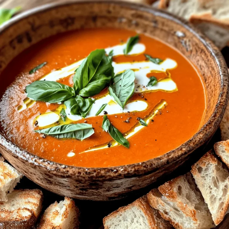 Each ingredient in this creamy tomato basil soup plays a key role. Fresh tomatoes give the soup its rich, vibrant flavor. Onions and garlic add depth. Heavy cream makes it indulgent and smooth. Fresh basil brings a bright, herbal note. - 4 cups fresh ripe tomatoes, chopped - 1 medium onion, diced - 3 cloves garlic, minced - 1/4 cup fresh basil leaves, chopped Fresh produce enhances the taste. Use ripe tomatoes for the best flavor. The onion and garlic create a solid base. Fresh basil adds a lovely aroma and freshness. - 2 cups vegetable broth - 2 tablespoons olive oil - 1 teaspoon sugar - Salt and pepper to taste - Crusty bread or croutons for serving Pantry staples round out the dish. Vegetable broth adds body and flavor. Olive oil helps sauté the aromatics. Sugar balances the acidity of the tomatoes. Salt and pepper enhance all the flavors, while bread or croutons provide a nice crunch. For the complete recipe with instructions, check out the Full Recipe. Start by warming the olive oil in a large pot over medium heat. Once the oil is hot, add the diced onion. Sauté the onion for about 5 minutes. Stir it occasionally until it turns soft and clear. This step builds a solid flavor base for the soup. Next, toss in the minced garlic. Stir it for about a minute until you smell its nice aroma. Be careful not to burn the garlic, as it can turn bitter quickly. Now, add the chopped tomatoes and a teaspoon of sugar to the pot. Stir everything together well. Let this cook for about 10 minutes. You want the tomatoes to soften and release their juices. This creates a flavorful tomato base. After that, pour in the vegetable broth. Increase the heat to bring it all to a gentle boil. Once it boils, reduce the heat and let it simmer for about 15 minutes. This helps all the flavors blend nicely. Using an immersion blender, carefully puree the soup until it is smooth. If you’re using a regular blender, let the soup cool slightly before blending in batches. This keeps you safe from hot splashes. Once blended, return the soup to low heat. Stir in the heavy cream gently, warming it up without boiling. Finally, add the chopped basil and season with salt and pepper to your taste. Mix everything well. Serve the soup hot, garnished with extra basil and enjoy it with crusty bread or croutons on the side. For the full experience, check out the Full Recipe! To get a creamy texture, use heavy cream. This adds richness. Stir it in slowly after blending. Make sure the soup is hot but not boiling. You can also use an immersion blender. This tool helps blend the soup smoothly without splashes. To balance flavors, taste as you cook. Add salt and pepper in small amounts. A pinch of sugar helps cut acidity from the tomatoes. Fresh basil adds sweetness and a fragrant touch. If the soup tastes flat, a splash of lemon juice can brighten it up. Serve the soup hot in deep bowls. Garnish with fresh basil leaves on top. A swirl of cream makes it look fancy. Pair it with crusty bread or crunchy croutons for texture. This makes each bite exciting. For a fun twist, try adding shredded cheese before serving. For a full recipe, check out the Creamy Tomato Basil Bliss section! {{image_4}} If you want a dairy-free version, you can swap the heavy cream. Use coconut milk or cashew cream instead. Both options give a creamy texture without dairy. Coconut milk adds a hint of sweetness and a tropical twist. Cashew cream has a rich, nutty flavor that works well. Just blend soaked cashews with water until smooth. This will keep your soup lush and creamy. You can enhance your soup with various add-ins. Try adding cooked lentils or chickpeas for protein. They also make the soup heartier. If you enjoy a cheesy flavor, sprinkle in some nutritional yeast. For a burst of color, toss in some diced bell peppers or carrots. These veggies add sweetness and crunch. You can also blend in a handful of spinach or kale for extra nutrients. If you like heat, add some red pepper flakes or hot sauce. Start with a small amount and taste as you go. You can also use diced jalapeños for a fresh kick. If you want deep flavor, try a dash of smoked paprika. It gives a warm, smoky taste. Just remember to adjust the other seasonings to balance the heat. Enjoy making this soup your own! Once you make your creamy tomato basil soup, let it cool. Pour the soup into an airtight container. Store it in the fridge for up to four days. Always check for any signs of spoilage before eating. If you want to save some for later, freezing works well. Let the soup cool completely. Pour it into freezer-safe bags or containers. Make sure to leave some space at the top for expansion. It can last up to three months in the freezer. When you're ready to eat, thaw it in the fridge overnight. To enjoy your soup again, reheat it gently. You can use a pot on the stove or a microwave. If using a pot, heat it on low, stirring often. If using a microwave, heat in short intervals, stirring in between. This keeps the soup creamy and smooth. For the best flavor, taste and adjust the seasoning as needed. For the complete cooking process, check the Full Recipe. You can use whole milk or half-and-half if you want a lighter soup. Coconut milk offers a dairy-free option, adding a subtle sweetness. Silken tofu blended until smooth works great too. Each choice will change the flavor slightly, but all keep the creamy texture. Yes, canned tomatoes are a great option. They save time and still taste good. Look for whole or diced tomatoes, preferably in juice or puree. You might want to adjust the sugar since canned tomatoes can be sweeter. Just taste as you cook! To make this soup vegan, skip the heavy cream and use coconut milk or cashew cream. You can also use vegetable broth to keep it flavorful. Fresh basil and garlic add a lot of taste, so load up on those. For the full recipe, check out the details on how to prepare this delicious vegan dish! In this blog post, we explored the key ingredients for Creamy Tomato Basil Soup and how to prepare it step-by-step. We also shared useful tips for texture and flavor, plus variations to suit your taste. Remember, you can customize this soup easily. Don't forget about storage tips to enjoy it later. With these insights, you can make a delicious soup that's sure to please anyone. Enjoy your cooking journey!