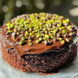 - 1 ½ cups all-purpose flour - 1 cup granulated sugar - ½ cup unsweetened cocoa powder - 1 teaspoon baking powder - ½ teaspoon baking soda - ½ teaspoon salt - 1 cup buttermilk (or plant-based milk) - ½ cup vegetable oil - 2 large eggs - 1 teaspoon vanilla extract - 1 cup finely chopped roasted pistachios (plus a handful for garnish) - ½ cup dark chocolate chips To make this chocolate pistachio cake, you need a mix of dry and wet ingredients. First, gather your dry ingredients: flour, sugar, cocoa powder, baking powder, baking soda, and salt. This mix gives the cake its structure and sweetness. Next, for the wet ingredients, you will use buttermilk, oil, eggs, and vanilla. These components help create a moist and tender cake. The buttermilk adds a nice tangy flavor that balances the sweetness. Finally, the star ingredients are chocolate and pistachios. Dark chocolate chips give rich flavor, while pistachios add a nutty crunch. The combination of these flavors makes the cake special and delightful. You can find the full recipe for this rich and tasty cake in the section above. First, preheat your oven to 350°F (175°C). Take a 9-inch round cake pan and grease it lightly with butter or cooking spray. You can also dust it with flour to ensure it releases easily later. For even easier release, line the bottom with parchment paper. In a large mixing bowl, sift together the following dry ingredients: - 1 ½ cups all-purpose flour - 1 cup granulated sugar - ½ cup unsweetened cocoa powder - 1 teaspoon baking powder - ½ teaspoon baking soda - ½ teaspoon salt Use a whisk to mix these ingredients until they are lump-free and well combined. In another bowl, whisk together the following wet ingredients: - 1 cup buttermilk (or plant-based milk) - ½ cup vegetable oil - 2 large eggs - 1 teaspoon vanilla extract Whisk until the mixture is smooth and well blended. Now, slowly pour the wet mixture into the dry ingredients. Use a spatula or wooden spoon to gently stir. Be careful not to over-mix; it’s okay if you have a few small lumps left in the batter. Once the mixtures are combined, pour the batter into your prepared cake pan. Bake in your preheated oven for 25-30 minutes. To check for doneness, insert a toothpick into the center of the cake. It should come out clean or with just a few moist crumbs. After baking, let the cake cool in the pan for about 10 minutes. Then, turn it out onto a wire rack to cool completely. For serving, consider topping the cake with a light chocolate ganache or a dollop of whipped cream. Garnish the top with extra chopped pistachios for a beautiful finish. To keep your chocolate pistachio cake moist, follow a few simple steps. First, make sure to measure your ingredients correctly. Too much flour can lead to a dry cake. Use a kitchen scale if you have one. This ensures perfect amounts every time. Next, do not over-mix your batter. Mix just until you see no dry flour. A few small lumps are okay. Over-mixing can create a dense cake. Also, consider adding an extra egg. This can help add moisture and richness. To elevate the taste, think about adding other flavors. A pinch of cinnamon can add warmth. You might also use almond extract instead of vanilla for a nutty twist. Try adding orange zest for a bright note. If you want a richer flavor, use dark chocolate chips. They will deepen the chocolate taste. You can also mix in some finely chopped nuts. Walnuts or hazelnuts work well. This adds crunch and makes each bite exciting. An attractive cake is a showstopper. After baking, allow the cake to cool completely. You can frost it with chocolate ganache for a smooth finish. Drizzle the ganache on top for a lovely effect. For a final touch, sprinkle chopped pistachios on top. This adds color and crunch. Arrange them in a circle for a neat look. You can also use edible flowers for a pop of color. A simple dusting of powdered sugar can also work wonders. Make your cake look as good as it tastes! For the full recipe, check out the Chocolate Pistachio Cake Delightful and Simple Recipe. {{image_4}} To make this cake gluten-free, swap out all-purpose flour for a blend of gluten-free flour. Look for a mix that includes rice flour, potato starch, and tapioca flour. This mix will give your cake a good texture. You can also use almond flour, which adds a nice nutty flavor. Just remember to adjust the liquid in the recipe slightly, as gluten-free flours can absorb more moisture. If you need a vegan version, use plant-based milk, like almond or oat milk, instead of buttermilk. For eggs, replace each egg with 1/4 cup of unsweetened applesauce or 1 tablespoon of ground flaxseed mixed with 2.5 tablespoons of water. Let the flaxseed mix sit for a few minutes until it’s gel-like. These swaps keep the cake moist and delicious. You can change the nuts or chocolate in this recipe for a new taste. Try walnuts or hazelnuts for a different crunch. If you want a richer taste, use dark chocolate or even white chocolate chips. Each choice brings its own unique flavor. Get creative and make the cake your own! For the full recipe, check out the section above. To keep the cake fresh, wrap it in plastic wrap. Place it in an airtight container. This will prevent it from drying out. You can also use foil if you prefer. Store the cake at room temperature for up to three days. If you need to keep it longer, the fridge is a good choice. Just remember, it can become a bit dry in the fridge. Freezing is a smart way to save leftover cake. Start by letting the cake cool completely. Once it's cool, slice it into pieces. Wrap each slice in plastic wrap tightly. Then, place the wrapped slices in a freezer bag. Make sure to remove as much air as possible. Label the bag with the date. The cake can stay frozen for up to three months. When you are ready to eat, just take out a slice. To rewarm the cake, use the oven for the best results. Preheat the oven to 350°F (175°C). Place the slice on a baking sheet and cover it lightly with foil. Heat for about 10 minutes. This method helps keep the cake moist. You can also use the microwave, but be careful. Heat it in short bursts of 10 seconds to avoid drying it out. Enjoy your cake warm and delicious! To boost the chocolate flavor, you can add more cocoa powder. Try increasing it to ¾ cup. You can also use high-quality dark chocolate chips instead of semi-sweet. This change adds richness. Another option is to melt some extra chocolate and mix it into the batter. It makes the cake super moist and tasty. Yes, you can switch pistachios with other nuts. Almonds or walnuts work well. Each nut will change the flavor slightly. Almonds give a sweet, mild taste, while walnuts add a hint of bitterness. Just chop them finely, like you would with pistachios. Serving this cake is fun! You can top it with a light chocolate ganache. A dollop of whipped cream adds creaminess. Fresh berries make a nice contrast too. For a special touch, sprinkle extra chopped nuts on top. This adds texture and looks pretty. If you store leftover cake well, it lasts about 3 to 5 days in the fridge. Keep it in an airtight container to stay fresh. You can also freeze slices for up to three months. Wrap them tightly to avoid freezer burn. Just thaw in the fridge when you want to enjoy a slice again. For the full recipe, check the section above. In this post, we explored the key ingredients and steps for making chocolate pistachio cake. We discussed tips to enhance texture and flavor, along with variations for those with dietary needs. Proper storage and reheating methods help keep your cake fresh and tasty. Remember, baking is all about practice and creativity. Use these tips to make your cake unique and delicious. Enjoy every slice!