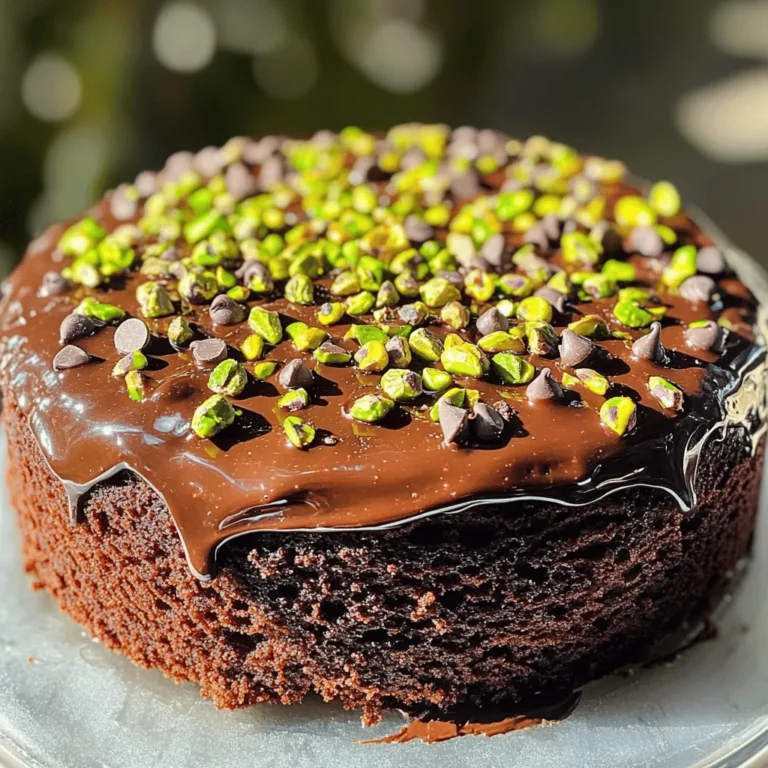 - 1 ½ cups all-purpose flour - 1 cup granulated sugar - ½ cup unsweetened cocoa powder - 1 teaspoon baking powder - ½ teaspoon baking soda - ½ teaspoon salt - 1 cup buttermilk (or plant-based milk) - ½ cup vegetable oil - 2 large eggs - 1 teaspoon vanilla extract - 1 cup finely chopped roasted pistachios (plus a handful for garnish) - ½ cup dark chocolate chips To make this chocolate pistachio cake, you need a mix of dry and wet ingredients. First, gather your dry ingredients: flour, sugar, cocoa powder, baking powder, baking soda, and salt. This mix gives the cake its structure and sweetness. Next, for the wet ingredients, you will use buttermilk, oil, eggs, and vanilla. These components help create a moist and tender cake. The buttermilk adds a nice tangy flavor that balances the sweetness. Finally, the star ingredients are chocolate and pistachios. Dark chocolate chips give rich flavor, while pistachios add a nutty crunch. The combination of these flavors makes the cake special and delightful. You can find the full recipe for this rich and tasty cake in the section above. First, preheat your oven to 350°F (175°C). Take a 9-inch round cake pan and grease it lightly with butter or cooking spray. You can also dust it with flour to ensure it releases easily later. For even easier release, line the bottom with parchment paper. In a large mixing bowl, sift together the following dry ingredients: - 1 ½ cups all-purpose flour - 1 cup granulated sugar - ½ cup unsweetened cocoa powder - 1 teaspoon baking powder - ½ teaspoon baking soda - ½ teaspoon salt Use a whisk to mix these ingredients until they are lump-free and well combined. In another bowl, whisk together the following wet ingredients: - 1 cup buttermilk (or plant-based milk) - ½ cup vegetable oil - 2 large eggs - 1 teaspoon vanilla extract Whisk until the mixture is smooth and well blended. Now, slowly pour the wet mixture into the dry ingredients. Use a spatula or wooden spoon to gently stir. Be careful not to over-mix; it’s okay if you have a few small lumps left in the batter. Once the mixtures are combined, pour the batter into your prepared cake pan. Bake in your preheated oven for 25-30 minutes. To check for doneness, insert a toothpick into the center of the cake. It should come out clean or with just a few moist crumbs. After baking, let the cake cool in the pan for about 10 minutes. Then, turn it out onto a wire rack to cool completely. For serving, consider topping the cake with a light chocolate ganache or a dollop of whipped cream. Garnish the top with extra chopped pistachios for a beautiful finish. To keep your chocolate pistachio cake moist, follow a few simple steps. First, make sure to measure your ingredients correctly. Too much flour can lead to a dry cake. Use a kitchen scale if you have one. This ensures perfect amounts every time. Next, do not over-mix your batter. Mix just until you see no dry flour. A few small lumps are okay. Over-mixing can create a dense cake. Also, consider adding an extra egg. This can help add moisture and richness. To elevate the taste, think about adding other flavors. A pinch of cinnamon can add warmth. You might also use almond extract instead of vanilla for a nutty twist. Try adding orange zest for a bright note. If you want a richer flavor, use dark chocolate chips. They will deepen the chocolate taste. You can also mix in some finely chopped nuts. Walnuts or hazelnuts work well. This adds crunch and makes each bite exciting. An attractive cake is a showstopper. After baking, allow the cake to cool completely. You can frost it with chocolate ganache for a smooth finish. Drizzle the ganache on top for a lovely effect. For a final touch, sprinkle chopped pistachios on top. This adds color and crunch. Arrange them in a circle for a neat look. You can also use edible flowers for a pop of color. A simple dusting of powdered sugar can also work wonders. Make your cake look as good as it tastes! For the full recipe, check out the Chocolate Pistachio Cake Delightful and Simple Recipe. {{image_4}} To make this cake gluten-free, swap out all-purpose flour for a blend of gluten-free flour. Look for a mix that includes rice flour, potato starch, and tapioca flour. This mix will give your cake a good texture. You can also use almond flour, which adds a nice nutty flavor. Just remember to adjust the liquid in the recipe slightly, as gluten-free flours can absorb more moisture. If you need a vegan version, use plant-based milk, like almond or oat milk, instead of buttermilk. For eggs, replace each egg with 1/4 cup of unsweetened applesauce or 1 tablespoon of ground flaxseed mixed with 2.5 tablespoons of water. Let the flaxseed mix sit for a few minutes until it’s gel-like. These swaps keep the cake moist and delicious. You can change the nuts or chocolate in this recipe for a new taste. Try walnuts or hazelnuts for a different crunch. If you want a richer taste, use dark chocolate or even white chocolate chips. Each choice brings its own unique flavor. Get creative and make the cake your own! For the full recipe, check out the section above. To keep the cake fresh, wrap it in plastic wrap. Place it in an airtight container. This will prevent it from drying out. You can also use foil if you prefer. Store the cake at room temperature for up to three days. If you need to keep it longer, the fridge is a good choice. Just remember, it can become a bit dry in the fridge. Freezing is a smart way to save leftover cake. Start by letting the cake cool completely. Once it's cool, slice it into pieces. Wrap each slice in plastic wrap tightly. Then, place the wrapped slices in a freezer bag. Make sure to remove as much air as possible. Label the bag with the date. The cake can stay frozen for up to three months. When you are ready to eat, just take out a slice. To rewarm the cake, use the oven for the best results. Preheat the oven to 350°F (175°C). Place the slice on a baking sheet and cover it lightly with foil. Heat for about 10 minutes. This method helps keep the cake moist. You can also use the microwave, but be careful. Heat it in short bursts of 10 seconds to avoid drying it out. Enjoy your cake warm and delicious! To boost the chocolate flavor, you can add more cocoa powder. Try increasing it to ¾ cup. You can also use high-quality dark chocolate chips instead of semi-sweet. This change adds richness. Another option is to melt some extra chocolate and mix it into the batter. It makes the cake super moist and tasty. Yes, you can switch pistachios with other nuts. Almonds or walnuts work well. Each nut will change the flavor slightly. Almonds give a sweet, mild taste, while walnuts add a hint of bitterness. Just chop them finely, like you would with pistachios. Serving this cake is fun! You can top it with a light chocolate ganache. A dollop of whipped cream adds creaminess. Fresh berries make a nice contrast too. For a special touch, sprinkle extra chopped nuts on top. This adds texture and looks pretty. If you store leftover cake well, it lasts about 3 to 5 days in the fridge. Keep it in an airtight container to stay fresh. You can also freeze slices for up to three months. Wrap them tightly to avoid freezer burn. Just thaw in the fridge when you want to enjoy a slice again. For the full recipe, check the section above. In this post, we explored the key ingredients and steps for making chocolate pistachio cake. We discussed tips to enhance texture and flavor, along with variations for those with dietary needs. Proper storage and reheating methods help keep your cake fresh and tasty. Remember, baking is all about practice and creativity. Use these tips to make your cake unique and delicious. Enjoy every slice!