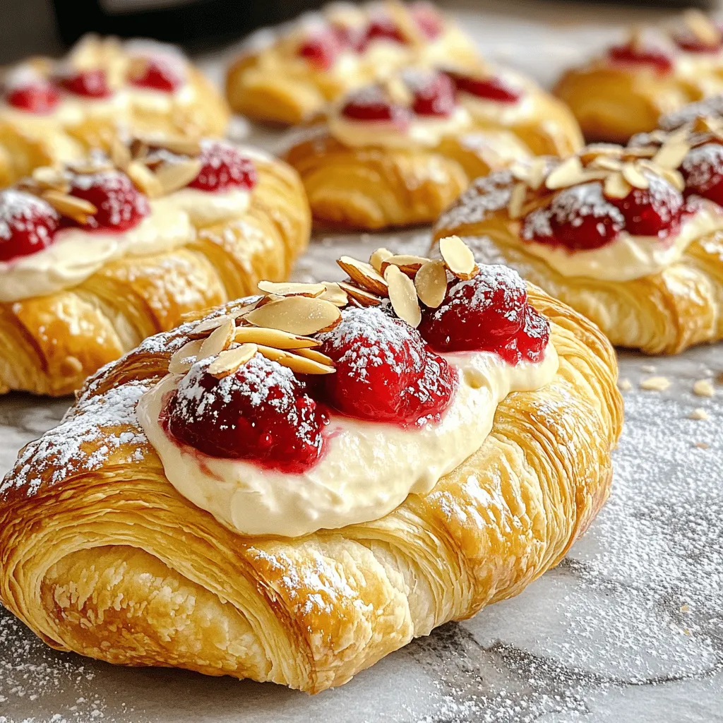 - 1 can refrigerated crescent roll dough - 8 oz cream cheese, softened - 1/2 cup powdered sugar - 1 teaspoon vanilla extract - 1 tablespoon fresh lemon juice - 1/4 cup fruit preserves (suggestions: raspberry or apricot) - 1 egg, beaten (for egg wash) - Optional toppings: sliced almonds or ground cinnamon When I make Crescent Cheese Danishes, I love using fresh ingredients. For the dough, I reach for a can of refrigerated crescent roll dough. It puffs up beautifully, making each Danish light and flaky. The cream cheese filling is the star. I use 8 oz of softened cream cheese. Mixing in 1/2 cup of powdered sugar gives it sweetness. A teaspoon of vanilla extract adds a lovely aroma. I squeeze in a tablespoon of fresh lemon juice for a bright note. For a fruity twist, I like to include 1/4 cup of fruit preserves. Raspberry or apricot works great. They add color and flavor. Don't forget the egg wash! One beaten egg brushed on top makes the Danishes golden brown. If you want to get fancy, sprinkle some sliced almonds or ground cinnamon on top. These small touches make all the difference. For the full recipe, check out Full Recipe. It guides you through every step to make these tasty treats. - Preheat the oven to 375°F (190°C). - Prepare the baking sheet with parchment paper. To make the filling, blend cream cheese, powdered sugar, vanilla, and lemon juice together. Start with softened cream cheese for the best results. Use a hand mixer or spatula to get a smooth and creamy texture. The mixture should blend well, with no lumps. Now it is time to assemble. Unroll the crescent roll dough on a clean surface. Carefully separate it into individual triangles. At the wide end of each triangle, place a generous tablespoon of the cream cheese mixture. Starting from the wide end, roll the dough towards the pointed end. Make sure to encase the filling fully. Pinch the ends to seal each Danish securely. Place them on the prepared baking sheet, leaving space for each pastry to expand. Next, use a pastry brush to coat the tops with beaten egg. This will give them a lovely golden-brown finish when baked. Add a small dollop of fruit preserves in the center of each rolled Danish. If you like, sprinkle some sliced almonds or ground cinnamon on top for extra flavor. Finally, bake the Danishes in the preheated oven for 12-15 minutes. They should puff up and turn a beautiful golden brown. Once baked, let them cool slightly before serving warm. This simple process leads to a tasty treat that is sure to impress. For the complete method, check the Full Recipe. For the best cheese filling, use softened cream cheese. This makes it easier to mix. The filling should be creamy but not runny. Keep your crescent dough cold before you roll it. Cold dough helps it keep shape while baking. Add a splash of almond or lemon extract for a twist. For fruit preserves, try different flavors like cherry or blueberry. They add great taste and color to your Danishes. You can also use fresh fruit like berries or apple slices for a fun alternative. Apply the egg wash with a pastry brush for a shiny finish. It makes your Danishes look golden and appetizing. If you want to add toppings, sprinkle sliced almonds or cinnamon on top after the egg wash. This adds a nice crunch and extra flavor. {{image_4}} You can change the filling of your Crescent Cheese Danishes for fun and taste. Here are some tasty ideas: - Ricotta: This cheese gives a creamy texture. Mix it with a bit of sugar and vanilla for a sweet treat. - Mascarpone: Use this Italian cheese for a rich and smooth filling. It pairs well with fruit preserves. - Spinach: For a savory option, mix cooked spinach with feta cheese. This creates a nice balance of flavors. - Feta: Crumbled feta adds a salty kick. Pair it with herbs like dill for a fresh taste. If you want to switch up the dough, consider these options: - Puff Pastry: Using puff pastry makes your Danishes flakier. It puffs up beautifully and adds a lovely texture. - Gluten-Free Crescent Rolls: If you need a gluten-free option, look for gluten-free crescent roll dough. These work well and still taste great. Try these variations to make your Crescent Cheese Danishes unique and exciting. Check the Full Recipe for detailed steps! To keep your crescent cheese Danishes fresh, store them in the fridge. Place them in an airtight container. They stay good for about three days. When ready to eat, reheat them in the oven. Set the oven to 350°F (175°C) and heat for about 10 minutes. This warms them through and keeps them crisp. You can freeze these Danishes to enjoy later. If you want to freeze before baking, prepare them up to the egg wash step. Wrap each Danish individually in plastic wrap. Then, place them in a freezer bag. To bake, just remove them and add a bit of time to the baking. If freezing after baking, let them cool first. Then, store them in a freezer-safe container. They can last up to two months. To reheat, bake at 350°F (175°C) for about 15-20 minutes. This helps keep the texture and flavor just right. To make a simple cream cheese filling, start with these ingredients: - 8 oz cream cheese, softened - 1/2 cup powdered sugar - 1 teaspoon vanilla extract - 1 tablespoon fresh lemon juice Mix these ingredients together until smooth and creamy. You can play with flavors by adding a bit of orange zest or almond extract. For a fun twist, try adding a splash of maple syrup. This filling is versatile and pairs well with many toppings. Yes, you can use store-bought fillings for your danishes. Look for cream cheese filling in the dairy section. Brands often sell sweetened cream cheese that is ready to use. You can also find fruit fillings like cherry or blueberry. These options save time and still taste great. Crescent cheese danishes last about 2-3 days when stored in the fridge. Keep them in an airtight container to maintain freshness. If you want to keep them longer, consider freezing them. They can last up to 2 months in the freezer. To reheat, bake them at 350°F (175°C) until warm. You now have a simple way to make delightful cheese danishes. We covered the ingredients, preparation steps, and tips for the best results. Remember, you can mix up the flavors with various fillings or doughs. Store leftovers properly to keep them fresh. Enjoy your baking, and share your tasty creations with family and friends. Making these danishes is not just about food; it’s about fun and connection. Try it out and see how easy it can be!