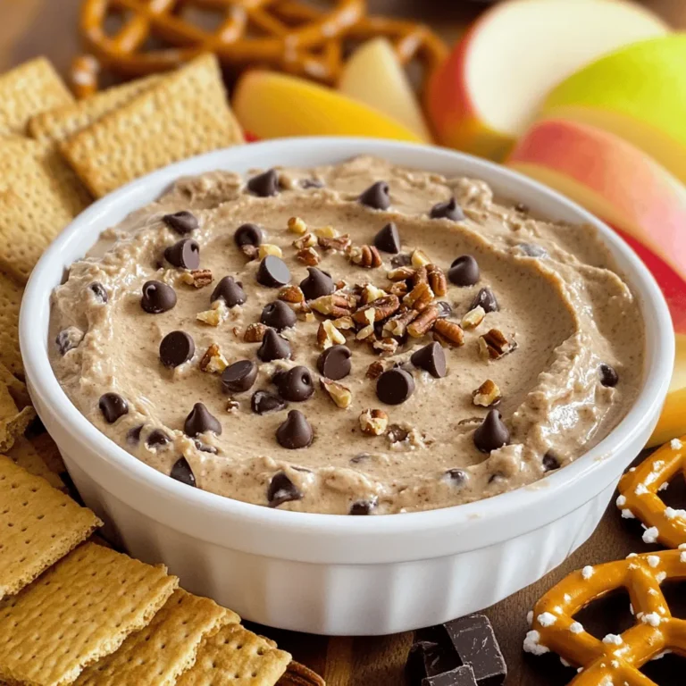 To make Chocolate Chip Cookie Dough Dip, you will need: - 1 cup all-purpose flour - 1/2 cup unsalted butter, at room temperature - 1/4 cup packed brown sugar - 1/4 cup granulated sugar - 1 teaspoon pure vanilla extract - 1/4 teaspoon fine sea salt - 1 (8 oz) package cream cheese, softened - 1/2 cup mini chocolate chips - 1/4 cup finely chopped nuts (optional for added crunch) - A selection of dippers (graham crackers, fresh apple slices, pretzel twists) You can swap some ingredients to fit your taste or needs. Here are a few ideas: - Use almond flour instead of all-purpose flour for a gluten-free option. - Replace unsalted butter with coconut oil for a dairy-free version. - If you don’t have brown sugar, you can use more granulated sugar. - For a creamier dip, try mascarpone cheese instead of cream cheese. - Use dark chocolate chips for a richer flavor or swap them with white chocolate chips for a sweet twist. This dip is a tasty treat, but be aware of its nutritional content. Here’s a rough idea per serving (based on 6 servings): - Calories: 220 - Total Fat: 12g - Saturated Fat: 7g - Cholesterol: 30mg - Sodium: 120mg - Total Carbohydrates: 25g - Dietary Fiber: 1g - Sugars: 14g - Protein: 2g Feel free to adjust serving sizes based on your needs. Enjoy your dip with your favorite snacks! Check out the Full Recipe for more details. Start by gathering your ingredients. You need a few simple items. First, take 1 cup of all-purpose flour. Next, grab 1/2 cup of unsalted butter, softened at room temperature. You will also need 1/4 cup of both packed brown sugar and granulated sugar. Don’t forget 1 teaspoon of pure vanilla extract and 1/4 teaspoon of fine sea salt. Lastly, get an 8-ounce package of softened cream cheese, 1/2 cup of mini chocolate chips, and 1/4 cup of finely chopped nuts if you like a little crunch. In a medium bowl, place the softened cream cheese and unsalted butter. Mix them together until smooth. You can use a hand mixer or a sturdy spatula. Gradually add in the brown sugar and granulated sugar. Keep mixing until everything is fluffy. Pour in the vanilla extract and sea salt, then mix until you have a velvety blend. Now, carefully add the flour to the bowl. Use a spatula to fold it in gently. Be careful not to overmix, or the dip may turn out too dense. Finally, fold in the mini chocolate chips and nuts for extra flavor. Transfer the dip into a serving bowl and cover it tightly with plastic wrap. Place it in the refrigerator for about 30 minutes. Chilling allows the flavors to blend well. It also helps the dip firm up, making it easier to scoop. When you are ready to serve, take it out and pair it with your favorite dippers, like graham crackers, apple slices, or pretzel twists. Enjoy the delicious taste of your Chocolate Chip Cookie Dough Dip! For the full recipe, check the recipe section above. One big mistake is using raw flour. Always heat treat your flour first. Spread it on a baking sheet and bake at 350°F for five minutes. This kills any bacteria and keeps your dip safe to eat. Avoid overmixing the dough. Mixing too much can make the dip too dense. You want it creamy and light. To get a smooth dip, use room temperature cream cheese and butter. Cold ingredients will not blend well. Mix until creamy and fluffy before adding flour. Fold in the flour gently. This keeps the dip light. Chill the dip for at least 30 minutes. This step firms it up and melds the flavors. To boost flavor, use high-quality vanilla extract. You can also try different types of chocolate chips, like dark or white chocolate. Adding a pinch of sea salt can enhance sweetness. Nuts add crunch and depth. Try adding a splash of almond extract for a new twist. For a seasonal touch, mix in some cinnamon or pumpkin spice during fall. For the complete recipe, visit the [Full Recipe]. {{image_4}} You can change the dip with different add-ins. Try using peanut butter chips or toffee bits. Nuts add a nice crunch, too. I like to use finely chopped walnuts or pecans. You can also swirl in some caramel sauce for extra sweetness. Each add-in brings a new taste to the mix. Want to mix things up? Change the vanilla to almond extract for a new flavor. You can even use cocoa powder for a richer chocolate taste. Another fun idea is to add a hint of espresso powder. This gives the dip a coffee kick that pairs well with chocolate. Seasonal dips can add fun to your table. In fall, I love adding pumpkin spice to the mix. A pinch of cinnamon and nutmeg will warm up this treat. For winter, think about peppermint extract. This gives the dip a fresh and festive taste. You can even top it with crushed candy canes for a holiday twist. Each variation lets you create your own version of this dip. Get creative and have fun! For the full recipe, check the details above. After enjoying your dip, store any leftovers in an airtight container. Place it in the fridge. This helps keep it fresh for up to five days. Always cover the dip to prevent it from drying out. If you notice any change in texture or smell, it's best to toss it. You can freeze Chocolate Chip Cookie Dough Dip for longer storage. Use a freezer-safe container and seal it well. The dip can last for about three months in the freezer. To thaw, transfer it to the fridge overnight. Mix it well before serving to bring back its creamy texture. This dip is best served cold, so reheating isn’t necessary. If you prefer a warm version, heat it gently in a microwave. Use short bursts of 10-15 seconds, stirring in between. Be careful not to overheat, as this can change the consistency. Enjoy it with your favorite dippers for a warm treat! Chocolate Chip Cookie Dough Dip stays fresh in the fridge for about five days. Store it in an airtight container to keep it from drying out. If you see any changes in smell or color, it’s best to throw it away. Yes, you can make this dip ahead of time. In fact, making it a day before can help the flavors blend better. Just cover it well and chill it in the fridge. This way, all you need to do is grab it when you’re ready to serve. You can dip many tasty items in this dip! Here are some great options: - Graham crackers - Fresh apple slices - Pretzel twists - Vanilla wafers - Sliced bananas Feel free to mix and match your favorite dippers! In this blog post, we explored how to make Chocolate Chip Cookie Dough Dip. We discussed key ingredients, techniques, and tips to avoid common mistakes. Remember the chilling process to enhance texture, and feel free to try different flavors. Storing and reheating your leftovers ensures no waste. Overall, this dip is fun and easy to make. With these insights, you can enjoy this sweet treat anytime. Don’t hesitate to share your favorite variations and ideas!