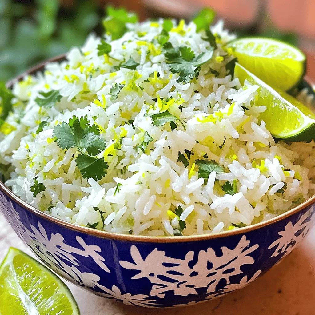 - 1 cup jasmine rice - 2 cups water - 1 tablespoon olive oil - 1 teaspoon salt - Zest of 1 lime - Juice of 1 lime - 1/4 cup fresh cilantro, finely chopped - 1/2 teaspoon garlic powder - 1/4 teaspoon black pepper - Optional: 1/4 teaspoon red pepper flakes Using fresh cilantro is key for great flavor. Fresh cilantro adds a bright, green taste that dried herbs just can't match. When you chop the cilantro, use a sharp knife to keep it fresh and vibrant. Choosing high-quality jasmine rice makes a difference too. Look for rice that has a nice aroma and a clean appearance. This type of rice cooks up fluffy and pairs well with zesty flavors. Fresh lime juice is another must-have. It packs a punch that bottled juice can't beat. The zest from the lime adds extra flavor and aroma, giving your rice a fresh kick. Using real ingredients makes your dish stand out. For the full recipe, check out the details earlier. First, rinse the jasmine rice. Place the rice in a fine-mesh strainer. Rinse it under cold running water. Keep rinsing until the water runs clear. This step removes excess starch. It helps make the rice fluffy, not gummy. Next, combine the ingredients in a saucepan. In a medium-sized saucepan, add the rinsed rice, 2 cups of water, and 1 teaspoon of salt. Stir briefly to mix. Bring this mixture to a rolling boil over medium-high heat. Once the water boils, reduce the heat to low. Cover the saucepan with a tight lid. Let it simmer undisturbed for 15 minutes. This allows the rice to absorb all the water and become tender. After 15 minutes, remove the saucepan from the heat. Keep it covered for another 5 minutes. This steaming step is crucial. It helps the rice finish cooking and settle nicely. Now, it’s time to fluff the rice and add flavor. Use a fork to gently fluff the rice. This helps separate the grains. Then, add the olive oil, lime zest, lime juice, chopped cilantro, garlic powder, and black pepper. If you want some heat, add the red pepper flakes. Stir gently until everything is well mixed. Finally, taste the rice. Adjust the seasoning if needed. You can add more lime juice for brightness or salt for flavor. For the full recipe, check out the complete instructions above. - Overcooking or undercooking the rice: This can lead to mushy or hard rice. To avoid this, follow the cooking time and check the rice for doneness. - Not letting the rice steam adequately: Skipping the steaming step can make the rice sticky. Always let it sit covered after cooking for better texture. - Suggestions for additional spices: You can try adding cumin or coriander for extra depth. These spices blend well with the lime and cilantro. - How to brighten flavors with extra lime: A little more lime juice can lift the dish. Add it to taste after cooking for a zesty kick. - Serving suggestions or plating ideas: Use a colorful bowl to make the rice pop. Pair it with grilled veggies or proteins for a complete meal. - Garnishing for visual appeal: Top with fresh cilantro leaves and a lime wedge. This adds color and makes the dish look fresh and inviting. For the full recipe, follow the steps outlined above to create this tasty dish! {{image_4}} You can change up the flavor of your zesty cilantro lime rice easily. - Adding spices: Try adding spices like cumin or coriander. These spices give a warm, earthy taste. You can add about 1/2 teaspoon of either spice when you mix in the lime juice and cilantro. - Incorporating vegetables: You can also add vegetables. Sweet corn or colorful bell peppers work great. Simply sauté the veggies before mixing them with the rice. This adds color and crunch to your dish. Not everyone eats the same way, and that's okay! You can adjust the recipe to fit different diets. - Gluten-free options: This recipe is naturally gluten-free. Just make sure to check your rice brand. Most jasmine rice is gluten-free, but it's good to confirm. - Vegan-friendly swaps: Want it vegan? Swap olive oil for coconut oil or vegetable broth. This keeps the flavors bright and fresh. Pairing the rice with the right foods makes it even better. - Suggested proteins: This rice goes well with grilled chicken, shrimp, or tofu. These proteins bring in extra flavor and make the meal filling. - Complete meal ideas: You could serve the rice with black beans and a fresh salad. This makes a colorful and healthy meal. Just add some avocado slices for creaminess. For a full recipe, check out the [Full Recipe]. To keep your zesty cilantro lime rice fresh, follow these steps: - Cool the rice: Let it cool to room temperature before storing. - Use airtight containers: Store in a glass or plastic container with a tight lid. - Refrigerate: Place the container in the fridge within two hours of cooking. Storing rice correctly prevents spoilage and keeps it tasty for later meals. When it’s time to enjoy your leftover rice, try these methods: - Microwave: Place rice in a bowl with a splash of water. Cover with a damp paper towel. Heat in short bursts, stirring between each to avoid hot spots. - Stovetop: Add rice to a saucepan with a little water. Heat on low, stirring gently until warm. These methods help keep your rice fluffy and avoid a dry texture. If you want to store rice for a longer time, freezing works well. Here’s how to do it: - Cool and portion: Cool the rice and divide it into portions. - Use freezer bags: Place portions in freezer-safe bags. Squeeze out the air and seal. - Label and freeze: Write the date on the bags and store in the freezer. When you’re ready to eat, thaw the rice overnight in the fridge before reheating. To make Zesty Cilantro Lime Rice, start by rinsing 1 cup of jasmine rice under cold water until clear. This helps keep the rice fluffy. Next, add the rinsed rice, 2 cups of water, and 1 teaspoon of salt to a medium saucepan. Bring this mix to a boil over medium-high heat. Once boiling, lower the heat and cover the pan. Let it simmer for 15 minutes or until all the water is absorbed. After that, remove the pan from heat but keep it covered for another 5 minutes. This steaming step is key for perfect texture. Finally, fluff the rice with a fork and mix in olive oil, lime zest, lime juice, chopped cilantro, garlic powder, and black pepper. You can find the Full Recipe for more detailed steps. Jasmine rice is the best choice for cilantro lime rice. It has a lovely aroma and a soft, sticky texture that absorbs flavors well. Long-grain white rice can work too, but it won’t provide the same fragrant taste. Avoid using brown rice, as it takes longer to cook and may not pair well with the zesty flavors. Yes, you can make Zesty Cilantro Lime Rice ahead of time. It stores well in the fridge for about 3 to 4 days. Just place it in an airtight container once cooled. When you're ready to eat, reheat it in the microwave or on the stove with a splash of water to keep it moist. This makes it a great option for meal prep! Zesty Cilantro Lime Rice is easy to make and full of fresh flavor. You learned about key ingredients like jasmine rice, lime juice, and fresh cilantro. Cooking tips helped you avoid common mistakes and suggested ways to enhance flavor. We explored fun variations and how to store leftovers properly. This dish can brighten any meal, so enjoy making it your own. Keep experimenting, and you’ll find the perfect taste for your plate.