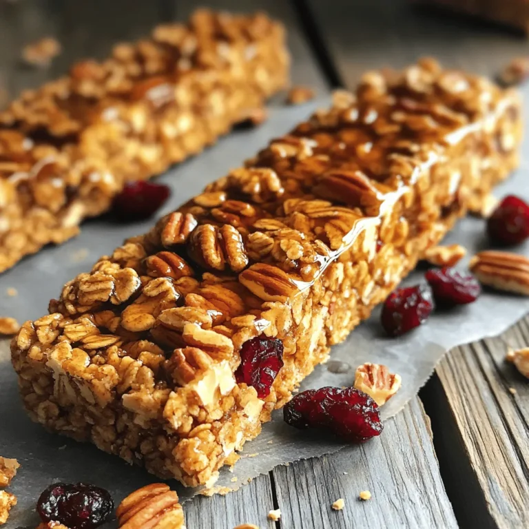 To make your Maple Pecan Granola Bars, you will need the following ingredients: - 2 cups rolled oats - 1 cup pecans, chopped - 1/2 cup almond butter - 1/2 cup pure maple syrup - 1/4 cup honey - 1/2 teaspoon vanilla extract - 1/2 teaspoon ground cinnamon - 1/4 teaspoon sea salt - 1/2 cup dried cranberries or raisins (optional) These ingredients work together to create a tasty and chewy snack. The oats provide a hearty base, while the pecans add crunch. Almond butter offers healthy fats, and maple syrup gives a natural sweetness. Honey enhances the flavor, making each bite delightful. Vanilla, cinnamon, and salt round out the taste. If you like, toss in some dried cranberries or raisins for extra sweetness and texture. You can find the Full Recipe for a step-by-step guide on how to bring these delicious bars to life! First, preheat your oven to 350°F (175°C). This step warms up your oven for baking. Next, prepare your baking dish. Use an 8x8-inch dish and line it with parchment paper. Leave some paper hanging over the edges. This makes it easy to lift your bars out later. In a large bowl, combine 2 cups of rolled oats with 1 cup of chopped pecans. Stir well to mix them. This helps ensure that the pecans are spread evenly throughout the oats. In a small saucepan, heat 1/2 cup of almond butter, 1/2 cup of pure maple syrup, and 1/4 cup of honey. Add 1/2 teaspoon of vanilla extract, 1/2 teaspoon of ground cinnamon, and 1/4 teaspoon of sea salt. Stir this mixture over low heat until it becomes smooth. This process takes about 3 to 5 minutes. Once your wet mixture is ready, pour it over the dry oat and pecan mix. If you want, add 1/2 cup of dried cranberries or raisins now. Mix everything together well. Make sure the oats and nuts are evenly coated with the sticky mixture. Next, transfer the combined mixture into your prepared baking dish. Use clean hands or a spatula to press the mixture down firmly. This step helps your bars hold their shape when baked. Bake for 20 to 25 minutes. Keep an eye on them, and look for golden brown edges. After baking, take them out and let them cool in the pan for about 10 minutes. Use the parchment paper to lift the bars out onto a wire rack. Let them cool completely. Once cool, cut them into your desired shapes, either bars or squares. Store your maple pecan granola bars in an airtight container. They stay fresh at room temperature for up to a week. For longer freshness, refrigerate them. For the Full Recipe, check the details above. To keep your granola bars fresh, store them in an airtight container. This helps keep moisture out. I recommend using a glass container or a plastic one with a secure lid. If you stack the bars, place parchment paper between them. This prevents sticking. For longer freshness, you can refrigerate them. Just remember to let them reach room temperature before serving. These granola bars look lovely when served in a decorative basket. Line the basket with a cloth napkin for a nice touch. You can also cut them into fun shapes for kids. Pair them with yogurt for breakfast or a snack. They go well with fresh fruit too, like sliced bananas or berries. You can also enjoy them with a warm cup of tea or coffee. One common mistake is not pressing the mixture firmly enough into the dish. This step is key to keeping the bars together. Use clean hands or a spatula to press it down well. Another mistake is not watching the baking time. The edges should turn golden brown. If they look too dark, they may taste burnt. Check them a few minutes before the timer goes off. {{image_4}} You can change the nuts in your granola bars. Try using walnuts or almonds instead of pecans. Each nut brings a different taste and crunch. You can also use flavored nut butters. For example, a peanut butter or cashew butter can add a new twist. Consider adding dried fruits for extra flavor. Chopped apricots or figs can change the taste of your bars. You can also mix in seeds like chia or flaxseeds. These seeds add nutrition and a nice crunch. If you need gluten-free bars, choose certified gluten-free oats. This way, you can enjoy them without worry. For vegan options, replace honey with more maple syrup or agave nectar. Both work well and keep the bars sweet. Each Maple Pecan Granola Bar has about 200 calories. This makes them a great snack choice. The bars have a balanced mix of macronutrients. Here’s how they break down: - Carbohydrates: 24 grams - Protein: 5 grams - Fat: 10 grams These numbers can change slightly based on any add-ins or substitutions. Oats and pecans bring many health benefits to the table. Oats are high in fiber. This helps keep your digestion smooth. Fiber also keeps you feeling full longer. Pecans are packed with healthy fats. They support heart health and provide energy. The fiber in these bars aids in digestion. Healthy fats from pecans help reduce bad cholesterol. Together, they make these bars a smart snack. Enjoying them can support your overall health. Maple Pecan Granola Bars stay fresh for about a week. Keep them in an airtight container. This helps them avoid getting soft or stale. For best results, store them at room temperature. If you want them to last longer, put them in the fridge. This can keep them fresh for up to two weeks. Yes, you can freeze these bars! First, cut them into pieces. Wrap each piece tightly in plastic wrap. Then, put them in a freezer bag. This helps prevent freezer burn. You can freeze them for up to three months. When you want to eat one, just take it out and let it thaw. If you need a substitute for almond butter, try peanut butter or cashew butter. You can also use sunflower seed butter for a nut-free option. Each will give a different flavor but still taste great. Just make sure the texture is similar so your bars hold together. Definitely! These bars make a great snack for kids. They are packed with oats and nuts, providing good energy. The maple syrup adds a touch of sweetness that kids love. They are healthier than many store-bought snacks. Just keep an eye on portion sizes for younger children. To cut down on sugar, use less maple syrup or honey. You can also swap in mashed bananas or unsweetened applesauce. Both give sweetness without added sugar. Another option is to use sugar-free syrup. This way, you keep the flavor while reducing the sugar content. You can find the Full Recipe for these crunchy maple pecan granola bars [here](#). In this post, we covered how to make Maple Pecan Granola Bars. We listed the key ingredients and gave easy steps. You learned what to do from mixing to baking and cooling. I shared tips for storage and serving. I also discussed possible variations and nutrition facts. These bars are tasty, healthy, and great for snacks. You can adapt the recipe to fit your needs. Enjoy making them your own!