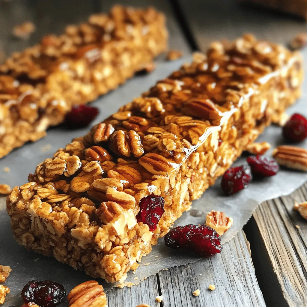 To make your Maple Pecan Granola Bars, you will need the following ingredients: - 2 cups rolled oats - 1 cup pecans, chopped - 1/2 cup almond butter - 1/2 cup pure maple syrup - 1/4 cup honey - 1/2 teaspoon vanilla extract - 1/2 teaspoon ground cinnamon - 1/4 teaspoon sea salt - 1/2 cup dried cranberries or raisins (optional) These ingredients work together to create a tasty and chewy snack. The oats provide a hearty base, while the pecans add crunch. Almond butter offers healthy fats, and maple syrup gives a natural sweetness. Honey enhances the flavor, making each bite delightful. Vanilla, cinnamon, and salt round out the taste. If you like, toss in some dried cranberries or raisins for extra sweetness and texture. You can find the Full Recipe for a step-by-step guide on how to bring these delicious bars to life! First, preheat your oven to 350°F (175°C). This step warms up your oven for baking. Next, prepare your baking dish. Use an 8x8-inch dish and line it with parchment paper. Leave some paper hanging over the edges. This makes it easy to lift your bars out later. In a large bowl, combine 2 cups of rolled oats with 1 cup of chopped pecans. Stir well to mix them. This helps ensure that the pecans are spread evenly throughout the oats. In a small saucepan, heat 1/2 cup of almond butter, 1/2 cup of pure maple syrup, and 1/4 cup of honey. Add 1/2 teaspoon of vanilla extract, 1/2 teaspoon of ground cinnamon, and 1/4 teaspoon of sea salt. Stir this mixture over low heat until it becomes smooth. This process takes about 3 to 5 minutes. Once your wet mixture is ready, pour it over the dry oat and pecan mix. If you want, add 1/2 cup of dried cranberries or raisins now. Mix everything together well. Make sure the oats and nuts are evenly coated with the sticky mixture. Next, transfer the combined mixture into your prepared baking dish. Use clean hands or a spatula to press the mixture down firmly. This step helps your bars hold their shape when baked. Bake for 20 to 25 minutes. Keep an eye on them, and look for golden brown edges. After baking, take them out and let them cool in the pan for about 10 minutes. Use the parchment paper to lift the bars out onto a wire rack. Let them cool completely. Once cool, cut them into your desired shapes, either bars or squares. Store your maple pecan granola bars in an airtight container. They stay fresh at room temperature for up to a week. For longer freshness, refrigerate them. For the Full Recipe, check the details above. To keep your granola bars fresh, store them in an airtight container. This helps keep moisture out. I recommend using a glass container or a plastic one with a secure lid. If you stack the bars, place parchment paper between them. This prevents sticking. For longer freshness, you can refrigerate them. Just remember to let them reach room temperature before serving. These granola bars look lovely when served in a decorative basket. Line the basket with a cloth napkin for a nice touch. You can also cut them into fun shapes for kids. Pair them with yogurt for breakfast or a snack. They go well with fresh fruit too, like sliced bananas or berries. You can also enjoy them with a warm cup of tea or coffee. One common mistake is not pressing the mixture firmly enough into the dish. This step is key to keeping the bars together. Use clean hands or a spatula to press it down well. Another mistake is not watching the baking time. The edges should turn golden brown. If they look too dark, they may taste burnt. Check them a few minutes before the timer goes off. {{image_4}} You can change the nuts in your granola bars. Try using walnuts or almonds instead of pecans. Each nut brings a different taste and crunch. You can also use flavored nut butters. For example, a peanut butter or cashew butter can add a new twist. Consider adding dried fruits for extra flavor. Chopped apricots or figs can change the taste of your bars. You can also mix in seeds like chia or flaxseeds. These seeds add nutrition and a nice crunch. If you need gluten-free bars, choose certified gluten-free oats. This way, you can enjoy them without worry. For vegan options, replace honey with more maple syrup or agave nectar. Both work well and keep the bars sweet. Each Maple Pecan Granola Bar has about 200 calories. This makes them a great snack choice. The bars have a balanced mix of macronutrients. Here’s how they break down: - Carbohydrates: 24 grams - Protein: 5 grams - Fat: 10 grams These numbers can change slightly based on any add-ins or substitutions. Oats and pecans bring many health benefits to the table. Oats are high in fiber. This helps keep your digestion smooth. Fiber also keeps you feeling full longer. Pecans are packed with healthy fats. They support heart health and provide energy. The fiber in these bars aids in digestion. Healthy fats from pecans help reduce bad cholesterol. Together, they make these bars a smart snack. Enjoying them can support your overall health. Maple Pecan Granola Bars stay fresh for about a week. Keep them in an airtight container. This helps them avoid getting soft or stale. For best results, store them at room temperature. If you want them to last longer, put them in the fridge. This can keep them fresh for up to two weeks. Yes, you can freeze these bars! First, cut them into pieces. Wrap each piece tightly in plastic wrap. Then, put them in a freezer bag. This helps prevent freezer burn. You can freeze them for up to three months. When you want to eat one, just take it out and let it thaw. If you need a substitute for almond butter, try peanut butter or cashew butter. You can also use sunflower seed butter for a nut-free option. Each will give a different flavor but still taste great. Just make sure the texture is similar so your bars hold together. Definitely! These bars make a great snack for kids. They are packed with oats and nuts, providing good energy. The maple syrup adds a touch of sweetness that kids love. They are healthier than many store-bought snacks. Just keep an eye on portion sizes for younger children. To cut down on sugar, use less maple syrup or honey. You can also swap in mashed bananas or unsweetened applesauce. Both give sweetness without added sugar. Another option is to use sugar-free syrup. This way, you keep the flavor while reducing the sugar content. You can find the Full Recipe for these crunchy maple pecan granola bars [here](#). In this post, we covered how to make Maple Pecan Granola Bars. We listed the key ingredients and gave easy steps. You learned what to do from mixing to baking and cooling. I shared tips for storage and serving. I also discussed possible variations and nutrition facts. These bars are tasty, healthy, and great for snacks. You can adapt the recipe to fit your needs. Enjoy making them your own!