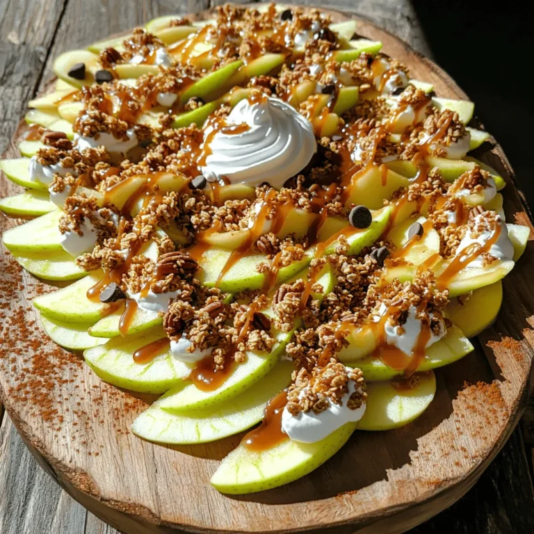 To make delicious caramel apple nachos, you need: - 2 large apples (like Granny Smith or Honeycrisp), thinly sliced - 1 cup granola or crushed graham crackers - 1/2 cup caramel sauce (store-bought or homemade) - 1/4 cup mini chocolate chips - 1/4 cup chopped pecans or walnuts (optional) - 1/4 cup whipped cream (for drizzling) - Pinch of cinnamon (optional) This recipe makes about four servings. Each serving provides a great mix of sweet and crunchy flavors. You can share this fun treat with friends or family. If you want more, just double the amounts. - Apples: Choose firm apples for the best crunch. Avoid soft or bruised apples. - Granola: Use your favorite granola for added flavor and texture. Check for added sugars. - Caramel Sauce: If using store-bought, check the label for quality ingredients. Homemade sauce can be richer. - Nuts: If you add nuts, use fresh ones for the best taste. Toast them lightly for extra flavor. - Cinnamon: This spice adds warmth. Use just a pinch to avoid overpowering the dish. With these tips, your caramel apple nachos will shine. For the complete process, follow the Full Recipe to make this tasty dessert! To start, wash and dry your apples well. I like using Granny Smith or Honeycrisp for their crunch. Core the apples using a corer or knife. After that, cut them into thin wedges. Aim for slices that look like nacho chips. Next, take a large platter or parchment paper for easy cleanup. Arrange your apple slices in a neat, overlapping pattern. Now, sprinkle granola or crushed graham crackers over the apples. This adds a nice crunch. Drizzle the caramel sauce generously across the apple and granola mix. Make sure to cover everything, so the taste is even. Then, scatter mini chocolate chips on top. They stick well to the caramel. If you want, add chopped pecans or walnuts for extra crunch. For a hint of spice, dust a light pinch of cinnamon over the nachos. This makes the flavors pop! Finally, drizzle whipped cream over the top, making it look beautiful and inviting. Serve your caramel apple nachos right away. They look best fresh and warm. You want to impress your friends with the sweet, crunchy, and creamy mix. For a fun touch, you can add extra chocolate chips or nuts on the side. This lets everyone customize their nachos. Enjoy this delightful dish! For the full recipe, check out the details above. One big mistake is cutting apples too thick. Thin slices work best for nachos. Another mistake is not drying the apples. Wet apples can make the nachos soggy. Also, don't skip the caramel drizzle. A good, even coating adds the best flavor. Lastly, avoid using too many toppings. Balance is key for a great taste. To boost flavor, try using a mix of apples. Combining tart and sweet apples adds depth. You can also add a splash of lemon juice. This keeps the apples fresh and bright. For a special touch, use flavored caramel sauce. Salted caramel or vanilla caramel can change the game. A sprinkle of sea salt on top gives a nice contrast. Serve your caramel apple nachos right away. They taste best fresh. Use a large platter for a fun presentation. You can also serve them as a dessert bar. Let guests build their own nachos with different toppings. This adds a fun, interactive element to the dish. Remember, the choice of toppings can make it a unique experience. For a quick snack, enjoy them with friends during movie night. For the complete guide on how to make these delicious treats, check the Full Recipe above. {{image_4}} You can mix flavors to make caramel apple nachos even more fun. Try using different apple types, like sweet Fuji or tart Granny Smith. Each type adds its own taste. You can also add a hint of vanilla in your caramel sauce. This small change can enhance the flavor. If you love spicy notes, a pinch of cayenne pepper in the caramel can surprise your taste buds. Feel free to get creative with your toppings. Besides chocolate chips, you can use dried fruits like cranberries or raisins. They add sweetness and chewiness. For a salty twist, sprinkle some pretzel pieces on top. If you want a tropical vibe, add shredded coconut or pineapple bits. Drizzling some peanut butter or Nutella over the nachos can also bring a new flavor. If you need to make dietary changes, no problem! For a vegan option, use dairy-free caramel sauce and skip the whipped cream. You can also replace regular chocolate chips with dairy-free ones. If you're gluten-free, make sure to use gluten-free granola or graham crackers. This dish can fit many diets while still being delicious. Try these ideas from the Full Recipe to suit your needs! To keep your caramel apple nachos fresh, place them in an airtight container. Use parchment paper to separate layers if needed. This prevents sogginess from the caramel and whipped cream. Store them in the fridge to maintain their crunch and flavor. Reheating is not recommended for this dish. The apples may become mushy, and the caramel can lose its texture. If you prefer warm nachos, make a fresh batch using the [Full Recipe]. It’s quick and easy! These nachos are best enjoyed right away. If stored well, they can last up to two days in the fridge. However, for the best taste and texture, eat them within one day. The longer they sit, the less appealing they become. To make homemade caramel sauce, you need sugar, butter, and cream. Start by melting sugar in a pot over medium heat. Stir it until it turns golden brown. Then, add butter and mix well. Slowly pour in heavy cream while stirring. Let it simmer for a few minutes until thick. This sauce is creamy and rich, perfect for drizzling over your caramel apple nachos. Yes, you can use different fruits! Pears, bananas, or even strawberries work well. Just slice them thinly, like the apples. Each fruit adds its own unique flavor. Mixing fruits can make your nachos more colorful and fun. Experiment to find your favorite combination. Caramel apple nachos blend classic treats into one dish. They likely came from the desire to combine two favorites: caramel apples and nachos. This dish gained popularity at fairs and festivals. It’s an easy way to enjoy the sweet taste of caramel apples. You can find many variations, but the fun stays the same. For the full recipe, check out the steps above! This article covered the key parts of making caramel apple nachos. We discussed the best ingredients and important tips for quality. I shared simple steps for prepping and serving this tasty treat. Common mistakes were highlighted to help you avoid issues. You also learned about different flavor combos and how to store leftovers. In conclusion, crafting caramel apple nachos is fun and easy. Enjoy your delicious creation!