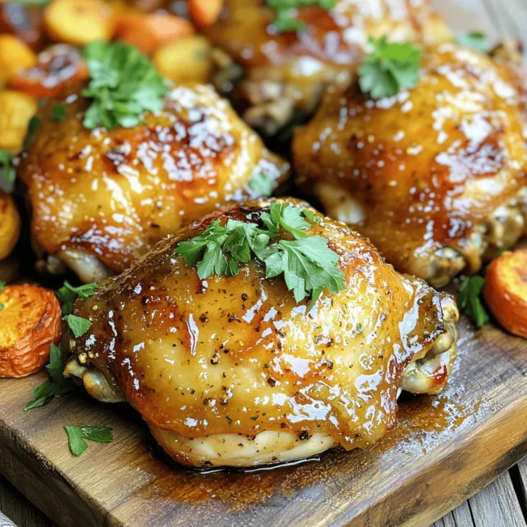 - 4 bone-in, skin-on chicken thighs - 1/4 cup honey - 1/4 cup Dijon mustard - 2 tablespoons extra virgin olive oil - 3 cloves garlic, finely minced - 1 tablespoon apple cider vinegar - 1 teaspoon dried thyme - 1 teaspoon smoked paprika - Salt and freshly ground black pepper to taste - Fresh parsley, finely chopped (for garnish) When making honey mustard chicken thighs, I love to focus on the main ingredients first. The chicken thighs provide rich flavor and moisture. Using bone-in and skin-on thighs gives you the best taste. The honey and Dijon mustard mix creates a sweet yet tangy sauce. The olive oil helps to keep everything juicy. For the additional flavorings, garlic is key. It adds depth to the dish. Apple cider vinegar brings a nice balance to the honey's sweetness. Thyme and smoked paprika give more layers of flavor. Don't forget salt and pepper; they enhance everything. Finally, fresh parsley adds color and a bright touch when you serve the chicken. This combination of ingredients makes for an easy yet tasty meal. You can find the full recipe at the end of the article. Set your oven to 400°F (200°C). This helps cook the chicken evenly and quickly. In a medium bowl, combine the following: - 1/4 cup honey - 1/4 cup Dijon mustard - 2 tablespoons extra virgin olive oil - 3 cloves garlic, finely minced - 1 tablespoon apple cider vinegar - 1 teaspoon dried thyme - 1 teaspoon smoked paprika - Salt and freshly ground black pepper to taste Whisk everything together until smooth. This mix gives the chicken great flavor. Place four bone-in, skin-on chicken thighs in a large baking dish. Pour the honey mustard marinade over the chicken. Make sure each piece is well coated. This ensures every bite is tasty. Put the dish in the oven and bake for 30 to 35 minutes. The chicken is done when the skin turns golden brown. The internal temperature should reach 165°F (75°C). I always check this to avoid undercooking. For extra crispiness, switch to broil for the last 3 to 5 minutes. Watch closely to avoid burning. Broiling gives the skin a nice crunch. Once cooked, remove the dish from the oven. Let the chicken rest for 5 minutes. This step helps the juices stay in the meat, making it juicy. Before serving, sprinkle fresh chopped parsley on top. This adds color and a fresh taste. Enjoy your honey mustard chicken thighs! For the full recipe, check out the detailed instructions above. When making honey mustard chicken thighs, you have choices. You can pick bone-in or boneless. Bone-in thighs give more flavor. They stay moist while cooking. Boneless thighs cook faster but may dry out. Skin-on thighs add crispiness. Skinless thighs are lighter but less rich. Choose what fits your taste best. To boost flavor, try adding spices. Smoked paprika gives a nice touch. You might also like adding garlic powder for extra depth. Fresh herbs like rosemary or thyme work well too. A pinch of cayenne can add a kick if you love heat. Experiment to find your favorite mix. Baking chicken thighs evenly is key. Start with a hot oven at 400°F (200°C). Place the thighs skin-side up in a single layer. This helps them brown nicely. Check the chicken often as it cooks. Broiling for a few minutes at the end gives a crispy finish. Letting the chicken rest after cooking keeps it juicy. For the full recipe, visit [Full Recipe]. {{image_4}} You can switch honey for maple syrup. This change gives the dish a new taste. Maple adds a warm, sweet flavor that pairs well with mustard. You will love the twist this brings. Simply replace the honey in the recipe with an equal amount of maple syrup. This subtle shift can surprise your taste buds and make the dish feel fresh. Want some heat? Add cayenne pepper or hot sauce to the marinade. This makes the honey mustard chicken thighs spicy and exciting. Start with a small amount and taste. You can always add more if you want it hotter. This spicy kick balances the sweetness and makes each bite more thrilling. You can turn this dish into a one-pan meal. Add vegetables to the baking dish with the chicken. Carrots, potatoes, or green beans work great. The chicken juices will flavor the veggies, making them tasty. Simply chop your chosen veggies and place them around the chicken before baking. This way, you get a complete meal with minimal cleanup. To store leftover chicken thighs, let them cool first. Place the chicken in an airtight container. Make sure to cover it tightly. You can keep it in the fridge for up to three days. For best results, eat the leftovers within this time frame. If you want to keep the honey mustard chicken thighs longer, freezing works well. Wrap each thigh in plastic wrap. Then place them in a freezer-safe bag. Be sure to remove as much air as possible. You can freeze them for up to three months. When you're ready to eat, thaw them in the fridge overnight. To reheat the chicken without drying it out, use an oven. Preheat it to 350°F (175°C). Place the chicken in a baking dish and add a splash of broth or water. Cover it with foil to trap moisture. Heat for about 20 minutes, or until warmed through. Enjoy your tasty chicken, just like it was fresh! For the full recipe, check the section above. To ensure your chicken is safe to eat, check the internal temperature. The safe cooking temperature for chicken is 165°F (75°C). Use a meat thermometer to check this. The skin should look golden brown and crispy. If the juices run clear when you cut into the chicken, it is also a good sign that it's done. Yes, you can use boneless chicken thighs. They cook faster than bone-in thighs, so reduce the cooking time by about 10 minutes. Boneless thighs will also give you a different texture. They tend to be slightly juicier since there is no bone to absorb moisture. Honey mustard chicken thighs taste great with various sides. Here are some popular options: - Roasted vegetables, like carrots and broccoli - Creamy mashed potatoes - A fresh green salad with a light vinaigrette - Rice or quinoa for a wholesome grain Making the marinade ahead is simple and saves time. Mix all the marinade ingredients together in a bowl. Store it in an airtight container in the fridge for up to 2 days. When you're ready to cook, just coat your chicken with the marinade. This makes meal prep quick and easy! Yes, you can grill honey mustard chicken thighs. Preheat your grill to medium heat. Marinate the chicken as you would for baking. Cook the thighs for about 6-8 minutes per side, or until they reach 165°F (75°C). This method adds a nice smoky flavor to the dish! In this blog post, we covered how to make honey mustard chicken thighs. You learned about key ingredients, including chicken, honey, and Dijon mustard. I shared step-by-step instructions to mix a tasty marinade and bake the chicken to perfection. Remember to let it rest and add parsley for a fresh touch. Experiment with variations like maple syrup or spices to customize your dish. With the right tips on storage and reheating, you can enjoy leftovers too. This recipe is easy and flavorful, making it perfect for busy weeknights. Enjoy your cooking!