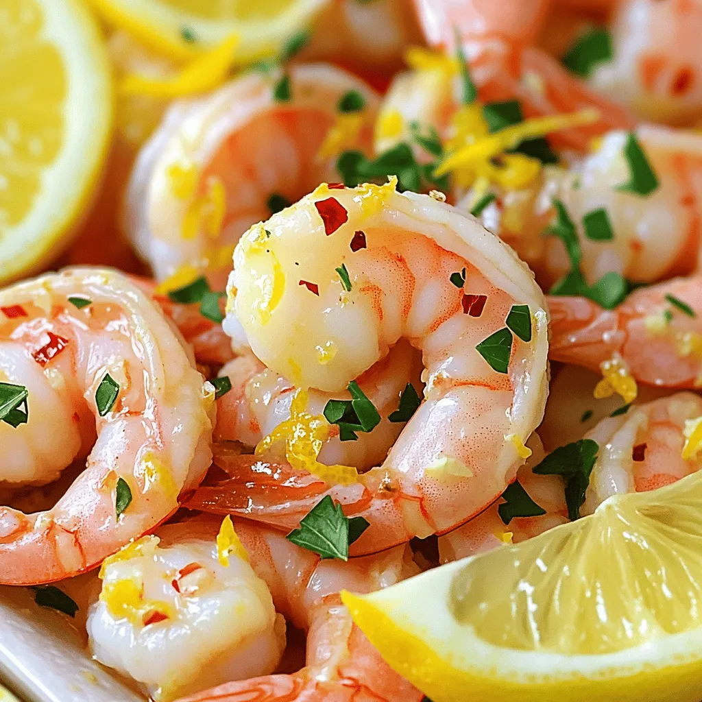 - 1 pound large shrimp, peeled and deveined - 4 tablespoons extra-virgin olive oil - 4 cloves fresh garlic, finely minced - Zest of 1 unwaxed lemon - 1/4 cup freshly squeezed lemon juice - 1/2 teaspoon red pepper flakes (adjust to taste) - Sea salt and freshly cracked black pepper, to taste - 2 tablespoons fresh parsley, finely chopped - Lemon wedges, for serving When I make Zesty Lemon Garlic Shrimp, I focus on fresh, high-quality ingredients. The shrimp should be large and firm. Choose shrimp that are peeled and deveined for ease. The garlic must be fresh, as it gives a bold flavor. Using unwaxed lemons is key; the zest adds a bright note without bitterness. Fresh lemon juice enhances the dish's zestiness. For seasoning, I use red pepper flakes for a bit of heat. Adjust the amount based on your taste. A sprinkle of sea salt and cracked black pepper rounds out the flavors nicely. Fresh parsley adds color and a fresh taste. Lastly, serve with lemon wedges to boost the dish's tang. For the full recipe, check out the Full Recipe section! First, grab a spacious bowl. In it, combine the shrimp with: - 1 pound large shrimp, peeled and deveined - 4 tablespoons extra-virgin olive oil - 4 cloves fresh garlic, finely minced - Zest of 1 unwaxed lemon - 1/4 cup freshly squeezed lemon juice - 1/2 teaspoon red pepper flakes (adjust to taste) - Sea salt and freshly cracked black pepper, to taste Gently toss all the ingredients until the shrimp are coated. This marinade is key for great flavor. Let the shrimp marinate at room temperature for 15 to 30 minutes. This time helps the flavors mix well and soak into the shrimp. You’ll notice that the shrimp will start to absorb the zesty taste. Next, preheat a large skillet over medium-high heat. The skillet needs to be hot before you add the shrimp. Once ready, carefully place the marinated shrimp in the skillet. Cook them for about 2-3 minutes on each side. They are done when they turn pink and opaque. This is when they are at their best! After cooking, take the skillet off the heat. Sprinkle chopped fresh parsley over the shrimp for a burst of color. You can serve the zesty shrimp right away. Pair it with lemon wedges for an extra zing. Squeezing fresh lemon juice on top adds a delightful touch! For the complete details, check the Full Recipe. To cook shrimp perfectly, watch for their color change. They will turn pink and opaque when done. This usually takes 2-3 minutes per side. Avoid overcooking by keeping an eye on them. Shrimp can become rubbery if cooked too long. For a zesty kick, add more lemon juice. It brightens the dish and makes it tangy. You can also play with spices. Try adding paprika for smokiness or thyme for an herbal note. These small changes can make a big difference in taste. Serve your shrimp in a vibrant bowl. This adds a pop of color to your table. Garnish with fresh parsley and lemon wedges. It makes the dish look inviting and fresh. A good presentation enhances the dining experience. {{image_4}} You can easily add vegetables to your zesty lemon garlic shrimp. Bell peppers, zucchini, and snap peas work well. Just chop them into bite-sized pieces. Toss them in the marinade with the shrimp. Cook them together for a colorful and tasty dish. You can also use asparagus or broccoli for added crunch. They will soak up the flavor and make the meal more filling. If you want to switch things up, try chicken or scallops. For chicken, cut it into small pieces. Use the same marinade and cook until it’s no longer pink. For scallops, follow the same steps as the shrimp. They cook quickly and have a nice, sweet flavor. Both options bring a new twist to the dish while keeping it delicious. Do you like heat? You can make this recipe spicier! Use fresh chili peppers like jalapeños or serranos. Chop them finely and add them to the marinade. You can also add more red pepper flakes if you want a little kick. Another option is to use hot sauce for a different flavor. Adjust the spice level to suit your taste for a thrilling meal experience. For the full recipe, check the detailed instructions above. You can keep Zesty Lemon Garlic Shrimp in the fridge for up to three days. Make sure to store it in an airtight container. This helps keep the shrimp fresh and tasty. After cooking, let it cool to room temperature before sealing it. This way, it won’t steam and get soggy. If you want to store leftovers longer, freezing is a great option. Place the shrimp in a freezer-safe bag. Remove as much air as possible to prevent freezer burn. You can freeze it for up to three months. When you’re ready to eat, thaw it in the fridge overnight. Never refreeze shrimp after it has been cooked. To reheat your shrimp, avoid using the microwave. This method can make shrimp rubbery. Instead, you can warm it gently in a skillet over low heat. Add a splash of olive oil or lemon juice to keep it moist. Cook for just a few minutes until heated through. This way, your shrimp stays delicious and tender. You can tell shrimp are cooked by looking at their color. They turn pink and opaque when done. The texture will also change; they become firmer. Cook shrimp for about 2-3 minutes on each side. If you see them curling tightly, that’s a sign they are ready. Overcooked shrimp can become rubbery, so watch them closely. Yes, you can use frozen shrimp! Just make sure to thaw them first. Place shrimp in the fridge overnight or run them under cold water for a quick thaw. Pat them dry before marinating. This helps the marinade stick better. Frozen shrimp can be just as tasty as fresh when cooked right. Zesty Lemon Garlic Shrimp pairs great with many sides. Here are some popular choices: - Steamed rice or quinoa - Garlic bread for a crunchy bite - Fresh salad with greens and vinaigrette - Roasted vegetables for added flavor - Pasta with olive oil and herbs These sides will make your meal tasty and complete. For the full recipe, check out the Zesty Lemon Garlic Shrimp Delight. Zesty Lemon Garlic Shrimp is a fresh and flavorful dish made with simple ingredients. You learned how to prepare and cook shrimp to keep it tender and juicy. There are tips for enhancing flavor, adding veggies, and even using different proteins. Always store leftovers safely to enjoy later. With these techniques, you can serve a tasty meal that impresses everyone. Now, it’s time to get cooking and enjoy your delicious shrimp!