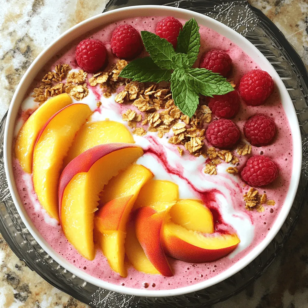 To create your Peach Melba Smoothie Bowl, you need these main ingredients: - 2 ripe peaches, pitted and thinly sliced - 1 cup frozen raspberries - 1 ripe banana, sliced - 1 cup almond milk (or your milk of choice) - 1 tablespoon honey or agave syrup - 1/2 teaspoon vanilla extract These ingredients form a sweet and creamy base. The peaches give a fresh taste. Raspberries add a slight tartness, while banana brings creaminess. Almond milk ties everything together, making it smooth. You can make your bowl even better with these garnishes: - 1/4 cup granola (for a delightful crunch) - Additional fresh raspberries and peach slices (for garnish) - Fresh mint leaves (optional, for garnish) Granola adds a crunchy texture that contrasts nicely with the smooth base. Fresh fruits enhance the bowl's look and flavor. Mint adds a touch of freshness and bright color. You can choose between dairy and non-dairy options for your smoothie bowl: - Use cow's milk, yogurt, or cream for a rich taste. - Almond milk, coconut milk, or oat milk works great for a lighter option. If you want a vegan bowl, stick to non-dairy milk. Both options taste delicious. Adjust your choice based on your dietary needs or preferences. I love starting with fresh ingredients. First, gather your peaches, raspberries, banana, almond milk, honey, and vanilla. Wash the peaches and raspberries. Next, pit and slice the peaches thinly. Slice your banana too. This step sets you up for a smooth blend. Now it's time to blend! Place the sliced peaches, frozen raspberries, banana, almond milk, honey, and vanilla in your blender. Blend on high speed until it is smooth. Scrape down the sides if needed. If it’s too thick, add a splash of almond milk. The goal is a creamy texture that’s easy to pour. Pour your smoothie into a bowl. Smooth the top with a spoon. Next, sprinkle granola over the top for crunch. Then, add the fresh raspberries and peach slices on top. This adds color and flavor. If you want, garnish with mint leaves. It makes your bowl look even more inviting. Enjoy your Peach Melba Smoothie Bowl right away for the best taste! For the full recipe, check the details above. To get the right smoothie texture, balance your ingredients. Use ripe fruits like peaches and bananas. They add natural sweetness and creaminess. If your smoothie is too thick, add more almond milk a little at a time. Blend until smooth, then check the texture. It should be thick yet pourable. If you want a thicker smoothie, add more frozen raspberries. They help create a nice, creamy base that holds its shape. When it comes to serving, choose a deep bowl. This lets you showcase all the bright colors. Pour the smoothie gently into the bowl. Use the back of a spoon to smooth the top. For toppings, arrange your fresh raspberries and peach slices in fun patterns. Add granola last for a crunchy finish. A sprig of mint on top adds a pop of color. Remember, you eat with your eyes first. Make it pleasing and fun! This Peach Melba Smoothie Bowl is not just tasty; it's healthy too! Peaches are full of vitamins A and C. Raspberries provide fiber and antioxidants. Bananas add potassium, which is great for energy. Almond milk is low in calories and dairy-free. If you want more protein, add Greek yogurt to your mix. Sweeteners like honey or agave should be used sparingly. This keeps sugar levels in check while still being delightful. Enjoy this nutritious bowl knowing you're fueling your body right! {{image_4}} You can change up the fruits in your Peach Melba Smoothie Bowl. Try using mango, blueberries, or strawberries. Each fruit brings its own flavor. For a tropical twist, add pineapple or kiwi. Mixing fruits keeps your bowl fresh and fun! This smoothie bowl can easily be vegan. Just swap honey for agave syrup or maple syrup. If you want a sugar-free version, use ripe bananas for natural sweetness. They blend well and taste great. Almond milk is a perfect base for vegan options. Seasonal fruits can enhance your smoothie bowl. In summer, use fresh berries. In fall, add apples or pears for a cozy touch. You can also add a scoop of nut butter for creaminess or protein. Try chia seeds for extra nutrition. Each season offers new flavors to explore! If you have leftover smoothie mix, pour it into an airtight container. Seal it tightly to keep air out. The smoothie can last in the fridge for up to 24 hours. Stir it well before drinking, as it may separate. If you won’t drink it soon, freezing is a better option. To keep your peaches and raspberries fresh, store them in the fridge. Place peaches in a paper bag to ripen. Once ripe, keep them in a container with good airflow. Raspberries should stay in their original container. Avoid washing them until you’re ready to eat. This helps prevent mold. Freezing ripe peaches and raspberries is easy and great for later use. For peaches, wash, peel, and slice them. Lay slices on a baking sheet and freeze them. Once frozen, transfer them to a freezer bag. For raspberries, simply rinse and dry them. Spread them out on a baking sheet to freeze, then place in a bag. This keeps them from clumping together. You can use these frozen fruits in your Peach Melba Smoothie Bowl or any other recipe later! For the full recipe, refer to the earlier section. A Peach Melba Smoothie Bowl is a creamy and fruity dish. It blends ripe peaches, raspberries, and bananas with milk. The bowl is a fun way to enjoy breakfast or a snack. You can top it with granola, fresh fruits, and mint for added flavor and crunch. To make a Peach Melba Smoothie Bowl vegan, swap dairy milk for almond or oat milk. Use agave syrup instead of honey for sweetness. This keeps the bowl plant-based while still being delicious. You can follow the Full Recipe for detailed steps. Yes, you can use fresh fruits instead of frozen ones. Fresh peaches and raspberries work well. Just remember, your smoothie may be less thick. You can add ice cubes to achieve that creamy texture. It’s all about finding the right balance. The best way to sweeten your smoothie bowl is with honey or agave syrup. You can also use ripe bananas for natural sweetness. If you like it sweeter, add a bit more sweetener to taste. Just blend it in with the other ingredients for even flavor. A Peach Melba Smoothie Bowl combines fresh peaches, raspberries, and yogurt. We explored ingredients, preparation, and tips to create the perfect bowl. You learned how to customize with toppings and fruit options. Remember to store your leftovers properly for future treats. Smoothie bowls are fun and flexible! Enjoy making this refreshing dish whenever you like. It's a delicious way to boost your health and creativity in the kitchen.