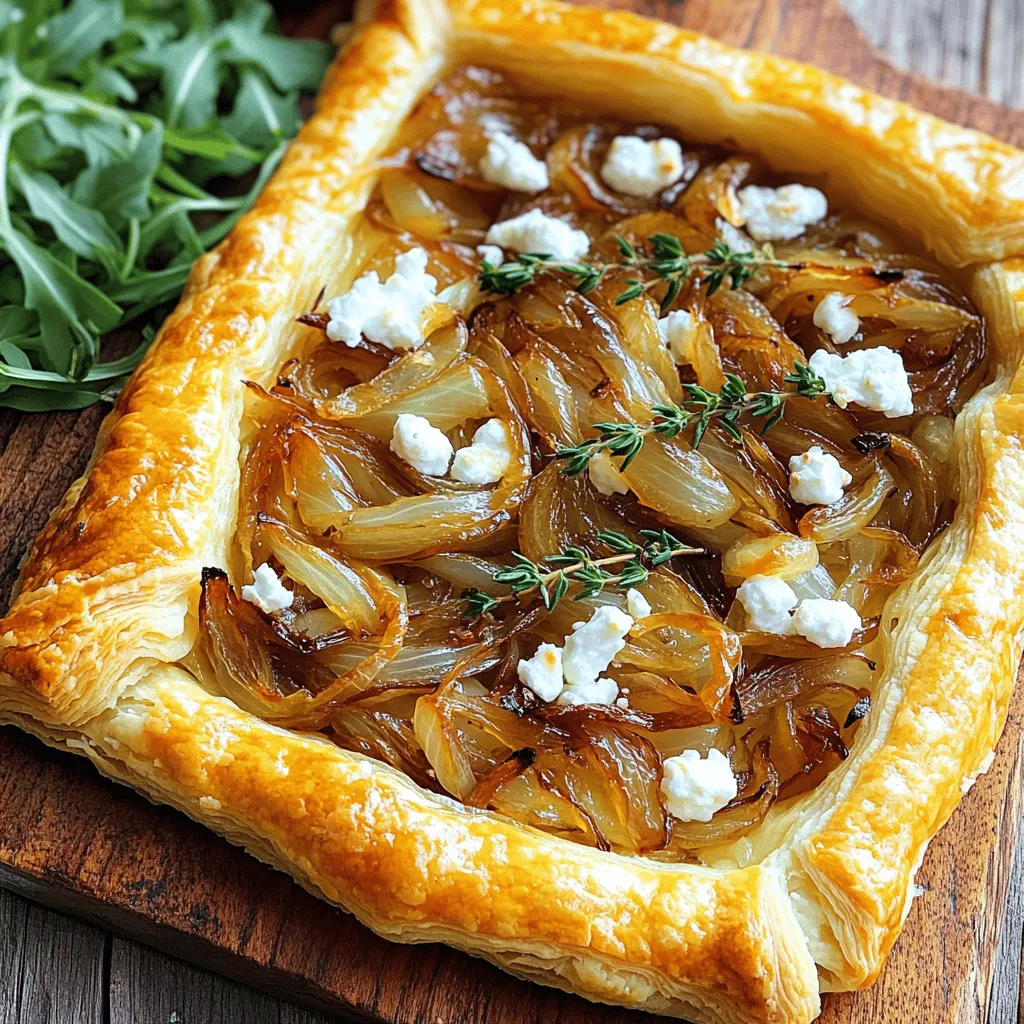 - 1 sheet of puff pastry, thawed Puff pastry serves as the flaky base. It puffs up beautifully when baked. This creates a nice texture that contrasts with the soft filling. - 4 large onions, thinly sliced Onions are the star here. Caramelizing them brings out their natural sweetness. They add depth and richness to the tart. - 2 tablespoons olive oil Olive oil helps cook the onions slowly. It adds flavor and prevents sticking while caramelizing. - 1 tablespoon balsamic vinegar Balsamic vinegar adds tanginess and complexity. It balances the sweetness of the onions perfectly. - 1 teaspoon granulated sugar Sugar accelerates the caramelization process. It enhances the natural sweetness of the onions. - 6 oz goat cheese, crumbled Goat cheese provides a creamy and tangy contrast. Its unique flavor complements the sweet onions well. - 1 teaspoon fresh thyme leaves Thyme brings an earthy flavor. It enhances the overall taste and aroma of the tart. - Sea salt and freshly cracked black pepper to taste These seasonings boost all the flavors. They are essential for a well-balanced dish. - 1 egg, beaten (for an egg wash) The egg wash gives the pastry a beautiful golden color. It adds an appealing shine to the finished tart. - Fresh arugula for garnish (optional) Arugula adds a peppery note and vibrant color. It makes the dish more visually appealing and fresh. Using these ingredients, you will create a delicious Caramelized Onion and Goat Cheese Tart that is sure to impress. For the full recipe, refer to the earlier section. Preheating the oven is key to a great tart. Set your oven to 400°F (200°C). This heat helps the pastry rise and turn golden. When you caramelize onions, patience is important. Start with a large skillet and add 2 tablespoons of olive oil. Heat it over medium heat. Add 4 sliced onions and cook them slowly. Stir occasionally for 15-20 minutes. The onions should soften and turn a rich, brown color. After they caramelize, add 1 tablespoon of balsamic vinegar and 1 teaspoon of sugar. Mix them in well and season with sea salt and black pepper. Cook for another 5 minutes, then remove from heat. Let the mixture cool slightly. Now, let’s work with the puff pastry. Take 1 sheet of thawed puff pastry and roll it out on a floured surface. Make it large enough for a 12-inch tart pan. Press the pastry gently into the pan and trim off any extra edges. Use a fork to poke holes in the bottom. This step stops it from bubbling up. Next, layer your filling. Spread the caramelized onion mix evenly over the pastry. Crumble 6 oz of goat cheese on top. Add 1 teaspoon of fresh thyme leaves for extra flavor. It’s time to bake! Brush the edges of the pastry with a beaten egg. This makes the crust shiny and golden. Place the tart in the oven and bake for 25-30 minutes. You want the pastry to puff up and look brown. Once done, take it out and let it cool for a few minutes. Cooling helps keep the texture just right. After a short wait, slice the tart into wedges. Enjoy this dish warm or at room temperature. For a pop of color, add fresh arugula on top if you’d like. Check the Full Recipe for more details. To get sweet, rich onions, heat your skillet over medium heat. Add the olive oil first, then the sliced onions. Stir them often. This helps them cook evenly. Sprinkle in a little sugar for extra sweetness. Cook for 15 to 20 minutes. Watch them closely to avoid burning. If they start to darken too quickly, lower the heat. You want a deep golden color, not black. Using an egg wash gives your tart a shiny finish. It helps the crust become golden and crisp. To apply it, beat one egg in a bowl. Use a pastry brush to coat the edges of the pastry. This method creates a professional look. Make sure to brush gently to avoid tearing the dough. When serving your tart, think about what goes well with it. Fresh arugula adds a nice peppery crunch. You can drizzle some olive oil and lemon juice on the arugula for more flavor. A light salad pairs well too. For drinks, try a crisp white wine or a fruity rosé. These wines balance the richness of the goat cheese. Enjoy exploring these flavor combinations with your tart. For the complete recipe, check out the Full Recipe. {{image_4}} You can switch up the cheese in your tart. Feta adds a nice tang. Cream cheese gives a rich, smooth texture. For a bold flavor, try blue cheese. If you want a vegan option, use almond or cashew cheese. These alternatives still provide creaminess without dairy. They also fit well with the tart's sweet onions. Make the tart shine with seasonal veggies. In spring, add asparagus or peas for a fresh taste. Summer tomatoes can bring brightness, while roasted butternut squash is great in the fall. You can also play with herbs and spices. A bit of rosemary or sage can add depth. Try mixing in some chili flakes for a kick. This tart works well as both an appetizer and a main dish. Slice it smaller for a party, serving it with a dip. A light yogurt sauce or balsamic glaze can enhance the flavor. For a heartier meal, pair it with a salad or soup. This way, you enjoy a complete dining experience. Explore the [Full Recipe] for more ideas on ways to enjoy your tart! To keep your tart fresh, store leftovers in the fridge. Place the tart in an airtight container or cover it tightly with plastic wrap. This helps prevent the crust from drying out. Consume the leftovers within three days for the best taste. When reheating, avoid the microwave if possible. Instead, use an oven or toaster oven. Preheat your oven to 350°F (175°C). Place the tart on a baking sheet and cover it loosely with foil. Heat for about 10-15 minutes. This method keeps the pastry crisp and warm without becoming soggy. For freezing, you can freeze both uncooked and cooked tarts. If freezing uncooked, wrap the tart in plastic wrap and then in foil. For cooked tarts, let them cool first, then wrap them tightly. To thaw, move the tart to the fridge overnight. Bake it straight from the fridge to maintain a nice texture. Caramelizing onions takes about 20 to 30 minutes. Start with medium heat and stir often. If you cook them too fast, they may burn. The goal is to get them soft and golden brown. Factors like onion type and pan size can affect timing. Yellow onions work best due to their natural sweetness. Yes, you can prepare the tart ahead of time. Make the caramelized onions and pastry in advance. Store them separately in the fridge. Assemble the tart right before baking. This keeps the pastry fresh. You can also bake the tart ahead. Just be sure to reheat it gently to keep it crisp. Yes, there are gluten-free options for pastry. You can use a gluten-free pie crust or a store-bought gluten-free puff pastry. Ensure it’s thawed and ready to roll out. For a homemade version, try almond flour or rice flour dough. Just remember, the texture may differ from classic puff pastry. If you need a goat cheese substitute, try feta or ricotta. Feta has a similar tangy flavor and crumbly texture. Ricotta is softer but offers a creamy base. You can also use cream cheese with herbs for a rich taste. Adjust the amount to match your flavor preference. You can use frozen onions, but there are pros and cons. Frozen onions save time and are convenient. They are already diced and ready to cook. However, they may not caramelize as well as fresh ones. Fresh onions offer a sweeter taste and better texture. If using frozen, sauté them until any excess moisture is gone. For more details, check the Full Recipe. This article covered how to make a delicious tart with puff pastry, onions, and goat cheese. We discussed preparing, assembling, baking, and storing this dish for great taste. You learned tips for caramelizing onions and how to achieve a golden pastry finish. Remember, you can play with different cheeses and seasonal veggies for fun twists. Enjoy your cooking and try new flavors! Your tart will impress everyone around the table. Keep exploring and perfecting your skills in the kitchen!