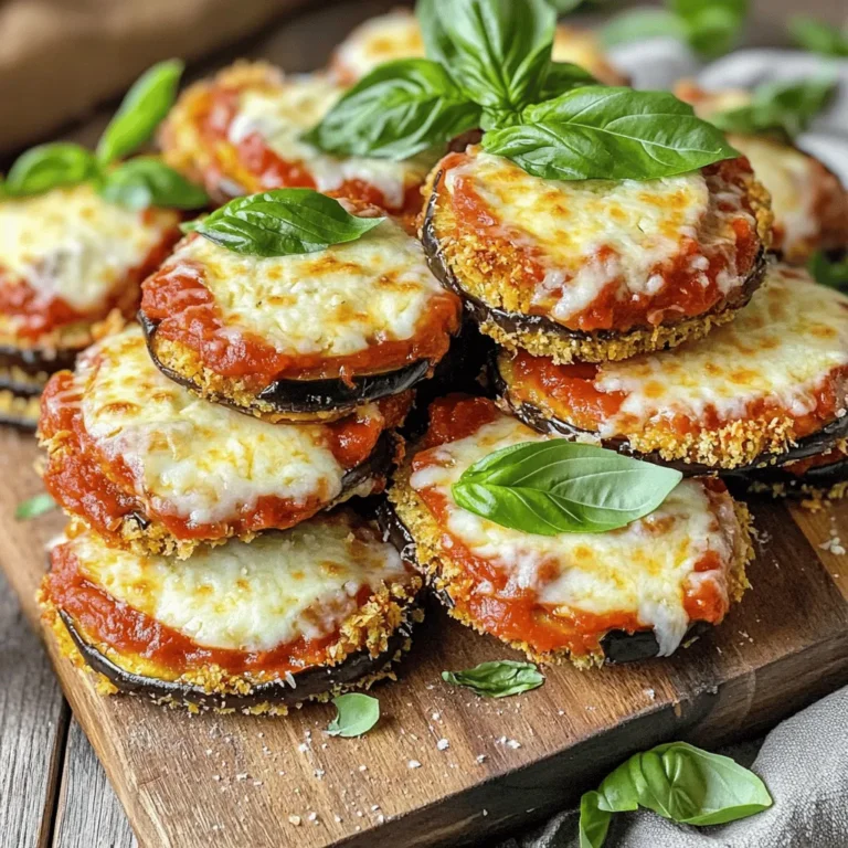 - 2 medium eggplants, sliced into ½ inch rounds - Salt, for sweating the eggplants - 1 cup all-purpose flour - 3 large eggs, beaten - 2 cups breadcrumbs (preferably Italian seasoned) - 1 cup marinara sauce - 2 cups shredded mozzarella cheese - 1 cup grated Parmesan cheese - 1 tablespoon dried oregano - 1 tablespoon fresh basil, chopped (or 1 teaspoon dried basil) - Olive oil spray or 2-3 tablespoons of olive oil for frying Gathering the right ingredients is key to making Eggplant Parmesan Bites. Start with fresh eggplants; they should feel firm and heavy. I like to use medium-sized eggplants because their flavor is just right. The salt helps draw out moisture, which makes the eggplant bites less soggy. Next, you need flour, eggs, and breadcrumbs for the coating. I prefer Italian seasoned breadcrumbs for added flavor. Don’t forget the marinara sauce! It’s the perfect companion for these bites. Mozzarella and Parmesan cheese give a rich taste that you will love. Fresh herbs like basil bring a nice touch to this dish. You can use dried basil if fresh isn't available. Lastly, you can use olive oil spray or regular olive oil for frying. This will help achieve that golden brown, crispy texture. Having all these ingredients ready makes the cooking process smooth and enjoyable. If you're excited to get started, check out the Full Recipe for step-by-step instructions! To start, I need to prepare the eggplants. First, I slice them into ½ inch rounds. Next, I sprinkle salt generously on both sides of each slice. This step helps to draw out excess moisture and bitterness. I let them sit in a colander for about 30 minutes. After this, I rinse the slices under cold water. Then, I pat them dry with paper towels to remove any remaining moisture. Now, I set up my breading station. I arrange three shallow bowls in a row. In the first bowl, I add 1 cup of all-purpose flour. The second bowl holds 3 large beaten eggs. For the third bowl, I mix 2 cups of breadcrumbs with 1 tablespoon of dried oregano and a pinch of salt. This adds great flavor to the breadcrumbs. It's time to bread the eggplant slices. I take each slice and dip it into the flour first, shaking off any extra. Then, I immerse the slice in the beaten eggs, letting the excess egg drip off. Finally, I coat it in the breadcrumb mixture, pressing slightly to make sure it sticks well. Next, I heat a skillet over medium heat. I add olive oil or spray it with olive oil. Once it's hot, I carefully add the breaded eggplant slices in batches. I fry them until they turn golden brown and crispy, about 4-5 minutes per side. After frying, I place them on paper towels to absorb any leftover oil. Now, I preheat my oven to 375°F (190°C). In a large baking dish, I spread a thin layer of marinara sauce on the bottom. I arrange the fried eggplant slices over the sauce. Each slice gets a spoonful of marinara, a handful of shredded mozzarella, and a sprinkle of grated Parmesan cheese. I continue layering the eggplant, marinara, mozzarella, and Parmesan until I use all the slices. The top layer has to have a generous amount of mozzarella and Parmesan. For a fresh touch, I sprinkle chopped basil on top. I then transfer the dish into the oven and bake for about 20-25 minutes. I check for doneness by looking for melted, bubbly, and golden brown cheese. To see the full process, check out the Full Recipe. To make your eggplant bites extra crispy, here are a few key tips: - Use salt to sweat the eggplants. This will draw out moisture and bitterness. - Let the eggplant sit for 30 minutes after salting. Rinse and dry them well. - Make sure you coat each slice evenly. Press the breadcrumbs on firmly. - Fry in batches to avoid crowding. This keeps the oil hot and creates a better crunch. If you want to skip frying, try these alternatives: - Bake the bites at 375°F. Spray them lightly with olive oil for a crisp finish. - Use an air fryer. This method gives you a nice crunch with less oil. Adding herbs and spices can enhance the flavor of your eggplant bites. Here are some suggestions: - Mix in garlic powder or crushed red pepper for a kick. - Fresh herbs like thyme or parsley add fresh notes to the dish. - Experiment with spices like smoked paprika for a unique taste. When it comes to cheese, consider these variations: - Try using provolone or gouda for a different flavor profile. - Blend mozzarella with ricotta for a creamier texture. Eggplant Parmesan Bites can shine as appetizers or a main dish. Here are some pairing options: - Serve them with a fresh salad or garlic bread for a complete meal. - Pair with a light pasta dish to balance flavors. For creative plating ideas: - Stack the bites in a small tower and drizzle marinara sauce on top. - Serve them on a wooden board with fresh basil for a rustic look. For the full recipe, check out the link provided. {{image_4}} You can swap eggplant for zucchini or squash. Both vegetables work well in this recipe. Slice them the same way. They absorb flavors just like eggplant does. For a gluten-free option, use almond flour or gluten-free bread crumbs. This makes the dish friendly for all diets. To spice up your marinara sauce, add crushed red pepper or garlic. This adds a kick to the bites. You can also experiment with different cheeses. Try using provolone or gouda for a unique taste. Mixing cheeses enhances flavor and makes each bite special. If you want a healthier option, an air fryer is perfect. It cooks the bites with less oil while keeping them crispy. Set your air fryer to 375°F (190°C) and cook for 10-12 minutes. Just check to ensure they are golden brown. Baking is another great method. It’s simple and reduces the mess. After breading, place the bites on a baking sheet. Drizzle with olive oil, then bake at 375°F (190°C) for about 20 minutes. This gives you a crispy texture without frying. Feel free to get creative with these variations. You can find the Full Recipe for a complete guide to making these delicious Eggplant Parmesan Bites! To keep your Eggplant Parmesan Bites fresh, store leftovers in an airtight container. This will prevent the bites from drying out or absorbing other odors. If you have a large batch, divide them into smaller containers. This makes it easy to grab just what you need. Use glass or BPA-free plastic containers for long-term storage. They are great at sealing in flavor while being easy to clean. Always allow the bites to cool to room temperature before sealing them up. When reheating, aim to keep that crispy texture. The best method is to use an oven. Preheat your oven to 350°F (175°C). Place the bites on a baking sheet and heat for about 10-15 minutes. This helps the cheese stay gooey and the bites crispy. For a quick fix, you can use a microwave. But remember, the bites might lose some crunch. To keep cheese gooey, cover the dish with a damp paper towel while microwaving. This adds moisture and helps heat evenly. Yes, you can freeze Eggplant Parmesan Bites. It's a great way to save some for later. First, let the bites cool completely. Then, place them in a single layer on a baking sheet and freeze for about an hour. This helps them hold their shape. Once frozen, transfer them to a freezer-safe bag or container. Make sure to remove as much air as possible. To thaw, place the bites in the fridge overnight before reheating. This method keeps them tasty and enjoyable. Yes, you can prepare Eggplant Parmesan Bites ahead of time. Here’s how: - Sweat the eggplants: After slicing, sprinkle salt on both sides and let them sit for 30 minutes. Rinse and dry them afterward. - Bread the eggplants: Follow the breading process as described in the recipe. - Store: Place the breaded bites in an airtight container. Keep them in the fridge for up to 24 hours. - Fry before serving: When you are ready, fry the bites until golden brown. This keeps them fresh and crispy. You will know the eggplant is properly sweated when: - Texture: The slices should feel slightly soft. - Moisture: You will see beads of water or moisture on the surface. - Taste: Sweating reduces bitterness, making the eggplant taste sweeter. These signs show that the eggplant is ready for cooking. Eggplant Parmesan Bites pair well with various sides and drinks. Here are some ideas: - Side dishes: A fresh garden salad or garlic bread works great. You could also serve them with roasted vegetables. - Drinks: A light red wine, like Pinot Noir, complements the flavors well. For a non-alcoholic option, try sparkling water with lemon. Absolutely! Eggplant Parmesan Bites are great for meal prep. Here’s why: - Make in batches: You can easily double or triple the recipe. - Store: Keep the bites in the fridge for up to three days after cooking. - Reheat: Use an oven to reheat, ensuring they stay crispy. For the full recipe, check the detailed steps above and start cooking! This blog post detailed how to make delicious Eggplant Parmesan Bites. We covered ingredients, step-by-step instructions, and helpful tips for crispy results. Remember to experiment with flavors and presentation to make this dish your own. Whether you serve them as a snack or a main course, these bites deliver great taste. Follow the storage tips to enjoy them later, too. With practice, you'll impress friends and family with your cooking skills. Now, it’s your turn to try this recipe and savor the deliciousness!