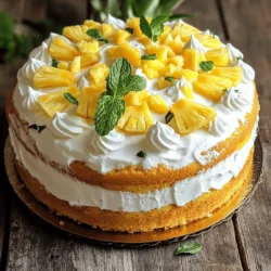 To make your Pineapple Cream Cake, gather these ingredients: - 1 cup all-purpose flour - 1/2 cup granulated sugar - 1/4 cup unsalted butter, softened at room temperature - 1/2 cup milk, at room temperature - 1 teaspoon baking powder - 1/4 teaspoon salt - 1/2 teaspoon vanilla extract - 1 cup crushed pineapple, well-drained - 1 cup heavy cream, chilled - 2 tablespoons powdered sugar - Fresh pineapple slices and mint leaves for garnish Choosing the best pineapple is key. Look for these signs: - A sweet smell at the base. - Firm skin without soft spots. - Leaves that are green and fresh. - A golden color, especially at the bottom. These signs show that the fruit is ripe and ready to eat. Fresh pineapple will add a juicy burst of flavor to your cake. If you're missing an ingredient, here are some great substitutes: - All-purpose flour: Use cake flour for a lighter texture. - Granulated sugar: Coconut sugar offers a unique taste. - Unsalted butter: Use coconut oil for a dairy-free option. - Milk: Almond or oat milk can replace regular milk. - Heavy cream: Full-fat coconut cream works well for a vegan option. These substitutes help you adjust the recipe to your taste or needs. You can still create a delightful cake while keeping it personal and fun! For the complete recipe, check out the Full Recipe provided. First, you need to prepare your cake pan. Grab an 8-inch round cake pan. Lightly grease it with butter or cooking spray. This step helps prevent your cake from sticking later. Make sure to cover the bottom and sides well. Preheat your oven to 350°F (175°C) while you work on the batter. Start by creaming the softened butter and granulated sugar. Use an electric mixer for about 2-3 minutes. You want it to look light and fluffy. Next, add the milk and vanilla extract. Mix until everything blends smoothly. Now, in a separate bowl, whisk together the flour, baking powder, and salt. This helps avoid lumps. Mix the dry ingredients into the wet mixture slowly. Stir just until combined. Avoid overmixing, as it can make your cake dense. Lastly, fold in the drained crushed pineapple gently. This adds a tropical flavor to each bite. Pour the batter into your prepared cake pan. Spread it out evenly on top. Place it in the oven and bake for 25-30 minutes. To test for doneness, insert a toothpick into the center. If it comes out clean, your cake is ready. The top should be golden brown. Let the cake cool in the pan for about 10 minutes. Then remove it and place it on a wire rack to cool completely. This keeps the cake fluffy and moist. For a stunning finish, whip the cream and layer it generously on top after cooling. You can find the full recipe to guide you through this process. To make your cake moist and fluffy, use room temperature ingredients. Cold ingredients can lead to a dense texture. Be sure to cream the butter and sugar well. This step adds air to your batter, making it light. Fold in the crushed pineapple gently. This helps keep the cake airy without deflating it. One big mistake is overmixing the batter. When you mix too much, the cake can become tough. Always mix until just combined. Another mistake is not measuring ingredients correctly. Use measuring cups and spoons for accuracy. Finally, do not skip cooling the cake properly. If you cut into it too soon, it can crumble and lose moisture. Start with chilled heavy cream for the best results. Use a clean bowl and beaters to prevent any grease. Beat on medium speed until soft peaks form. This takes about 2-3 minutes. Avoid overwhipping, as this can turn your cream grainy. For extra sweetness, add powdered sugar while whipping. This creates a smooth and sweet topping for your cake. For the full recipe, check out the details provided earlier. {{image_4}} You can make your pineapple cream cake even more tropical by adding coconut. Simply mix in 1/2 cup of sweetened shredded coconut to the batter. This will give your cake a delightful chewiness and a richer flavor. When you slice your cake, you'll see the beautiful flecks of coconut alongside the crushed pineapple. It’s a fun twist that brings a taste of the tropics right to your kitchen. While whipped cream is delicious, you can try other frostings. A cream cheese frosting pairs nicely with pineapple. Just blend 8 oz of cream cheese with 1/4 cup of butter, 1 cup of powdered sugar, and 1 teaspoon of vanilla. This frosting adds a tangy flavor that balances the sweetness of the cake. You might also consider a simple glaze made from powdered sugar and pineapple juice for a lighter option. You can easily adapt this recipe for different diets. For a gluten-free cake, use a gluten-free flour blend in place of all-purpose flour. Make sure to check that your baking powder is gluten-free too. For a vegan version, swap the butter for coconut oil or vegan butter, and use almond or soy milk instead of dairy. Replace heavy cream with coconut cream for a rich topping. These options ensure everyone can enjoy this delicious cake! To keep your leftover pineapple cream cake fresh, wrap it tightly in plastic wrap. This helps keep moisture in and prevents it from drying out. Place the wrapped cake in an airtight container. Store it in the fridge for up to five days. If you want to enjoy it later, freezing is a great option. To freeze your cake, first ensure it is completely cool. Slice the cake into pieces if you prefer single servings. Wrap each piece in plastic wrap, then place them in a freezer-safe bag. Make sure to label the bag with the date. You can freeze the cake for up to three months. Thaw the pieces in the fridge before serving for the best taste. For whipped cream, keep any leftover cream in a clean, airtight container. Store it in the fridge and use it within two days. If you need to keep it longer, consider whipping it fresh again. You can also stabilize whipped cream by adding a bit of powdered sugar or cornstarch when whipping. This helps it hold up better for a longer time. Follow the full recipe to make this dessert even more delightful! You can tell the cake is done when a toothpick comes out clean. It should also look golden and spring back when you lightly touch it. Baking times can vary, so start checking around 25 minutes. Trust your senses; the smell will be delightful! Yes, you can make this cake a day before serving. Just store it in an airtight container at room temperature. If you want to keep it fresh longer, refrigerate it. Just wait to add the whipped cream topping until right before serving. You can get creative with toppings! Here are some tasty ideas: - Toasted coconut flakes - Chopped nuts, like pecans or walnuts - Fresh berries for a pop of color - A drizzle of chocolate or caramel sauce These options can add texture and flavor to your cake. At higher altitudes, you may need to adjust your baking. Decrease the sugar by 1-2 tablespoons. Also, add an extra tablespoon of flour. This helps the cake rise better in thin air. Keep an eye on the baking time, as it may need more or less time. In this article, we explored the key ingredients for Pineapple Cream Cake, along with tips for baking success. I shared how to select fresh pineapple and suggested substitutes. We also covered moisture tips, common mistakes, and variations like coconut and dietary modifications. Lastly, I explained storage methods for your cake. Remember, happy baking leads to delicious results. Enjoy your cake, and share it with friends!